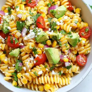 - 8 oz. rotini pasta - 2 cups fresh corn kernels (or canned, well-drained) - 1 red bell pepper, diced - 1 small red onion, finely diced - 1 cup cherry tomatoes, halved - 1 ripe avocado, diced - 1/2 cup crumbled cotija cheese (or feta) - 1/4 cup fresh cilantro, chopped - 1/4 cup mayonnaise - 2 tablespoons fresh lime juice - 1 teaspoon chili powder - Salt and pepper to taste Use a standard measuring cup and spoons for accuracy. For pasta, weigh it if you want a perfect amount. Use a sharp knife for dicing vegetables. The corn should be fresh or canned but well-drained for best flavor. The cotija cheese adds a salty kick, while lime juice gives it a zesty touch. If you need a twist, swap rotini pasta for penne or bowtie. You can use frozen corn instead of fresh; just thaw it first. Instead of red bell pepper, try yellow or green for a different taste. If you don&rsquo;t have cotija cheese, feta works well too. For a lighter version, replace mayonnaise with Greek yogurt. {{ingredient_image_2}} Start by boiling a large pot of salted water. Add the rotini pasta and cook it for 8 to 10 minutes. You want it to be al dente, which means it should still have a bite. After cooking, drain the pasta in a colander. Rinse it under cold water to stop the cooking. Set the pasta aside to cool. While the pasta cooks, chop your veggies. Dice the red bell pepper into small pieces. Finely chop the red onion. Carefully halve the cherry tomatoes. Finally, dice the ripe avocado. These fresh ingredients add color and crunch. If you use fresh corn, bring a small pot of water to a boil. Add the corn kernels and cook for 2 to 3 minutes. You want them tender but still crisp. After cooking, drain the corn and let it cool. If using canned corn, you can skip this step. In a small bowl, whisk together the mayonnaise, lime juice, and chili powder. Add a good pinch of salt and pepper. Mix until you have a smooth dressing. This dressing ties all the flavors together. In a large mixing bowl, combine the cooled rotini, corn, diced red bell pepper, chopped onion, halved cherry tomatoes, diced avocado, and cilantro. Crumble the cotija cheese on top. This mix brings together all the vibrant flavors. Drizzle the dressing over the salad. Gently toss everything together until coated. Taste it and adjust the salt and pepper if needed. Cover the bowl with plastic wrap and refrigerate for at least 30 minutes. This chilling time helps the flavors blend. To get the best texture, cook the rotini pasta just right. Follow the package time. Aim for al dente, which means it should be firm but not hard. Drain the pasta and rinse it with cold water. This stops the cooking and cools it down quickly. To boost the flavor, use fresh ingredients whenever you can. Fresh corn adds sweetness and crunch. Diced red bell pepper also brings a nice crunch and a pop of color. For a zesty kick, mix in lime juice. It brightens up the entire dish. Don&rsquo;t forget the chili powder! Just a teaspoon gives a warm flavor. Adjust salt and pepper to your taste. Serve your pasta salad in a big, colorful bowl. This makes it look more inviting. Sprinkle extra cotija cheese on top for a creamy finish. Garnish with fresh cilantro leaves for a bright touch. Add lime wedges around the bowl for a fun, zesty option. This makes your dish eye-catching and ready for any party! Pro Tips Fresh Ingredients Matter: Using fresh corn will elevate the flavor of your pasta salad significantly. If fresh corn is not available, opt for frozen over canned for a better texture. Customize the Heat: Adjust the amount of chili powder to suit your spice preference. For an extra kick, consider adding diced jalape&ntilde;os or a dash of hot sauce. Perfect Avocado: To keep the avocado from browning, add it right before serving. You can also toss the avocado chunks with a little lime juice to help maintain their vibrant color. Make Ahead: This pasta salad can be made a day in advance. The flavors meld beautifully as it sits, making it a great dish for meal prep or gatherings. {{image_4}} You can make this salad even more colorful and healthy. Add black beans for protein and fiber. Chopped cucumbers bring a nice crunch. Roasted red peppers add a sweet flavor. Try using different types of cheese, like goat cheese or mozzarella, for a twist. Fresh herbs like parsley or dill can also enhance the taste. If you want to add protein, grilled chicken or shrimp works well. You can also use canned chickpeas for a quick option. For a smoky flavor, try adding bacon bits. Tofu can be a great choice for a plant-based protein. Just make sure to cook it well to enhance its taste. To add some heat, mix in diced jalape&ntilde;os or a few dashes of hot sauce. You can also increase the chili powder in the dressing. Try using smoked paprika for a deeper flavor. A sprinkle of cayenne pepper will certainly wake up your taste buds. Don&rsquo;t forget that lime juice adds a nice tang. After you enjoy your Street Corn Pasta Salad, store any leftovers in the fridge. First, let the salad cool to room temperature. Then, place it in a container with a tight lid. This helps keep it fresh and tasty for later meals. Choose a glass or plastic container with a sealable lid for the best storage. Glass containers work well since they do not hold odors. If you use plastic, make sure it is BPA-free and safe for food storage. Remember, a container with a snug fit keeps the salad fresh longer. The salad can last about 3 to 5 days in the fridge. Always check for signs of spoilage before eating. If it smells off or looks strange, it's best to throw it away. Enjoy your salad while it's fresh for the best taste and texture! Yes, you can use frozen corn. Just thaw it first before adding it to the salad. Frozen corn is sweet and tender, making it a great choice. Plus, it saves time! You can keep leftovers in the fridge for up to three days. Just store the salad in an airtight container. The flavors will blend even more, making it tasty again. Absolutely! Making it ahead of time is a smart idea. Prepare the salad a day in advance and chill it in the fridge. This lets the flavors mix for a better taste. If you can't find cotija cheese, use feta cheese instead. Feta has a similar salty flavor and creamy texture. It works well in this salad and keeps it delicious. No, this recipe is not gluten-free due to the rotini pasta. You can easily make it gluten-free by using gluten-free pasta. This way, everyone can enjoy this tasty dish! This blog post covers all the key steps to make a great pasta salad. We went over the ingredients, how to cook and prepare them, and tips for perfecting the dish. You can add your favorite proteins or spices to make it unique. Remember to store leftovers properly for the best taste later. Making this salad ahead of time can save you effort. I hope these ideas help you create a delicious pasta salad your friends and family will love! Enjoy your cooking!