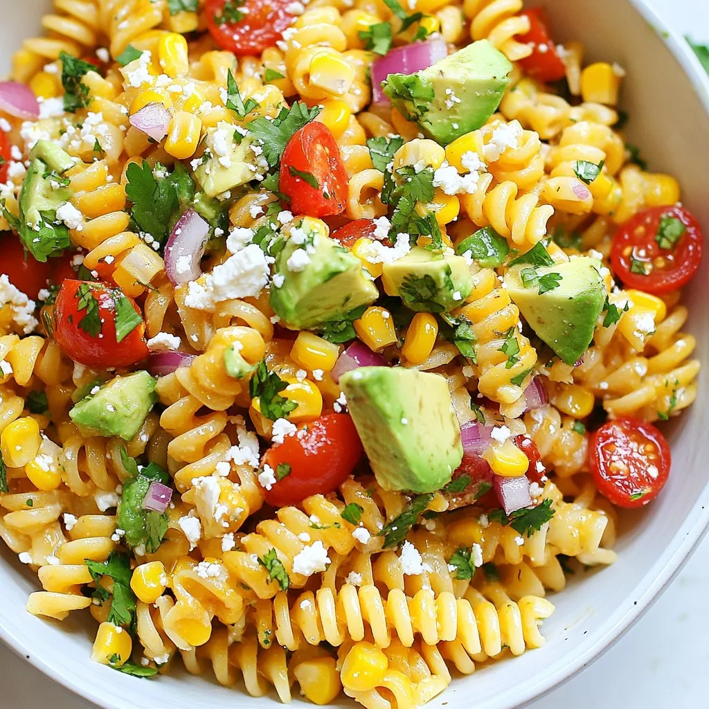 - 8 oz. rotini pasta - 2 cups fresh corn kernels (or canned, well-drained) - 1 red bell pepper, diced - 1 small red onion, finely diced - 1 cup cherry tomatoes, halved - 1 ripe avocado, diced - 1/2 cup crumbled cotija cheese (or feta) - 1/4 cup fresh cilantro, chopped - 1/4 cup mayonnaise - 2 tablespoons fresh lime juice - 1 teaspoon chili powder - Salt and pepper to taste Use a standard measuring cup and spoons for accuracy. For pasta, weigh it if you want a perfect amount. Use a sharp knife for dicing vegetables. The corn should be fresh or canned but well-drained for best flavor. The cotija cheese adds a salty kick, while lime juice gives it a zesty touch. If you need a twist, swap rotini pasta for penne or bowtie. You can use frozen corn instead of fresh; just thaw it first. Instead of red bell pepper, try yellow or green for a different taste. If you don’t have cotija cheese, feta works well too. For a lighter version, replace mayonnaise with Greek yogurt. {{ingredient_image_2}} Start by boiling a large pot of salted water. Add the rotini pasta and cook it for 8 to 10 minutes. You want it to be al dente, which means it should still have a bite. After cooking, drain the pasta in a colander. Rinse it under cold water to stop the cooking. Set the pasta aside to cool. While the pasta cooks, chop your veggies. Dice the red bell pepper into small pieces. Finely chop the red onion. Carefully halve the cherry tomatoes. Finally, dice the ripe avocado. These fresh ingredients add color and crunch. If you use fresh corn, bring a small pot of water to a boil. Add the corn kernels and cook for 2 to 3 minutes. You want them tender but still crisp. After cooking, drain the corn and let it cool. If using canned corn, you can skip this step. In a small bowl, whisk together the mayonnaise, lime juice, and chili powder. Add a good pinch of salt and pepper. Mix until you have a smooth dressing. This dressing ties all the flavors together. In a large mixing bowl, combine the cooled rotini, corn, diced red bell pepper, chopped onion, halved cherry tomatoes, diced avocado, and cilantro. Crumble the cotija cheese on top. This mix brings together all the vibrant flavors. Drizzle the dressing over the salad. Gently toss everything together until coated. Taste it and adjust the salt and pepper if needed. Cover the bowl with plastic wrap and refrigerate for at least 30 minutes. This chilling time helps the flavors blend. To get the best texture, cook the rotini pasta just right. Follow the package time. Aim for al dente, which means it should be firm but not hard. Drain the pasta and rinse it with cold water. This stops the cooking and cools it down quickly. To boost the flavor, use fresh ingredients whenever you can. Fresh corn adds sweetness and crunch. Diced red bell pepper also brings a nice crunch and a pop of color. For a zesty kick, mix in lime juice. It brightens up the entire dish. Don’t forget the chili powder! Just a teaspoon gives a warm flavor. Adjust salt and pepper to your taste. Serve your pasta salad in a big, colorful bowl. This makes it look more inviting. Sprinkle extra cotija cheese on top for a creamy finish. Garnish with fresh cilantro leaves for a bright touch. Add lime wedges around the bowl for a fun, zesty option. This makes your dish eye-catching and ready for any party! Pro Tips Fresh Ingredients Matter: Using fresh corn will elevate the flavor of your pasta salad significantly. If fresh corn is not available, opt for frozen over canned for a better texture. Customize the Heat: Adjust the amount of chili powder to suit your spice preference. For an extra kick, consider adding diced jalapeños or a dash of hot sauce. Perfect Avocado: To keep the avocado from browning, add it right before serving. You can also toss the avocado chunks with a little lime juice to help maintain their vibrant color. Make Ahead: This pasta salad can be made a day in advance. The flavors meld beautifully as it sits, making it a great dish for meal prep or gatherings. {{image_4}} You can make this salad even more colorful and healthy. Add black beans for protein and fiber. Chopped cucumbers bring a nice crunch. Roasted red peppers add a sweet flavor. Try using different types of cheese, like goat cheese or mozzarella, for a twist. Fresh herbs like parsley or dill can also enhance the taste. If you want to add protein, grilled chicken or shrimp works well. You can also use canned chickpeas for a quick option. For a smoky flavor, try adding bacon bits. Tofu can be a great choice for a plant-based protein. Just make sure to cook it well to enhance its taste. To add some heat, mix in diced jalapeños or a few dashes of hot sauce. You can also increase the chili powder in the dressing. Try using smoked paprika for a deeper flavor. A sprinkle of cayenne pepper will certainly wake up your taste buds. Don’t forget that lime juice adds a nice tang. After you enjoy your Street Corn Pasta Salad, store any leftovers in the fridge. First, let the salad cool to room temperature. Then, place it in a container with a tight lid. This helps keep it fresh and tasty for later meals. Choose a glass or plastic container with a sealable lid for the best storage. Glass containers work well since they do not hold odors. If you use plastic, make sure it is BPA-free and safe for food storage. Remember, a container with a snug fit keeps the salad fresh longer. The salad can last about 3 to 5 days in the fridge. Always check for signs of spoilage before eating. If it smells off or looks strange, it's best to throw it away. Enjoy your salad while it's fresh for the best taste and texture! Yes, you can use frozen corn. Just thaw it first before adding it to the salad. Frozen corn is sweet and tender, making it a great choice. Plus, it saves time! You can keep leftovers in the fridge for up to three days. Just store the salad in an airtight container. The flavors will blend even more, making it tasty again. Absolutely! Making it ahead of time is a smart idea. Prepare the salad a day in advance and chill it in the fridge. This lets the flavors mix for a better taste. If you can't find cotija cheese, use feta cheese instead. Feta has a similar salty flavor and creamy texture. It works well in this salad and keeps it delicious. No, this recipe is not gluten-free due to the rotini pasta. You can easily make it gluten-free by using gluten-free pasta. This way, everyone can enjoy this tasty dish! This blog post covers all the key steps to make a great pasta salad. We went over the ingredients, how to cook and prepare them, and tips for perfecting the dish. You can add your favorite proteins or spices to make it unique. Remember to store leftovers properly for the best taste later. Making this salad ahead of time can save you effort. I hope these ideas help you create a delicious pasta salad your friends and family will love! Enjoy your cooking!