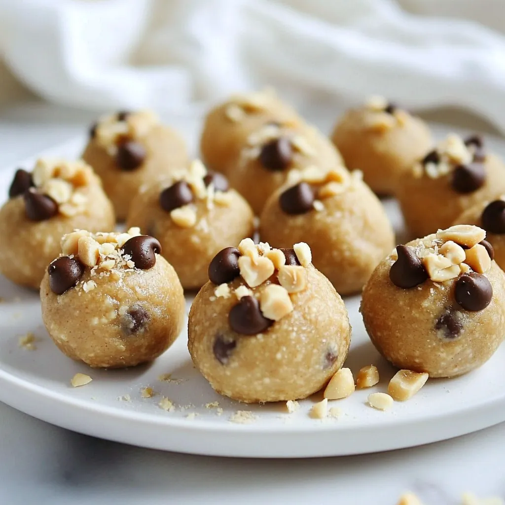 To make these no-bake cookie dough bites, you need just a few simple ingredients. Here’s what you will need: - 1 cup almond flour - 1/2 cup peanut butter (or your preferred nut butter) - 1/4 cup maple syrup (or honey) - 1 teaspoon vanilla extract - 1/4 teaspoon fine sea salt - 1/2 cup mini chocolate chips - 1/4 cup chopped walnuts (optional) These ingredients come together to create a tasty treat. Almond flour gives a nice texture, while peanut butter adds rich flavor. Maple syrup or honey sweetens everything perfectly. Vanilla extract brings warmth, and salt balances the taste. Mini chocolate chips and walnuts add fun bites of flavor and crunch. Feel free to customize these ingredients. For example, you can swap peanut butter for almond or sunflower seed butter. This makes the bites nut-free if needed. You can also mix in different flavors or extra ingredients to suit your taste. These bites are not only simple to make, but they are also flexible! {{ingredient_image_2}} First, grab a large mixing bowl. Add 1 cup of almond flour and 1/4 teaspoon of fine sea salt. Mix them well. Stir hard to break up any clumps in the almond flour. This step keeps your bites smooth and tasty. Next, take a medium bowl. In it, combine 1/2 cup of peanut butter, 1/4 cup of maple syrup, and 1 teaspoon of vanilla extract. Whisk these items together until they blend smoothly. This mixture brings sweetness and flavor to your bites. Now, pour the wet mixture into the dry bowl. Use a spatula or a strong spoon to mix them well. It may take some effort, but don’t worry; keep stirring until the dough looks even. Once mixed, gently fold in 1/2 cup of mini chocolate chips. If you like, add 1/4 cup of chopped walnuts, too. Make sure these extras spread evenly through the dough for the best taste. To get the right dough, start with the almond flour. Make sure it is clump-free. Mix the dry ingredients well before adding wet ones. When you mix the wet ingredients, aim for smoothness. Pour the wet mix slowly into the dry mix. Use a spatula to combine them fully. If the dough feels too dry, add a bit more maple syrup. If it’s too sticky, add a touch more almond flour. The dough should hold together well but not stick to your hands. For a fun look, sprinkle more mini chocolate chips on top before chilling. You can also use colorful cupcake liners for serving. Arrange the bites on a platter for sharing. This makes them look more inviting. If you want a special touch, add a drizzle of melted chocolate on top after chilling. A few chopped walnuts can add texture and visual appeal too. These bites are great for any occasion. Enjoy them as a snack or dessert. They pair well with a glass of milk or a cup of tea. For a party, serve them with fresh fruit. You can also offer a variety of flavors to try. Mix different nut butters for a fun twist. They are perfect for potlucks or movie nights, too. Just remember to keep them chilled until serving for the best taste! Pro Tips Tip for Sweetness: If you prefer a sweeter bite, you can increase the amount of maple syrup or honey by a tablespoon or two, but be cautious not to make the mixture too sticky. Tip for Nut Butter: Experiment with different nut butters like almond or cashew for unique flavors. Just ensure they have a similar consistency for the best results. Tip for Add-Ins: Feel free to customize your bites with other add-ins like dried fruit, seeds, or different types of chocolate chips to suit your taste preferences. Tip for Firmness: For a firmer texture, allow the bites to chill for a longer time in the refrigerator, or even consider freezing them for a few minutes before serving. {{image_4}} You can switch peanut butter for sunflower seed butter. This makes the bites nut-free. Sunflower seed butter has a nutty taste. It adds a unique twist to the bites. This option is great for kids with nut allergies. You can try different extracts for flavor. Almond extract gives a nice, warm taste. Coconut extract adds a tropical vibe. These flavors mix well with the dough. Feel free to get creative and make your own flavor combos. To make these bites vegan, use maple syrup instead of honey. For nut-free bites, stick with sunflower seed butter. You can also skip the chocolate chips or use dairy-free chocolate. These changes keep the bites tasty and friendly for various diets. To keep your no bake cookie dough bites fresh, store them in an airtight container. This helps prevent drying out and keeps flavors intact. You can use a glass or plastic container. Make sure it seals well to avoid air exposure. These cookie dough bites stay fresh in the fridge for up to one week. The cool temperature helps maintain their texture and taste. If you notice any changes in smell or look, it's best to discard them. If you want to keep your treats longer, freezing is a great option. To freeze, place the cookie dough bites on a baking sheet in a single layer. Freeze for about two hours or until firm. Once frozen, transfer them to a freezer-safe bag or container. This prevents them from sticking together. - Instructions for freezing and thawing: 1. Freezing: Lay bites on a baking sheet. Freeze until solid. 2. Thawing: When ready to eat, take out the desired number of bites. Place them in the fridge for a few hours to thaw. You can also leave them at room temperature for about 30 minutes. Enjoy your treats fresh! No, you cannot use regular flour in this recipe. Regular flour is not safe to eat raw. Almond flour is safe and gives a nice flavor. It also adds healthy fats. For a gluten-free option, almond flour is perfect. These cookie dough bites last up to one week in the fridge. You should store them in an airtight container. This keeps them fresh and tasty. Enjoy them as a quick snack or dessert! If you have allergies or dietary restrictions, there are great options. - Sunflower seed butter is a good nut-free choice. - Almond butter works well, too. - For a vegan option, use any nut or seed butter. These swaps keep the taste yummy and the texture smooth! You learned how to make tasty no-bake cookie dough bites. We covered simple ingredients, like almond flour and nut butter. I shared steps for mixing and folding in chocolate chips. Tips helped you achieve the best dough and serve it well. Plus, you can try fun variations or store them easily. These bites are a fun treat for anyone and fit many diets. With a few swaps, you can make them your own. Now go grab your ingredients and enjoy making these delicious snacks!