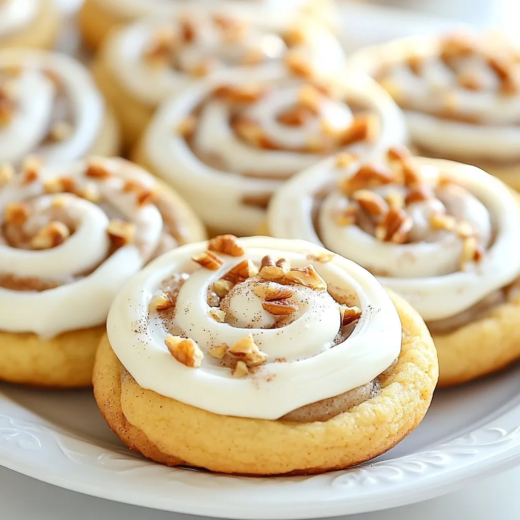 To make these cinnamon roll cookies, you’ll need the following: - 2 ½ cups all-purpose flour - 1 teaspoon baking soda - ½ teaspoon salt - 1 teaspoon ground cinnamon - ¾ cup unsalted butter, softened to room temperature - 1 cup packed brown sugar - ¼ cup granulated sugar - 1 large egg - 1 teaspoon vanilla extract - 1 cup powdered sugar (for frosting) - 2 tablespoons milk (for frosting) - ½ teaspoon vanilla extract (for frosting) - ½ cup chopped pecans or walnuts (optional) Using the right amounts is key to great cookies. Here are some tips on measurements and substitutes: - All-purpose flour: If you need to avoid gluten, use a gluten-free blend. - Brown sugar: Light or dark brown sugar works well. Both add richness. - Butter: You can swap unsalted butter for salted but reduce the added salt. - Milk: Any milk type works, including almond or oat milk for dairy-free options. - Egg: For a vegan version, try a flaxseed egg or applesauce. Want to make your cookies even better? Consider these optional add-ins: - Chopped nuts: Pecans or walnuts add crunch and flavor. - Chocolate chips: For a sweet twist, mix in semi-sweet or dark chocolate chips. - Dried fruit: Raisins or cranberries can give a chewy texture. - Extra spices: Try adding nutmeg or ginger for more depth. {{ingredient_image_2}} Start by preheating your oven to 350°F (175°C). This step is key for even baking. Next, take a baking sheet and line it with parchment paper. This helps keep the cookies from sticking. In a medium bowl, whisk together the following dry ingredients: - 2 ½ cups all-purpose flour - 1 teaspoon baking soda - ½ teaspoon salt - 1 teaspoon ground cinnamon Mix these well and set aside for later. This ensures they blend nicely into the dough. In a large mixing bowl, beat the softened butter with the sugars. Use an electric mixer on medium speed for about 2-3 minutes. You want the mixture creamy and smooth. Then, add one large egg and one teaspoon of vanilla extract. Mix until everything is smooth. Gradually add the dry flour mixture to the wet ingredients. Mix on low speed until just combined. Be careful not to overmix! If you want, fold in ½ cup of chopped pecans or walnuts for added crunch. Now, use a tablespoon or cookie scoop to portion out the dough. Place the balls on the prepared baking sheet. Make sure to leave space between each one. Next, flatten each cookie ball gently with your palm. This gives them an even surface to bake. Bake in the preheated oven for 10-12 minutes. Watch for light golden edges, which mean they're done. While the cookies bake, mix up the frosting. In a small bowl, whisk together: - 1 cup powdered sugar - 2 tablespoons milk - ½ teaspoon vanilla extract Make sure the mixture is smooth and drizzlable. If it's too thick, add a bit more milk. If it’s too thin, add more powdered sugar. Once the cookies are done, let them cool on the baking sheet for about 5 minutes. Then, transfer them to a wire rack to cool completely. After they cool, drizzle the frosting over the tops. Enjoy these delightful treats! To get that soft and chewy cookie, follow a few key steps. First, use room temperature butter. This helps the butter mix well with sugars, making a creamy base. Second, don’t overmix the dough. Mix until just combined, and you’ll keep the cookies tender. Lastly, flatten the cookie balls gently before baking. This helps them spread evenly and bake nicely. Avoid these common mistakes to ensure perfect cookies. One major mistake is using cold butter. It will not mix well, leading to a dense cookie. Another error is baking too long. Keep an eye on them. They should be light golden brown at the edges. Lastly, don’t skip the parchment paper. It helps cookies bake evenly and makes cleanup easier. Frosting can make your cookies shine! First, let the cookies cool completely before frosting. This prevents melting and sliding. When making frosting, mix until smooth but not too thick. If it is too thick, add a splash of milk. To apply, use a spoon or a small squeeze bottle. Drizzle generously for a lovely look. Dust with cinnamon for extra flair. Enjoy your delicious cinnamon roll cookies! Pro Tips Chill the Dough: Refrigerating the cookie dough for 30 minutes before baking can help the cookies maintain their shape and prevent them from spreading too much during baking. Use Fresh Spices: For the best flavor, ensure your ground cinnamon is fresh. Spices lose their potency over time, so using fresh ones will enhance the taste of your cookies. Variations: Feel free to experiment with different mix-ins like chocolate chips, dried fruits, or even a sprinkle of nutmeg for a unique twist on these cookies. Frosting Consistency: Adjust the frosting consistency to your preference by tweaking the amount of milk or powdered sugar. A thicker frosting can be spread, while a thinner one is perfect for drizzling. {{image_4}} You can change the flavor of your cinnamon roll cookies. Try adding maple or vanilla. For a maple twist, use maple extract in place of vanilla. This gives a sweet, rich taste. You can also add a bit more ground cinnamon for extra warmth. A dash of nutmeg works wonders too. If you need gluten-free cookies, swap all-purpose flour for a gluten-free blend. Make sure it has xanthan gum for texture. For vegan options, use a plant-based butter and a flax egg instead of the large egg. Just mix one tablespoon of ground flaxseed with three tablespoons of water. Let it sit for five minutes to thicken. Seasonal flavors can make your cookies special. In fall, add pumpkin spice for a cozy flavor. Mix in a teaspoon of pumpkin pie spice with your dough. During the holidays, try eggnog flavor. Add a splash of eggnog in the dough and some nutmeg. These variations keep your cinnamon roll cookies exciting and fresh. Cinnamon roll cookies taste best when fresh. To keep them tasty, store them in an airtight container. This will keep the cookies soft and moist. You can leave them at room temperature for up to five days. If you want to keep them longer, the fridge is a good choice. You can freeze cinnamon roll cookies for later. First, let them cool completely. Then, place them in a single layer on a baking sheet. Freeze them for about two hours. Once frozen, transfer the cookies to a freezer-safe bag. They will last for up to three months. When you are ready to eat them, just thaw them at room temperature. To enjoy your cookies warm, reheating is simple. Place the cookies in the microwave for about 10 seconds. If they are frozen, heat them for 20 to 30 seconds. You can also use an oven. Preheat it to 350°F. Heat the cookies for about 5 minutes. This will make them soft and delicious, just like fresh out of the oven! You can tell when cinnamon roll cookies are done by checking the edges. They should be light golden brown. The center may look slightly soft. Remember, they will continue to cook after you take them out. Let them cool on the baking sheet for about 5 minutes. This helps them firm up. Yes, you can use margarine instead of butter. The texture might change a little. Margarine has a higher water content, which can make the cookies softer. If you want a firmer cookie, stick with unsalted butter. It gives a richer flavor, too. You can find pre-made cinnamon roll cookies at many grocery stores. Look in the bakery section or the frozen aisle. Some stores may have them near the refrigerated dough section. Check brands that offer cookie dough options. Yes, you can make the dough in advance. After mixing, wrap it tightly in plastic wrap. Store it in the fridge for up to 3 days. You can also freeze it for up to 3 months. Just remember to thaw it overnight in the fridge before baking. You learned about making mouthwatering cinnamon roll cookies in this post. We covered ingredients, step-by-step instructions, and helpful tips. You now have options for variations and storage techniques. Remember to check the baking time to get the perfect cookie. With this guide, you can impress friends and family with your baking skills. Enjoy experimenting with flavors and tips, and make each cookie batch your own! Happy baking!