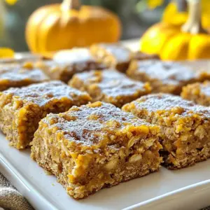 - 1 cup rolled oats - 1 cup canned pumpkin puree - 1/2 cup almond butter (or your favorite nut butter) - 1/2 cup pure maple syrup - 1 teaspoon vanilla extract - 1 teaspoon pumpkin spice blend - 1/2 teaspoon baking soda - 1/4 teaspoon salt - 1/2 cup chopped walnuts (optional) - 1/2 cup dark chocolate chips (optional) Each ingredient plays a key role in the flavor and texture of the bars. You need one cup of rolled oats for a hearty base. The canned pumpkin puree adds moisture and a rich flavor. Almond butter gives a creamy texture; you can use any nut butter you like. Pure maple syrup serves as a natural sweetener. One teaspoon of vanilla extract enhances the overall taste. The pumpkin spice blend adds warmth and a hint of sweetness. Baking soda helps the bars rise, while salt enhances flavor. Walnuts add crunch, and dark chocolate chips offer a sweet touch. If you don&rsquo;t have almond butter, try peanut butter or sunflower seed butter. For sweeteners, you can substitute maple syrup with honey or agave syrup. If you want a spice mix, blend 1/2 teaspoon cinnamon, 1/4 teaspoon nutmeg, and a pinch of ginger. If you prefer no nuts, simply leave out the walnuts. You can swap dark chocolate chips for white chocolate or dried fruit for a different flavor. {{ingredient_image_2}} Start by preheating your oven to 350&deg;F (175&deg;C). This helps your bars bake evenly. Grab an 8x8-inch baking dish. Line it with parchment paper, leaving some paper hanging over the sides. This makes it easy to lift the bars out after baking. In a large bowl, add 1 cup of rolled oats, 1 cup of canned pumpkin puree, and 1/2 cup of almond butter. Pour in 1/2 cup of pure maple syrup and 1 teaspoon of vanilla extract. Mix well until everything is smooth. You want no lumps in your batter. Next, sprinkle in 1 teaspoon of pumpkin spice blend, 1/2 teaspoon of baking soda, and 1/4 teaspoon of salt. Stir again until the mixture is thick and fully combined. If you like, fold in 1/2 cup of chopped walnuts and 1/2 cup of dark chocolate chips for added texture and flavor. Now it&rsquo;s time to bake. Pour your mixture into the prepared dish. Spread it evenly with a spatula, making the top as flat as you can. Bake for 25-30 minutes. Keep an eye on it! The edges should turn golden brown when it&rsquo;s ready. To check for doneness, insert a toothpick in the center. If it comes out clean, your bars are done! Once baked, let them cool in the pan for about 10 minutes. Use the parchment paper to lift the bars out and place them on a cooling rack. Allow them to cool completely before cutting them into squares. To make great pumpkin spice oatmeal bars, follow these tips. First, do not skip the parchment paper. It helps you lift the bars easily from the pan. Next, mix all the wet ingredients well before adding dry ones. This step ensures a smooth batter. Also, check your oven temperature. An oven that is too hot may burn the edges. Lastly, let the bars cool completely before cutting. This step helps them hold their shape. To store your oatmeal bars, place them in an airtight container. This keeps them fresh and tasty. You can layer the bars with parchment paper to prevent sticking. If you plan to eat them later, store them in the fridge. They stay fresh for about five days. For a long-term option, keep them at room temperature in a cool, dry place. You can freeze these bars for later use. First, let them cool completely. Then, wrap each bar in plastic wrap. Place the wrapped bars in a freezer bag. They will last for up to three months. When you want to enjoy them, take out the bars and let them thaw in the fridge overnight. For a warm treat, pop them in the microwave for about 15-20 seconds. Enjoy the cozy flavors! Pro Tips Use Fresh Spices: For the best flavor, use freshly ground spices instead of pre-ground. This enhances the aroma and taste of your pumpkin spice oatmeal bars. Adjust Sweetness: If you prefer a less sweet bar, reduce the amount of maple syrup or substitute with a sugar-free alternative. Taste as you go! Chill for Better Cutting: For cleaner slices, refrigerate the bars for a couple of hours after baking before cutting them into squares. Experiment with Mix-ins: Feel free to personalize your bars by adding different nuts, seeds, or dried fruits to the batter for extra flavor and texture. {{image_4}} You can change the flavor of these bars in fun ways. Try adding dried fruit like cranberries or raisins for sweetness. Chopped apples or pears mix well with the pumpkin spice. For a crunchy twist, use sunflower seeds or pumpkin seeds instead of walnuts. You can also swap the dark chocolate chips for white chocolate or butterscotch chips. This keeps the bars interesting! To make these bars vegan, use maple syrup and a nut butter like almond or cashew. Instead of eggs, the pumpkin puree helps bind the mix. For gluten-free bars, choose certified gluten-free oats. This way, you can enjoy your treat without worry. The texture and taste will remain great! If you have nut allergies, no worries! Replace nut butter with sunflower seed butter. This swap keeps the bars creamy and delicious. You can also skip the nuts entirely or use seeds like chia or flaxseed. These options ensure everyone can enjoy the bars without any risk. To keep your pumpkin spice oatmeal bars fresh, let them cool completely first. After they cool, slice them into squares. Stack the squares in a single layer if possible. This method helps prevent them from sticking together. If you have a lot of bars, use parchment paper between layers. This simple step makes it easy to grab a bar later. Use an airtight container to store your bars. A glass or plastic container works well. If you want to keep them extra fresh, wrap each bar in plastic wrap before placing them in the container. This keeps moisture and air out. You can also use freezer bags if you need to save space. Just make sure to squeeze out as much air as possible. When stored properly, your pumpkin spice oatmeal bars can last up to a week at room temperature. If you keep them in the fridge, they can last for two weeks. For longer storage, freeze them. They stay fresh in the freezer for up to three months. Just remember to thaw them in the fridge when you&rsquo;re ready to enjoy! Yes, you can use fresh pumpkin. Simply cook and mash it first. This gives a nice texture. Fresh pumpkin may have a different taste, but it works well. If you choose fresh, use the same amount as canned. These bars are a healthy option. They contain oats, pumpkin, and nut butter. Oats offer fiber, which is good for digestion. Pumpkin is low in calories and high in vitamins. Nut butter adds healthy fats and protein. With maple syrup, they have natural sweetness without refined sugar. These bars pair well with many things. A warm cup of coffee or tea works great. You can also serve them with yogurt for extra creaminess. Try adding fresh fruit like apples or pears for a bright touch. For a fun treat, drizzle some chocolate sauce on top! You learned to make delicious pumpkin spice oatmeal bars with simple steps. We covered ingredients, their measurements, and alternatives. The process included prepping, mixing, and baking. Tips helped you avoid mistakes and store bars well. You can also try fun variations, including vegan and gluten-free options. Remember, these bars store well, lasting for days. You can use fresh pumpkin too. Enjoy your tasty treats and share them with friends!