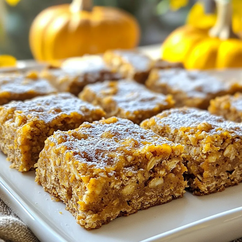 - 1 cup rolled oats - 1 cup canned pumpkin puree - 1/2 cup almond butter (or your favorite nut butter) - 1/2 cup pure maple syrup - 1 teaspoon vanilla extract - 1 teaspoon pumpkin spice blend - 1/2 teaspoon baking soda - 1/4 teaspoon salt - 1/2 cup chopped walnuts (optional) - 1/2 cup dark chocolate chips (optional) Each ingredient plays a key role in the flavor and texture of the bars. You need one cup of rolled oats for a hearty base. The canned pumpkin puree adds moisture and a rich flavor. Almond butter gives a creamy texture; you can use any nut butter you like. Pure maple syrup serves as a natural sweetener. One teaspoon of vanilla extract enhances the overall taste. The pumpkin spice blend adds warmth and a hint of sweetness. Baking soda helps the bars rise, while salt enhances flavor. Walnuts add crunch, and dark chocolate chips offer a sweet touch. If you don’t have almond butter, try peanut butter or sunflower seed butter. For sweeteners, you can substitute maple syrup with honey or agave syrup. If you want a spice mix, blend 1/2 teaspoon cinnamon, 1/4 teaspoon nutmeg, and a pinch of ginger. If you prefer no nuts, simply leave out the walnuts. You can swap dark chocolate chips for white chocolate or dried fruit for a different flavor. {{ingredient_image_2}} Start by preheating your oven to 350°F (175°C). This helps your bars bake evenly. Grab an 8x8-inch baking dish. Line it with parchment paper, leaving some paper hanging over the sides. This makes it easy to lift the bars out after baking. In a large bowl, add 1 cup of rolled oats, 1 cup of canned pumpkin puree, and 1/2 cup of almond butter. Pour in 1/2 cup of pure maple syrup and 1 teaspoon of vanilla extract. Mix well until everything is smooth. You want no lumps in your batter. Next, sprinkle in 1 teaspoon of pumpkin spice blend, 1/2 teaspoon of baking soda, and 1/4 teaspoon of salt. Stir again until the mixture is thick and fully combined. If you like, fold in 1/2 cup of chopped walnuts and 1/2 cup of dark chocolate chips for added texture and flavor. Now it’s time to bake. Pour your mixture into the prepared dish. Spread it evenly with a spatula, making the top as flat as you can. Bake for 25-30 minutes. Keep an eye on it! The edges should turn golden brown when it’s ready. To check for doneness, insert a toothpick in the center. If it comes out clean, your bars are done! Once baked, let them cool in the pan for about 10 minutes. Use the parchment paper to lift the bars out and place them on a cooling rack. Allow them to cool completely before cutting them into squares. To make great pumpkin spice oatmeal bars, follow these tips. First, do not skip the parchment paper. It helps you lift the bars easily from the pan. Next, mix all the wet ingredients well before adding dry ones. This step ensures a smooth batter. Also, check your oven temperature. An oven that is too hot may burn the edges. Lastly, let the bars cool completely before cutting. This step helps them hold their shape. To store your oatmeal bars, place them in an airtight container. This keeps them fresh and tasty. You can layer the bars with parchment paper to prevent sticking. If you plan to eat them later, store them in the fridge. They stay fresh for about five days. For a long-term option, keep them at room temperature in a cool, dry place. You can freeze these bars for later use. First, let them cool completely. Then, wrap each bar in plastic wrap. Place the wrapped bars in a freezer bag. They will last for up to three months. When you want to enjoy them, take out the bars and let them thaw in the fridge overnight. For a warm treat, pop them in the microwave for about 15-20 seconds. Enjoy the cozy flavors! Pro Tips Use Fresh Spices: For the best flavor, use freshly ground spices instead of pre-ground. This enhances the aroma and taste of your pumpkin spice oatmeal bars. Adjust Sweetness: If you prefer a less sweet bar, reduce the amount of maple syrup or substitute with a sugar-free alternative. Taste as you go! Chill for Better Cutting: For cleaner slices, refrigerate the bars for a couple of hours after baking before cutting them into squares. Experiment with Mix-ins: Feel free to personalize your bars by adding different nuts, seeds, or dried fruits to the batter for extra flavor and texture. {{image_4}} You can change the flavor of these bars in fun ways. Try adding dried fruit like cranberries or raisins for sweetness. Chopped apples or pears mix well with the pumpkin spice. For a crunchy twist, use sunflower seeds or pumpkin seeds instead of walnuts. You can also swap the dark chocolate chips for white chocolate or butterscotch chips. This keeps the bars interesting! To make these bars vegan, use maple syrup and a nut butter like almond or cashew. Instead of eggs, the pumpkin puree helps bind the mix. For gluten-free bars, choose certified gluten-free oats. This way, you can enjoy your treat without worry. The texture and taste will remain great! If you have nut allergies, no worries! Replace nut butter with sunflower seed butter. This swap keeps the bars creamy and delicious. You can also skip the nuts entirely or use seeds like chia or flaxseed. These options ensure everyone can enjoy the bars without any risk. To keep your pumpkin spice oatmeal bars fresh, let them cool completely first. After they cool, slice them into squares. Stack the squares in a single layer if possible. This method helps prevent them from sticking together. If you have a lot of bars, use parchment paper between layers. This simple step makes it easy to grab a bar later. Use an airtight container to store your bars. A glass or plastic container works well. If you want to keep them extra fresh, wrap each bar in plastic wrap before placing them in the container. This keeps moisture and air out. You can also use freezer bags if you need to save space. Just make sure to squeeze out as much air as possible. When stored properly, your pumpkin spice oatmeal bars can last up to a week at room temperature. If you keep them in the fridge, they can last for two weeks. For longer storage, freeze them. They stay fresh in the freezer for up to three months. Just remember to thaw them in the fridge when you’re ready to enjoy! Yes, you can use fresh pumpkin. Simply cook and mash it first. This gives a nice texture. Fresh pumpkin may have a different taste, but it works well. If you choose fresh, use the same amount as canned. These bars are a healthy option. They contain oats, pumpkin, and nut butter. Oats offer fiber, which is good for digestion. Pumpkin is low in calories and high in vitamins. Nut butter adds healthy fats and protein. With maple syrup, they have natural sweetness without refined sugar. These bars pair well with many things. A warm cup of coffee or tea works great. You can also serve them with yogurt for extra creaminess. Try adding fresh fruit like apples or pears for a bright touch. For a fun treat, drizzle some chocolate sauce on top! You learned to make delicious pumpkin spice oatmeal bars with simple steps. We covered ingredients, their measurements, and alternatives. The process included prepping, mixing, and baking. Tips helped you avoid mistakes and store bars well. You can also try fun variations, including vegan and gluten-free options. Remember, these bars store well, lasting for days. You can use fresh pumpkin too. Enjoy your tasty treats and share them with friends!