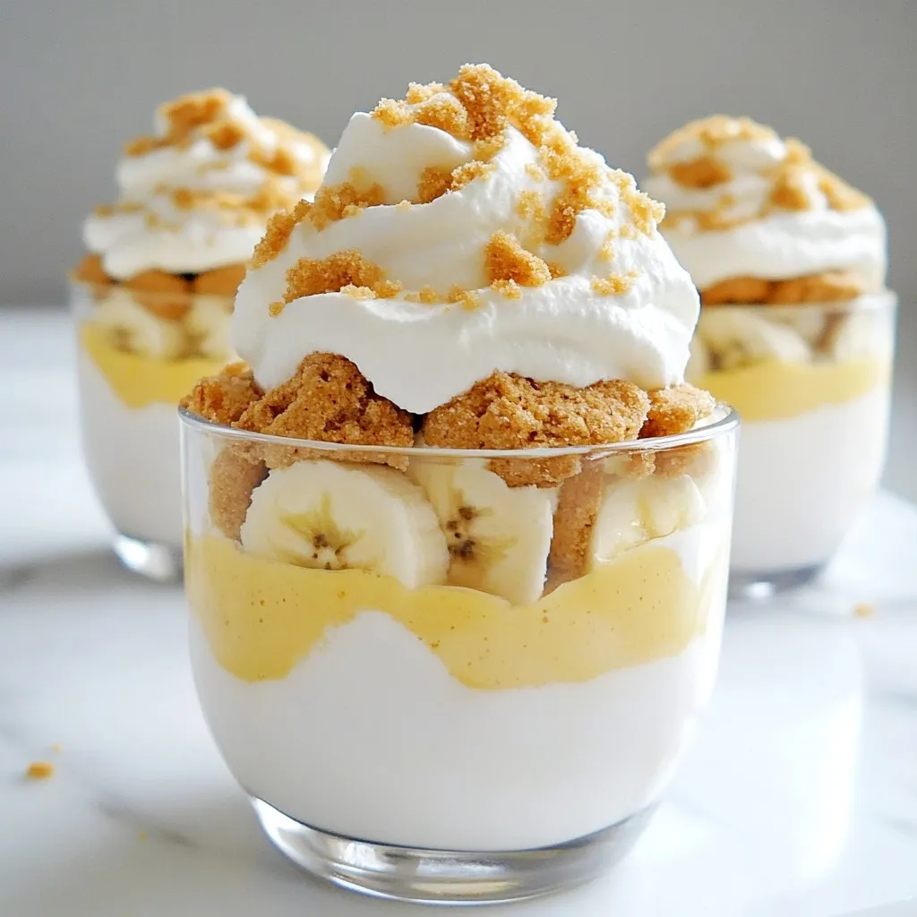 To make Biscoff Banana Cream Pudding Cups, gather these tasty ingredients: - 2 ripe bananas, sliced into round pieces - 1 cup heavy cream - 1 cup whole milk - 1/2 cup granulated sugar - 1/4 cup cornstarch - 1 teaspoon pure vanilla extract - 1/4 teaspoon salt - 1 cup Biscoff cookie spread - 10 Biscoff cookies, crushed (plus extra for garnish) - Whipped cream, for topping Each ingredient plays a special role in creating the creamy texture and rich flavor. The ripe bananas add natural sweetness and a soft bite. The heavy cream and whole milk provide a rich base, making the pudding smooth and indulgent. Granulated sugar enhances sweetness, while cornstarch acts as a thickener to give the pudding its perfect consistency. Pure vanilla extract adds depth to the flavor. Salt balances the sweetness and enhances all the tastes. Biscoff cookie spread gives a warm, spiced flavor, while crushed Biscoff cookies add a delightful crunch. Finally, whipped cream on top creates a light finish and makes it even more tempting. These ingredients come together to form a delicious treat you won’t forget. Enjoy each layer in your pudding cups! {{ingredient_image_2}} First, grab a medium saucepan. In it, whisk together the whole milk, granulated sugar, cornstarch, and salt. Make sure the mixture is smooth and free of lumps. Next, turn the heat to medium. Stir the mix with a spatula for about 5 to 7 minutes. You will see it thicken and bubble. Once that happens, take the saucepan off the heat. Now, stir in the pure vanilla extract and 1/2 cup of Biscoff cookie spread. Mix it well until the pudding is silky and smooth. Set the pudding aside to cool slightly for a few minutes. This step is key for the best taste. Let’s get to the fun part! Prepare your serving cups or bowls. Start by layering sliced bananas in the bottom of each cup. Next, add a generous layer of the Biscoff pudding mixture. Sprinkle a tablespoon of crushed Biscoff cookies on top. Repeat this process by adding another layer of bananas, followed by pudding, and then more crushed cookies. Keep layering until the cups are almost full. Make sure the final layer is pudding. This will create beautiful layers that look great! To make your pudding smooth, whisk the milk, sugar, cornstarch, and salt well. This step helps avoid lumps. Cook over medium heat while stirring. Watch for thickening; it takes about 5 to 7 minutes. Once it bubbles, remove it from heat. Make sure it thickens properly for the best texture. Clear glass cups look great for serving. They show off the lovely layers inside. For a pop of color, add a sprig of mint on top. Finish with extra crushed Biscoff cookies for a tasty touch. You can switch things up with different cookies or flavored pudding. Try adding other fruits like strawberries or blueberries. Top with nuts or chocolate chips for added crunch. Each change can make your dessert unique and fun! Pro Tips Use Ripe Bananas: Ensure the bananas are ripe for optimal sweetness and flavor. The more spots they have, the better they will taste in the pudding. Chill Properly: Allow the pudding cups to chill for at least 2 hours. This not only sets the pudding but also enhances the flavors. Layering Technique: For a more visually appealing dessert, layer the bananas and pudding carefully. Use a piping bag for the pudding to create clean, even layers. Whipped Cream Variations: Experiment with flavored whipped cream, such as cinnamon or caramel, for an extra twist on the classic topping. {{image_4}} You can switch things up with your Biscoff Banana Cream Pudding Cups. Try using different nut butters or cookie spreads. Almond or cashew butter can add a new twist. You can also layer in chocolate or caramel for extra sweetness. Imagine the richness of chocolate pudding mixed with Biscoff flavors! It opens a world of tasty options. If you need gluten-free options, look for gluten-free Biscoff cookies. They will keep the same great taste. For a dairy-free version, use almond or oat milk instead of whole milk. You can also swap heavy cream with coconut cream. These changes make the dessert fit for different diets while keeping it delicious. These pudding cups are perfect for parties or special events. The layers look beautiful in clear cups. Serve them after a meal or as a sweet treat. They pair well with coffee or dessert wines, enhancing their flavor. Guests will love the mix of creamy and crunchy in every bite! Your Biscoff Banana Cream Pudding Cups will last about 3 to 4 days in the fridge. To keep them fresh, cover each cup tightly with plastic wrap or a lid. This will help prevent the pudding from absorbing other smells in the fridge. If you have leftovers, store them separately from the whipped cream to keep it fluffy. Freezing the pudding is not a great idea. The texture may change once thawed. If you still want to freeze it, pour the pudding into an airtight container. Leave some space at the top for expansion. When you are ready to eat it, thaw the pudding slowly in the fridge overnight. Stir well before serving to help restore the texture. If you need to reheat the pudding, do it gently. Pour the pudding into a saucepan over low heat. Stir it often until it is warm. Avoid high heat, as it can cause the pudding to separate. If you need to microwave it, use short bursts of heat, stirring in between. This will help keep the creamy texture intact. Yes, you can make these cups ahead of time! This makes them great for parties or busy days. Just follow these tips: - Prepare the pudding and assemble the cups. - Cover them well with plastic wrap or a lid. - Store them in the fridge for up to 2 days. - This lets the flavors blend and taste even better! If you don't have Biscoff cookies, you can try other options. Here are some great substitutes: - Speculoos cookies offer a similar taste. - Graham crackers can work too for a different twist. - For a chocolate touch, use Oreos. - You can also use vanilla wafers for a milder flavor. There are easy ways to make Biscoff Banana Cream Pudding Cups healthier. Here are some ideas: - Use low-fat milk instead of whole milk. - Swap heavy cream for whipped coconut cream. - Reduce the sugar and use a sugar substitute. - Add more fruit layers like berries for extra nutrients. These tips keep the taste yummy while making it a bit lighter! This Biscoff Banana Cream Pudding Cups recipe combines ripe bananas with rich flavors. You start by making a tasty pudding base and layering it with Biscoff cookies. Keeping it simple ensures you have a delightful dessert for any occasion. For a twist, consider different cookie flavors or fruits. The fun continues with easy serving options and simple storage tips. Enjoy this treat and let it satisfy your sweet cravings!