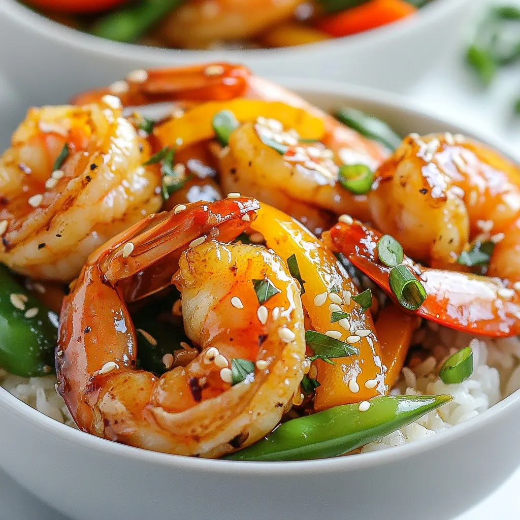 - 1 lb large shrimp, peeled and deveined - 3 tablespoons honey - 2 tablespoons soy sauce - 4 cloves garlic, minced - 1 tablespoon fresh ginger, grated - 1 teaspoon sesame oil - 2 cups cooked jasmine rice - 1 cup snow peas, trimmed - 1 bell pepper, thinly sliced To create a tasty honey garlic shrimp bowl, you need fresh ingredients. Large shrimp give the dish a nice, juicy bite. Honey and soy sauce blend sweet and salty flavors perfectly. Garlic and ginger add a warm, aromatic touch. Jasmine rice serves as a fluffy base, soaking up all that flavor. Snow peas and bell pepper bring a pop of color and crunch to the bowl. - 2 green onions, sliced - 1 tablespoon sesame seeds - Lime For a finishing touch, consider adding green onions and sesame seeds. They boost flavor and add pretty visuals. A squeeze of lime brightens the dish and gives it a fresh zing. These garnishes elevate your meal and make it look fancy! {{ingredient_image_2}} To make the marinade, mix these ingredients in a bowl: - 3 tablespoons honey - 2 tablespoons soy sauce - 4 cloves garlic, minced - 1 tablespoon fresh ginger, grated - 1 teaspoon sesame oil Whisk until smooth. This marinade adds sweetness and flavor to the shrimp. Marinate the shrimp for 15-20 minutes. This time allows the shrimp to soak in all the tasty flavors. Heat a non-stick skillet over medium heat. Add: - 1 cup snow peas, trimmed - 1 bell pepper, thinly sliced Sauté these for 3-4 minutes. Stir occasionally. You want them slightly tender but still crunchy. Season with salt and pepper to taste. Remove them from the skillet and set aside. In the same skillet, add the marinated shrimp and all the leftover marinade. Increase the heat to medium-high. Cook for 3-4 minutes. Flip the shrimp halfway through. They are done when they turn pink and opaque. This ensures they are cooked perfectly and full of flavor. You can adjust the sweetness and saltiness of the sauce to suit your taste. If you like it sweeter, add more honey. For a saltier kick, add a bit more soy sauce. You can also try different ingredients. Swap honey with maple syrup for a unique twist. You could even use agave nectar if you want a vegan option. Using a non-stick skillet helps to prevent the shrimp from sticking. Make sure to heat the skillet over medium-high heat. This way, your shrimp cooks evenly without burning. Flipping the shrimp is important. It ensures both sides cook well and turn pink. Cook for about 3-4 minutes, flipping halfway through. For a beautiful display, serve your bowls on colorful plates. A sprinkle of sliced green onions adds freshness. A light dusting of sesame seeds gives a nice crunch. For added flavor, drizzle extra honey or squeeze fresh lime over the top. This adds a burst of color and taste that makes your dish pop! Pro Tips Marination Time: Allowing the shrimp to marinate for at least 15-20 minutes enhances the flavor significantly, making each bite more delicious. Cooking Shrimp: Be careful not to overcook the shrimp. They should turn pink and opaque; this usually takes about 3-4 minutes on medium-high heat. Vegetable Crunch: To maintain the crunchiness of the snow peas and bell peppers, sauté them just until they are tender but still vibrant and crisp. Serving Suggestion: For an extra burst of flavor, consider adding a drizzle of lime juice or a sprinkle of fresh cilantro before serving. {{image_4}} If you want to change the main protein, try using chicken or tofu instead of shrimp. Chicken thighs work great as they stay juicy. Tofu absorbs flavors well, so it’s a tasty choice for plant-based cooking. For rice, swap jasmine for brown rice or even cauliflower rice if you want a lower-carb option. Each rice type brings its own taste and texture. To add a kick, try red pepper flakes. They bring heat and balance the sweetness of the honey. You can also experiment with different vegetables. Broccoli, carrots, or bell peppers all add color and crunch. Mix and match to find your favorite combo. If you need a gluten-free dish, look for gluten-free soy sauce. There are many brands that taste great without gluten. To make this dish low-carb, skip the rice and use zucchini noodles or lettuce wraps. These swaps keep the dish light and fresh while still being satisfying. To keep your honey garlic shrimp bowls fresh, use airtight containers. Glass or plastic containers work well. Make sure the shrimp and veggies are cool before sealing. Store them in the fridge for up to three days. This keeps the flavors strong and the shrimp safe to eat. You can reheat your shrimp bowls in two ways: the microwave or stovetop. If you choose the microwave, use a microwave-safe dish. Heat on medium power for 1-2 minutes. Stir halfway through to ensure even heating. For stovetop reheating, use a non-stick skillet over low heat. This keeps the shrimp tender. Add a splash of water to prevent sticking. You can freeze both cooked and uncooked shrimp. For cooked shrimp, cool them completely before placing them in a freezer-safe bag. Squeeze out as much air as possible. They last up to three months in the freezer. For uncooked shrimp, freeze them in a single layer first, then transfer to a bag. To thaw, place them in the fridge overnight or run under cold water. Avoid thawing shrimp in hot water to keep them firm. I recommend marinating the shrimp for 15 to 20 minutes. This time allows the shrimp to soak in the flavors of the honey, soy sauce, garlic, and ginger. It helps the shrimp taste great without overdoing it. If you marinate too long, the shrimp can become too soft. Yes, you can prepare this dish ahead of time. Cook the shrimp and vegetables, then store them in separate containers in the fridge. They will stay fresh for about three days. To save time, you can also marinate the shrimp the night before. Just keep it in the fridge until you are ready to cook. If you need a substitute for honey, try maple syrup or agave nectar. Both provide sweetness without changing the dish too much. For a vegan option, these are great choices. You can also use brown sugar mixed with a little water to mimic honey's texture and taste. In this post, we explored a tasty shrimp dish with a mix of flavors. We covered the main ingredients like shrimp, honey, and soy sauce, and we highlighted cooking tips to enhance your meal. You can use different proteins or vegetables, and I shared ideas for garnishing and presentation. Remember, your meal can be as varied as your tastes. Enjoy making this dish your own! Happy cooking!