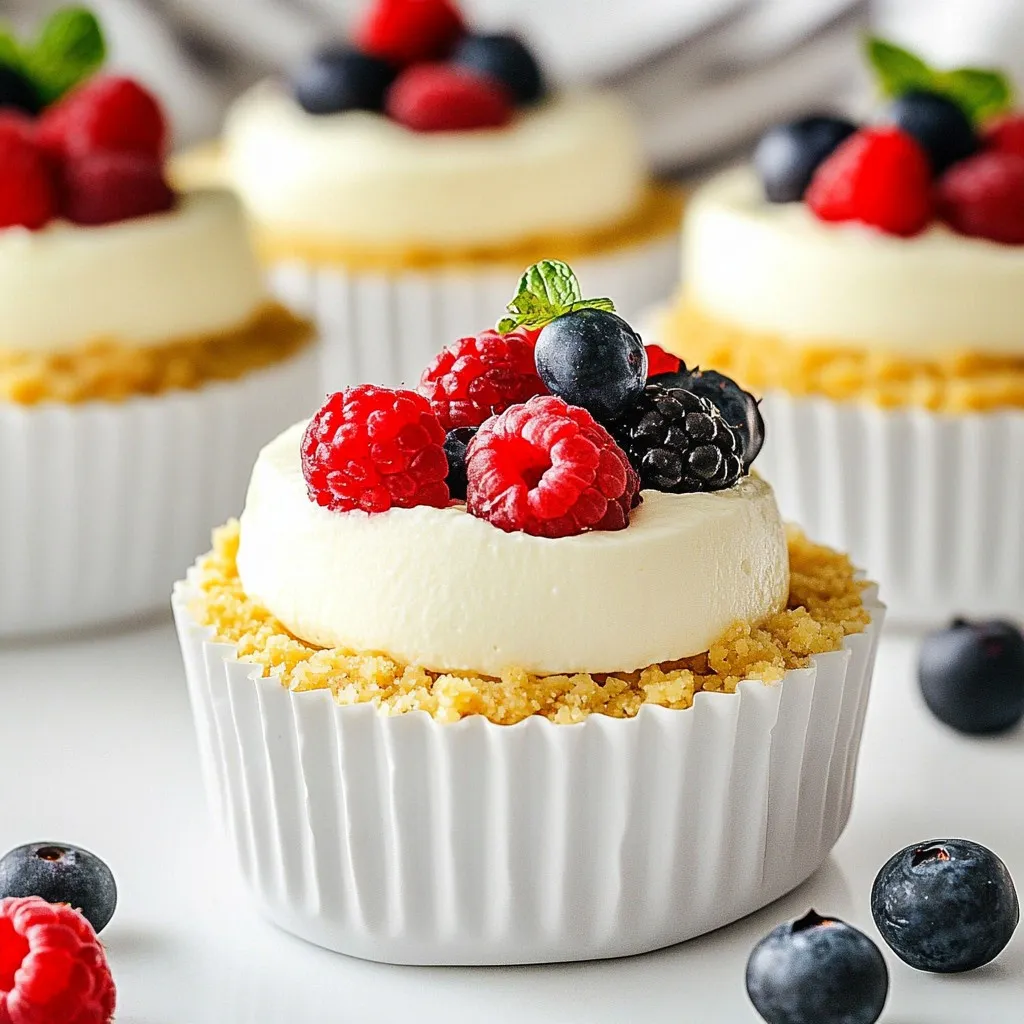 To create these mini protein cheesecakes, gather the following ingredients: - 1 cup cottage cheese - 1 cup plain Greek yogurt (fat-free) - 1/4 cup honey or maple syrup - 2 tablespoons vanilla extract - 1 tablespoon fresh lemon juice - 2 scoops vanilla-flavored protein powder - 1/2 cup almond flour (for the crust) - 2 tablespoons melted coconut oil (for the crust) - 1 tablespoon maple syrup (for the crust) - Pinch of salt These ingredients blend to make a tasty cheesecake base. The cottage cheese and Greek yogurt give it a creamy texture. The protein powder boosts the protein content, making these treats filling and nutritious. You can customize your mini cheesecakes with fun toppings. Consider these options: - Fresh berries (strawberries, blueberries, raspberries) - A drizzle of honey or maple syrup - Crushed nuts or granola for crunch - A sprinkle of cocoa powder for a chocolate touch These toppings add color and flavor. They also provide extra nutrients, making your cheesecakes even better. These mini protein cheesecakes are a smart choice for a snack or dessert. Each cheesecake packs a punch with protein. Here’s a quick breakdown: - Cottage cheese and Greek yogurt offer about 20 grams of protein total. - Each mini cheesecake has about 5 grams of protein, depending on serving size. This high protein content helps you feel full longer. Enjoy these cheesecakes as a tasty way to boost your protein intake while satisfying your sweet tooth. {{ingredient_image_2}} First, preheat your oven to 350°F (175°C). While it warms up, grab a muffin tin. Line it with silicone or paper cupcake liners. This will help keep the cheesecakes from sticking. Next, in a medium bowl, mix together the almond flour, melted coconut oil, maple syrup, and a pinch of salt. Use a fork or your hands to combine everything. You want a crumbly dough that holds together when pressed. Take about 1 tablespoon of this mixture and press it down into each liner. Make sure it covers the bottom well. Bake these crusts for 8-10 minutes. Look for a light golden color. Once done, take them out and let them cool. Now, it's time for the filling. In a blender, add the cottage cheese, Greek yogurt, honey or maple syrup, vanilla extract, lemon juice, and protein powder. Blend this mixture on high speed until it is smooth and creamy. You want to ensure there are no lumps. Once smooth, carefully pour the filling over the cooled crusts. Fill each liner to the top. Give the muffin tin a gentle tap on the counter. This helps to remove any air bubbles trapped in the filling. Now, bake the cheesecakes in the oven for another 15-18 minutes. They should look set but still have a slight jiggle in the center. After baking, remove them from the oven and let them cool at room temperature for about 10-15 minutes. Next, move them to the refrigerator to chill for at least 2 hours. This will help them firm up completely. While waiting, you can prepare some fresh berries to top them. Before serving, add a handful of berries on each mini cheesecake for a tasty and beautiful touch. Enjoy your delightful treat! To get a smooth and creamy texture, use fresh ingredients. I recommend blending the cottage cheese and Greek yogurt well. This helps break down any lumps. Make sure to blend everything until it’s silky. The protein powder also adds creaminess, so don’t skip it. If your mix seems thick, add a little extra lemon juice. This will keep it light and fresh. One common error is overbaking the cheesecakes. If you bake them too long, they become dry. Watch them closely. The centers should be slightly jiggly when done. Another mistake is not cooling properly. Let them cool at room temperature first. Then, chill them in the fridge for at least two hours. This step is key for the right texture. Store your mini protein cheesecakes in an airtight container. They keep well in the fridge for up to five days. If you want to freeze them, wrap each cheesecake tightly. Use plastic wrap or foil. They can last up to three months in the freezer. When serving, add fresh berries right before enjoying. This adds color and a burst of flavor to each bite. Pro Tips Use Room Temperature Ingredients: Allow your cottage cheese and Greek yogurt to sit out for about 15-30 minutes before mixing. This helps achieve a smoother filling. Customize Sweetness: Adjust the amount of honey or maple syrup to your taste. You can start with less and add more if needed, especially if using sweet toppings. Freeze for Longer Storage: If you want to keep these cheesecakes for longer, freeze them instead of refrigerating. Just thaw them in the fridge before serving. Experiment with Flavors: Add different extracts like almond or orange, or mix in cocoa powder for a chocolate version to keep it interesting. {{image_4}} You can easily change up the flavor of mini protein cheesecakes. For a chocolate twist, add cocoa powder to the filling. Use about 1/4 cup for a rich taste. If you love fruit, try mixing in pureed strawberries or blueberries. This will give your cheesecakes a fresh, fruity flavor. You can also add lemon zest for a bright, zesty kick. Feel free to get creative with different flavors! These cheesecakes can fit many diets. To make them vegan, swap dairy products with plant-based options. Use silken tofu instead of cottage cheese and coconut yogurt instead of Greek yogurt. For a gluten-free option, ensure your almond flour is certified gluten-free. You can also use gluten-free cookies for the crust if you want something crunchy. These mini cheesecakes are perfect for sharing! Each recipe makes 12 servings. If you want smaller bites, pour the filling into mini muffin tins. They will bake faster, so watch them closely. For a beautiful presentation, place a few whole berries on top of each cheesecake. Drizzle extra honey or maple syrup around the plate. This will make your dessert look fancy and inviting! To keep your mini protein cheesecakes fresh, store them in the fridge. Place them in an airtight container. Make sure to layer parchment paper between each cheesecake to prevent sticking. They can last about 3 to 5 days this way. You can freeze these cheesecakes if you want to save some for later. First, wrap each cheesecake in plastic wrap. Then, place them in a freezer-safe bag. They will stay fresh for up to 2 months. When you're ready to eat one, just thaw it in the fridge overnight. For the best taste and texture, eat the cheesecakes within the first few days. After that, they may become drier. If you see any signs of freezer burn, it’s best to toss them. Always check for any odd smells or changes in color before enjoying your stored treats. Yes, you can use regular yogurt. It will change the texture a bit. You can also try cottage cheese for a similar taste. Use a smooth blend to keep it creamy. If you pick non-dairy yogurt, choose one with protein. Keep in mind, this change may alter the flavor. To boost protein, add more protein powder. You can mix in up to three scoops. Another option is to include nut butter. Almond or peanut butter works great. You can also use protein-rich toppings, like nuts or seeds. These ideas will make your mini cheesecakes even healthier. Fresh berries are a top choice for toppings. Strawberries, blueberries, and raspberries add color and taste. Chopped nuts or seeds add a nice crunch. You can also drizzle with honey or maple syrup for extra sweetness. For a fancy touch, try a dollop of Greek yogurt. In this post, we explored how to make mini protein cheesecakes from scratch. We covered ingredients, step-by-step instructions, and helpful tips for a smooth result. You also learned about storage, variations, and FAQs to make your baking easier. Mini protein cheesecakes are tasty and healthy treats anyone can enjoy. With these simple ideas, you can feel confident in your baking. Get creative with flavors and toppings, and enjoy your delicious, guilt-free desserts. Happy baking!