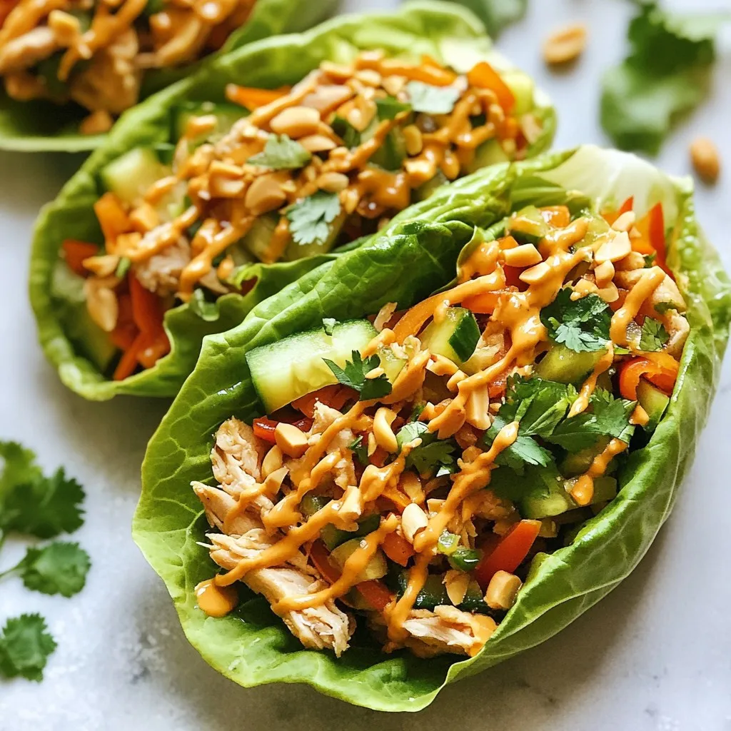 - 2 boneless, skinless chicken breasts - 4 large lettuce leaves (romaine or butter) - 1 cup shredded carrots - 1 red bell pepper, thinly sliced - 1/2 cucumber, julienned - 1/4 cup fresh cilantro, chopped - 1/2 cup Thai peanut sauce (store-bought or homemade) To make this wrap, you need fresh chicken and colorful veggies. The chicken gives you protein, while the veggies add crunch and nutrition. You can use any Thai peanut sauce you like. Store-bought is quick, but homemade tastes great too. - 1 teaspoon garlic powder - 1 teaspoon ginger powder - Salt and pepper, to taste - 1/4 cup chopped peanuts (for garnish) Seasoning is key for flavor. Garlic powder and ginger powder mix well with the chicken. Be sure to add salt and pepper to taste. When ready to serve, sprinkle chopped peanuts on top. This gives your wrap a nice crunch. Fresh cilantro adds a burst of flavor and color. {{ingredient_image_2}} To start, you want to season the chicken breasts well. Sprinkle garlic powder, ginger powder, salt, and pepper on both sides. This adds great flavor. Heat a skillet to medium. Place the seasoned chicken in the skillet. Cook for about 6-7 minutes on each side. Your goal here is to reach an internal temperature of 165°F. This ensures it's safe to eat. The chicken will turn a nice golden-brown color. Once cooked, move the chicken to a cutting board to cool for a few minutes. After the chicken cools, it’s time to shred it. Use two forks to pull the chicken apart into bite-sized pieces. This makes it easy to eat in the wrap. Next, prepare the wrap base. Take four large lettuce leaves and lay them out on a clean surface. Make sure they stay whole. These lettuce leaves will hold all the tasty fillings you add. Now, it's time to fill the wraps. Distribute the shredded chicken evenly among the lettuce leaves. Add shredded carrots, thinly sliced red bell pepper, julienned cucumber, and chopped cilantro. Each ingredient adds flavor and crunch. Don’t forget the star of the show: the peanut sauce! Drizzle it generously over the chicken and veggies. This sauce brings everything together. To wrap it up, fold the sides of each lettuce leaf over the filling. Next, roll it tightly from the bottom. This keeps all the yummy ingredients inside. Once wrapped, take a sharp knife and slice each wrap in half. This makes them easier to handle. For a fun touch, sprinkle chopped peanuts on top for added crunch. Serve with extra Thai peanut sauce on the side for dipping. Enjoy your creation! To make sure your chicken is tender and juicy, start with fresh, high-quality breasts. I season them with garlic powder and ginger powder. Salt and pepper add flavor too. Cook the chicken in a hot skillet for about 6-7 minutes on each side. You want it to reach 165°F inside. Let it cool a bit before shredding. You can also grill or bake the chicken. Grilling adds a nice smoky flavor. Baking is simple and keeps the chicken moist. Just make sure to check the internal temp. Homemade Thai peanut sauce is easy to make. Start with: - 1/2 cup peanut butter - 1/4 cup soy sauce - 2 tablespoons honey - 1 tablespoon rice vinegar - 1 teaspoon sesame oil - 1-2 teaspoons chili paste (for spice) Mix all the ingredients in a bowl until smooth. If you want to adjust the taste, add more honey for sweetness or more chili for heat. This sauce makes your wraps burst with flavor. For a beautiful dish, use colorful ingredients. Place your wraps on a bright plate. Sprinkle chopped peanuts on top for a crunchy finish. Garnish with extra cilantro for color. You can also serve the wraps with extra peanut sauce in small bowls. This makes it easy for everyone to dip. Use fresh veggies like cucumber and bell peppers for an eye-catching display. Pro Tips Use Fresh Ingredients: Fresh vegetables and herbs enhance the flavor and texture of your wraps, making them more vibrant and enjoyable. Marinate the Chicken: For an extra layer of flavor, consider marinating the chicken in the peanut sauce for 30 minutes before cooking. Customize Your Fillings: Feel free to add or substitute other vegetables like sliced radishes or avocado for a personal touch and added nutrition. Make It Ahead: Prepare the chicken and chop the vegetables in advance to save time during meal prep. Just assemble the wraps when you're ready to eat! {{image_4}} You can switch the chicken for other proteins. Tofu is a fantastic choice for a plant-based twist. It's rich in protein and soaks up flavors well. Just cube it and sauté until golden. Shrimp is another great option. It cooks fast and adds a nice sweetness. For a heartier wrap, consider using tempeh. It has a nutty taste and a firm texture. You can also try seitan, which mimics meat very well. While the Thai peanut sauce is a star, you can mix it up. Try a spicy sriracha sauce for a kick. It pairs well with the fresh veggies. A sweet chili sauce can also add a nice touch. Just drizzle it on before wrapping. For a different flavor, use hoisin sauce. It's sweet and savory, making it a great dip or drizzle. Experiment with these sauces to find your favorite. Don't stop at chicken and veggies. Load up your wrap with more ingredients. You can add sliced avocado for creaminess. Fresh sprouts give a nice crunch and extra nutrition. Consider adding cooked quinoa or brown rice. They bring a hearty texture and make the wrap more filling. Try thinly sliced radishes for a peppery bite. Mix and match your favorite fillings. Your wraps can be as unique as you are! To keep your Thai peanut chicken wraps fresh, you need to store them right. Wrap each one tightly in plastic wrap or foil. You can also use an airtight container. This keeps the flavors in and the air out. You can store the wraps in the fridge for up to three days. After that, the veggies may lose their crunch. If they sit too long, the wraps may not taste fresh. Yes, you can freeze these wraps! Freezing is a great way to save leftovers for later. Just wrap them tightly in plastic wrap and then in foil. This helps to avoid freezer burn. When you want to eat them, thaw the wraps in the fridge overnight. For best results, reheat them in a skillet over medium heat. This will help to keep the chicken juicy and the veggies crisp. Enjoy your wraps anytime! To make Thai Peanut Chicken Wraps from scratch, follow these easy steps: 1. Cook the Chicken: Season two boneless, skinless chicken breasts with garlic powder, ginger powder, salt, and pepper. Cook them in a hot skillet for about 6-7 minutes per side until they're golden brown and reach 165°F. 2. Shred the Chicken: After the chicken cools, shred it into small pieces with two forks. This helps the chicken mix well with the other ingredients. 3. Prepare the Wrap Base: Take four large lettuce leaves and lay them flat. Romaine or butter lettuce works best for a fresh taste. 4. Assemble the Filling: Place the shredded chicken in the center of each lettuce leaf. Add shredded carrots, thin slices of red bell pepper, julienned cucumber, and chopped cilantro. 5. Drizzle with Peanut Sauce: Pour Thai peanut sauce over the filling. This adds a rich flavor that makes the wrap special. 6. Wrap It Up: Fold the sides of the lettuce over the filling, then roll it from the bottom up. This keeps everything inside. 7. Slice & Serve: Cut each wrap in half for easy eating. Top with chopped peanuts for crunch and serve with extra sauce for dipping. Yes, you can make this recipe vegan. Here are some easy swaps: - Chicken: Use tofu or tempeh instead of chicken. Both provide protein and absorb flavors well. - Peanut Sauce: Ensure your peanut sauce is vegan. Some store-bought sauces contain fish sauce. You can also make your own by mixing peanut butter, soy sauce, lime juice, and a bit of maple syrup. - Vegetables: Add more veggies like bell peppers, carrots, and cucumbers to enhance taste and texture. Thai Peanut Chicken Wraps pair well with light sides. Here are some ideas: - Rice: Serve jasmine or basmati rice for a filling meal. - Salad: A simple cucumber salad with lime juice and sesame oil complements the wraps. - Spring Rolls: Fresh spring rolls with dipping sauce add fun flavors and textures. - Fruit: Fresh fruit like mango or pineapple can balance the savory taste of the wraps. Yes, Thai Peanut Chicken Wraps can be healthy. Here's a quick look at their nutritional benefits: - Chicken: Provides lean protein, which helps build muscle. - Vegetables: Fresh veggies add fiber, vitamins, and minerals. Carrots and bell peppers are rich in antioxidants. - Peanut Sauce: Contains healthy fats and protein from peanuts, but use it in moderation to control calories. - Lettuce: Low in calories, lettuce provides hydration and adds bulk to meals, helping you feel full. These wraps offer a balance of nutrients, making them a tasty and healthy choice. This article guided you through making Thai Peanut Chicken Wraps. You learned about the main ingredients, seasoning, and cooking methods. We also covered variations, tips for storage, and how to serve. In the kitchen, don’t be afraid to try new flavors. With simple tweaks, you can adjust the recipe to fit your taste. Enjoy crafting these wraps, sharing them with friends and family, and making your own delicious variations!