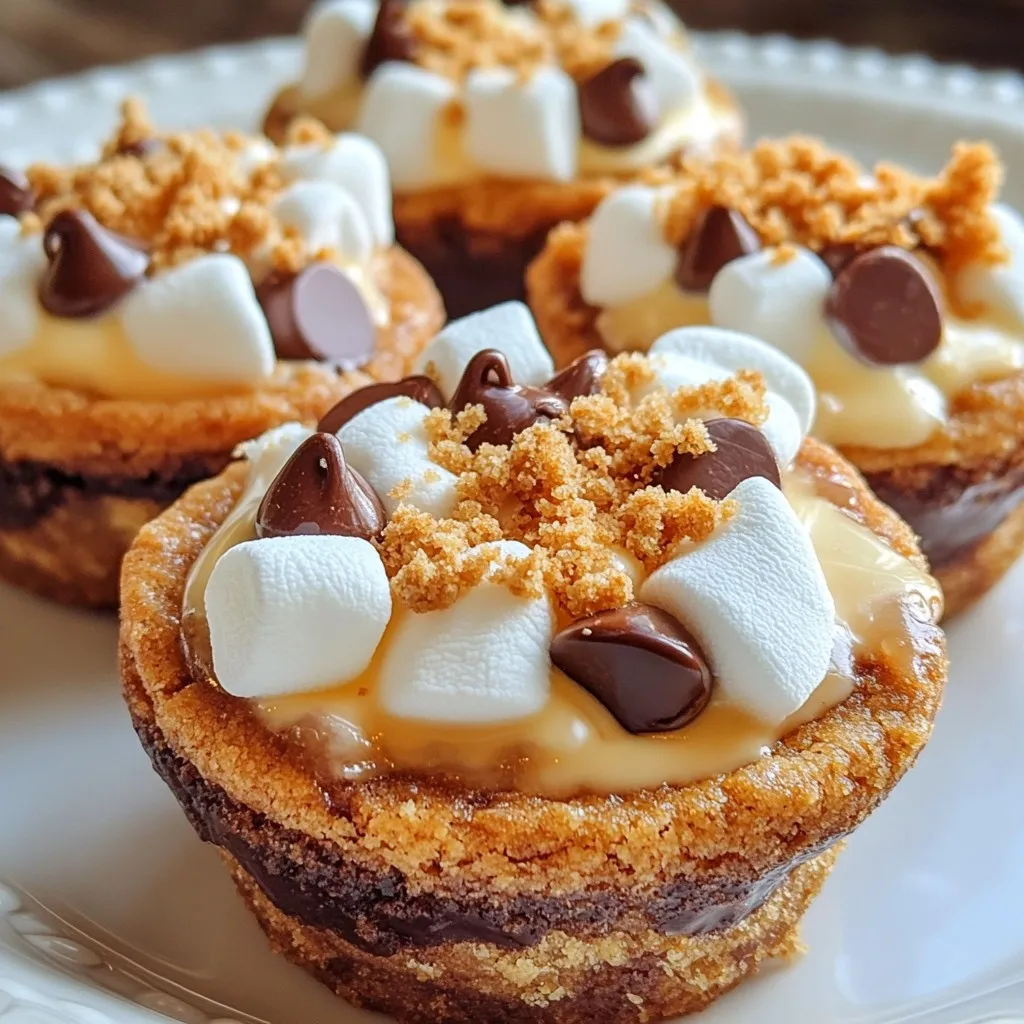 To make s'mores cookie cups, gather these key items: - 1 cup all-purpose flour - 1/2 teaspoon baking soda - 1/4 teaspoon salt - 1/2 cup unsalted butter, softened - 1/2 cup granulated sugar - 1/2 cup brown sugar, packed - 1 large egg - 1 teaspoon pure vanilla extract - 1 cup graham cracker crumbs - 1 cup semi-sweet or milk chocolate chips - 1 cup mini marshmallows - Additional graham cracker crumbs for garnish You can swap some ingredients if needed. Here are some ideas: - Use coconut flour for a gluten-free option. - Substitute vegan butter for a dairy-free version. - Replace granulated sugar with coconut sugar for a healthier choice. - You can use egg replacers like flaxseed meal or applesauce if you need to avoid eggs. - For a different flavor, try white chocolate chips instead of semi-sweet. These swaps can fit many dietary needs while still keeping your cookie cups tasty! To make these treats, you’ll need a few basic tools: - Standard muffin tin - Mixing bowls (1 large and 1 small) - Electric mixer or whisk - Spatula for folding - Measuring cups and spoons - Baking sheet for cooling Having these items ready will help your baking go smoothly. {{ingredient_image_2}} Start by setting your oven to 350°F (175°C). This is the perfect temperature for baking. Next, take a standard muffin tin and lightly grease each cup. This step helps the cookie cups pop out easily once baked. In a large bowl, combine 1/2 cup of softened unsalted butter, 1/2 cup of granulated sugar, and 1/2 cup of brown sugar. Use an electric mixer to mix these on medium speed. Keep mixing until the mix looks light and fluffy. This usually takes about two minutes. Now, add 1 large egg and 1 teaspoon of pure vanilla extract. Beat these in well until the mix is smooth. In a small bowl, whisk together 1 cup of all-purpose flour, 1/2 teaspoon of baking soda, and 1/4 teaspoon of salt. Once mixed, slowly add this dry mix into the wet ingredients. Use low speed to combine them. Mix just until you see no dry flour. Next, gently fold in 1 cup of graham cracker crumbs and 1 cup of chocolate chips. Make sure they are well mixed. Scoop about a tablespoon of dough into each muffin tin cup. Press down lightly to form a base. Place the muffin tin in the oven and bake for about 10 minutes. You want the edges to turn lightly golden brown. After baking, take the muffin tin out of the oven. Immediately press a few mini marshmallows into the center of each cookie cup. They should sink slightly into the warm cookie. Put the tin back in the oven for another 3-4 minutes. Watch for the marshmallows to puff up and turn a nice golden brown. This step makes them gooey and delicious! To keep your cookie cups soft, avoid overmixing the dough. When you add dry ingredients, mix until you see no flour. Stop as soon as it comes together. Overmixing can make the cookie cups tough. Trust me, a gentle touch makes all the difference in texture. Baking time is key for the right texture. Bake for about 10 minutes first. Look for edges that are light brown. Then, add marshmallows and bake for another 3-4 minutes. You want them puffed and golden. Keep an eye on them, as ovens can vary. Timing can change the whole treat! Cooling is just as important as baking. Let the cookie cups cool in the pan for 10 minutes. This helps them set and prevents crumbling. After that, move them to a wire rack. This allows air to flow, which keeps them from getting soggy. Enjoy the perfect texture with these simple cooling tips! Pro Tips Chill the Dough: For a thicker cookie cup, chill the dough in the refrigerator for about 30 minutes before scooping it into the muffin tin. Use Fresh Marshmallows: For the best texture and flavor, use fresh mini marshmallows. Stale marshmallows can result in a chewy, less appealing finish. Experiment with Chocolate: Try using different types of chocolate chips, such as dark chocolate or white chocolate, to customize the flavor of your cookie cups. Presentation Matters: Consider garnishing with chocolate drizzle or extra graham cracker crumbs for an eye-catching presentation that enhances the s'mores theme. {{image_4}} You can easily switch the type of chocolate in your S’mores cookie cups. Try using dark chocolate for a richer taste. If you love milk chocolate, that works too! You can even use white chocolate for a fun twist. Each chocolate type gives a new flavor to the cups. You can mix and match to find your favorite. Adding flavors can make your cookie cups even better. Nutella adds a creamy, hazelnut taste. Just spoon a little into the center before baking. Peanut butter is another great choice. You can use it in the dough or add a dollop in the middle. Don't forget to try caramel for an extra sweet touch. Each addition brings a new layer of fun! You can change your cookie cups for holidays. In winter, add peppermint extract to the dough for a festive touch. Top with crushed candy canes for some crunch. In fall, mix in pumpkin spice for a cozy flavor. You can use different toppings for each season. This keeps your treats exciting all year round! To keep your S’mores cookie cups fresh, store them in an airtight container. Place parchment paper between layers to prevent sticking. These treats will last for about 3 to 5 days on the counter. If you want to keep them longer, consider refrigeration. This will help them stay soft and tasty. If your cookie cups lose their softness, you can easily bring them back to life. Just place them in the microwave for 10-15 seconds. This will warm them up and make them gooey again. Be careful not to overheat. You want them warm, not hot. To enjoy these cookie cups later, freezing is a great option. First, let them cool completely. Then, wrap each cookie cup in plastic wrap. After that, put them in a freezer-safe bag or container. They can last up to three months in the freezer. When you're ready to eat, just thaw them in the fridge or at room temperature. Reheat if you like them warm! Yes, you can make these cookie cups gluten-free. Use a gluten-free flour blend instead of all-purpose flour. The texture will still be nice and chewy. Just check that your other ingredients are also gluten-free. These cookie cups last about 3 to 4 days when stored in an airtight container. They taste best fresh but still hold up well for a few days. If you can’t find mini marshmallows, you can use regular marshmallows. Just cut them into smaller pieces. You can also try using marshmallow fluff for a different texture. Yes, you can prepare the dough in advance. Just wrap it tightly in plastic wrap and store it in the fridge for up to 2 days. When ready, scoop and bake as normal. To get the marshmallows perfectly toasted, watch them closely while baking. They should puff up and turn golden. Bake for 3 to 4 minutes after pressing them into the cups. In this post, we explored making delicious cookie cups. We covered essential ingredients, equipment, and step-by-step instructions. I shared tips to avoid mistakes and suggestions for tasty variations. After baking, I explained the best ways to store cookie cups for later enjoyment. Now, you can enjoy these treats anytime! Get creative with flavors and storage. Happy baking!