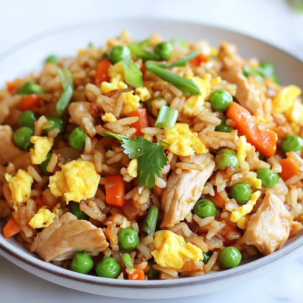 - 2 cups cooked brown rice - 1 pound diced chicken breast - 1 cup mixed vegetables (like carrots, peas, and corn) These main ingredients form the base of your dish. The brown rice adds fiber and nutrients. Chicken breast gives you lean protein. Mixed vegetables add color and crunch. Together, they create a balanced meal. - 3 tablespoons low-sodium soy sauce - 2 tablespoons sesame oil (divided) - 1 clove garlic, minced - 1 teaspoon fresh ginger, grated The seasonings elevate the dish. Low-sodium soy sauce keeps it tasty without too much salt. Sesame oil adds a lovely nutty flavor. Fresh garlic and ginger give your fried rice depth. These ingredients make each bite exciting. - Chopped green onions - Fresh cilantro - Wedge of lime Garnishes enhance both taste and presentation. Green onions add a fresh crunch. Cilantro provides a pop of color and flavor. A squeeze of lime gives a zesty finish. Use these to make your dish look and taste amazing. {{ingredient_image_2}} First, heat one tablespoon of sesame oil in a large skillet over medium-high heat. This oil adds a nice flavor to your chicken. Next, season one pound of diced chicken breast with salt and pepper. Add the chicken to the hot skillet. Cook it for about 5 to 7 minutes. You want it to be golden brown and fully cooked. Once done, remove the chicken and set it aside. Now, use the same skillet. Add another tablespoon of sesame oil and let it heat up. Once hot, add one clove of minced garlic and one teaspoon of grated fresh ginger. Sauté these for about 30 seconds until they smell great, but don’t burn them. After that, toss in one cup of mixed vegetables. Stir-fry them for about 3 to 4 minutes. You want them tender but still colorful. Push the cooked vegetables to one side of the skillet. Create space for the beaten eggs. Pour in two large beaten eggs and scramble them until they are fully set. Mix the eggs with the vegetables. Next, add the cooled two cups of brown rice and the cooked chicken back in. Pour in three tablespoons of low-sodium soy sauce. Toss everything together to coat the rice with the sauce. Finally, stir in two chopped green onions. Taste it and adjust the seasoning if needed. Serve it hot and enjoy! - Use cooled rice for the best frying. Freshly cooked rice is too sticky. - Adjust cook times for chicken and veggies. Chicken needs about 5-7 minutes. Vegetables take about 3-4 minutes. - Try adding a splash of lime juice. It gives a fresh twist. - Use fresh ingredients when you can. They taste better than frozen ones. - A large skillet or wok works best. It gives you more space to stir. - High heat is key for stir-frying. It helps to cook everything quickly and evenly. Pro Tips Use Day-Old Rice: Day-old rice is ideal for fried rice recipes as it is less sticky and holds its shape better during cooking. Customize Your Veggies: Feel free to use any combination of vegetables you have on hand. Bell peppers, broccoli, or snap peas work wonderfully! Perfectly Cooked Eggs: Scramble the eggs separately to ensure they are fluffy and not overcooked. This keeps the texture light in your fried rice. Add Some Heat: For a spicy kick, consider adding red pepper flakes or sriracha to the dish when mixing in the soy sauce. {{image_4}} You can easily change the protein in this dish. If you want less protein, try using tofu or tempeh. They cook well and soak up flavors nicely. For a vegetarian option, use chickpeas or edamame. These options add protein without chicken. Boost nutrition by adding more veggies. I like to mix carrots, peas, and corn, but you can swap in broccoli, bell peppers, or snap peas. Seasonal veggies work great too. In spring, add asparagus or peas; in fall, use squash or kale. Feel free to get creative with your choices! Switch up the sauces for new tastes. Try teriyaki for a sweet kick or oyster sauce for a deeper flavor. If you're into spice, add chili flakes or sriracha. Just a little can make your fried rice sing! Mix and match flavors until you find your favorite. To store your chicken fried rice, let it cool first. Use airtight containers to keep it fresh. Glass or plastic containers work well. Make sure to seal them tightly to prevent air from getting in. This step helps keep your meal tasty and safe. You can freeze chicken fried rice for later use. First, let it cool completely. Then, scoop it into freezer-safe bags. Press out as much air as possible before sealing. This method prevents freezer burn. When you're ready to eat, thaw it overnight in the fridge. Reheat it in a skillet or microwave until hot. In the fridge, chicken fried rice lasts about 3 to 4 days. If you freeze it, you can keep it for up to 3 months. Always check for signs of spoilage before eating. If it smells off or looks strange, throw it away. Yes, you can use brown rice. Brown rice is a great choice. It has more fiber and nutrients. This makes it a healthier option. The nutty flavor of brown rice adds depth to your dish. Plus, it keeps you full longer. When using brown rice, make sure it is cooked and cooled. This helps it fry better in your recipe. To make this dish gluten-free, swap out the soy sauce. Use tamari or coconut aminos instead. Both options provide a similar taste without gluten. Check other ingredients for gluten as well. Ensure the sesame oil is also gluten-free. This way, you can enjoy your chicken fried rice safely. You can serve chicken fried rice with many sides. Try a light soup, like miso or egg drop soup. A fresh salad with a tangy dressing pairs well too. You can also add spring rolls or dumplings for a crunchy side. For a zesty touch, serve lime wedges on the side. This adds brightness to the meal and enhances flavors. In this post, I shared a simple recipe for chicken fried rice. You learned about key ingredients like brown rice, chicken, and mixed veggies. I also covered seasonings and oils to boost flavor. You found step-by-step cooking instructions and helpful tips for the best texture. I shared different variations and storage methods for your leftovers. Now, you can create a delicious meal that fits your taste. Enjoy this dish as a quick dinner or meal prep for the week!