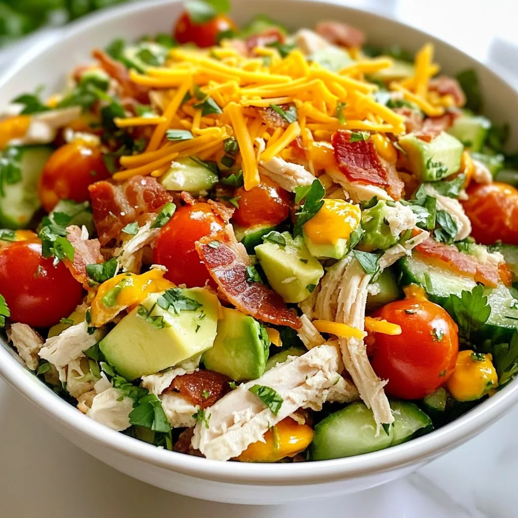 This Loaded BLT Chicken Salad shines with fresh, tasty components. Here’s what you need: - 2 cups cooked chicken, shredded - 4 slices of crispy turkey bacon, chopped - 1 cup cherry tomatoes, halved - 1 ripe avocado, diced - 1/2 cup fresh romaine lettuce, chopped - 1/4 cup red onion, finely chopped - 1 cup cucumber, diced - 1/2 cup shredded sharp cheddar cheese - 1/4 cup mayonnaise - 1 tablespoon Dijon mustard - 1 tablespoon apple cider vinegar - Salt and freshly ground black pepper to taste - Fresh chopped parsley for garnish These ingredients mesh well to create a bright and satisfying dish. For extra flavor or texture, consider these add-ins: - Chopped hard-boiled eggs for added protein - Sliced green onions for a mild onion flavor - Fresh herbs like dill or cilantro for a burst of freshness - Nuts or seeds for a crunch Feel free to mix and match these options to your taste. You can adjust ingredients based on your pantry or preferences: - Use rotisserie chicken instead of cooked chicken for ease. - Swap turkey bacon for regular bacon if you prefer. - Greek yogurt can replace mayonnaise for a lighter dressing. - Any lettuce can substitute romaine for a different crunch. These substitutions help make the recipe fit your needs while keeping it delicious. {{ingredient_image_2}} To start, gather a large mixing bowl. In this bowl, combine 2 cups of shredded cooked chicken and 4 slices of chopped crispy turkey bacon. Next, add 1 cup of halved cherry tomatoes, 1 ripe diced avocado, and 1/2 cup of chopped fresh romaine lettuce. Include 1/4 cup of finely chopped red onion and 1 cup of diced cucumber. Use a spoon to fold everything together gently. This helps mix the flavors without mashing the avocado. Now, take a small bowl for the dressing. Whisk together 1/4 cup of mayonnaise, 1 tablespoon of Dijon mustard, and 1 tablespoon of apple cider vinegar. Add a pinch of salt and freshly ground black pepper. Keep whisking until the mixture is smooth and creamy. Taste it! If needed, adjust the seasoning by adding more salt or pepper. Drizzle the dressing over the salad base. Carefully toss everything to coat the chicken and veggies well. Take your time here. You want every piece to taste great. After that, sprinkle 1/2 cup of shredded sharp cheddar cheese on top. Toss again gently to mix the cheese throughout. Let your loaded salad sit for about 10 minutes. This allows the flavors to meld and taste even better. When ready, serve the Loaded BLT Chicken Salad in bowls or on a platter. Garnish with fresh chopped parsley for a nice touch. Enjoy this colorful and tasty dish! To cook chicken for this salad, I recommend using boneless, skinless chicken breasts. Cook them in a pot of boiling water for about 15 minutes. You want the chicken to reach an internal temperature of 165°F. After cooking, let the chicken cool before shredding it. You can also grill the chicken for a smoky flavor. Just season it with salt and pepper before cooking. Shredded chicken works best for mixing with other ingredients. For this Loaded BLT Chicken Salad, I love using turkey bacon. It’s crispy, tasty, and a healthier choice. You can also use regular bacon if you prefer. Cook the bacon until it's nice and crispy. After cooking, chop it into small pieces. This adds great texture and flavor to the salad. The crispy bits of bacon make every bite exciting. Timing is key for great flavors. After mixing the salad, let it rest for about 10 minutes. This wait allows the ingredients to blend well. The dressing soaks into the chicken and veggies, creating a delicious taste. Serve it right after resting for the best flavor. If you let it sit too long, the salad may become soggy. Enjoy the freshness and crunch! Pro Tips Choose Quality Ingredients: Use the freshest chicken, ripe avocados, and crispy bacon for the best flavor and texture in your salad. Customize Your Dressing: Feel free to add herbs like dill or chives to the dressing for an extra layer of flavor that complements the salad. Prep Ahead: You can prepare the chicken and chop the vegetables in advance. Just combine everything with the dressing right before serving for maximum freshness. Experiment with Add-Ins: Consider adding ingredients like hard-boiled eggs or nuts for added protein and crunch, making your salad even more satisfying. {{image_4}} You can switch the chicken for other meats. Grilled shrimp adds a nice twist. Try pulling some tender pork for a different flavor. If you want, you can use turkey or even ham. Each protein gives a unique taste to the salad. If you skip meat, there are tasty ways to enjoy this salad. You can replace chicken with chickpeas for a protein boost. Tofu works well when marinated and grilled. You can also add hard-boiled eggs for extra creaminess. These swaps keep the flavor high while being meat-free. Using seasonal ingredients makes this salad even better. In summer, juicy peaches or strawberries add sweetness. In fall, roasted butternut squash brings warmth. During winter, you can use hearty kale instead of romaine. These changes keep the salad fresh and exciting all year round. To store your Loaded BLT Chicken Salad, place it in an airtight container. Make sure to cover it tightly to keep out air. This helps keep the salad fresh for longer. You can keep it in the fridge for up to three days. If you know you won't finish it, store the dressing separately. This keeps the salad crisp. I recommend using glass or BPA-free plastic containers. These materials do not react with food. They also help keep flavors intact. Choose containers with tight-fitting lids. This way, your salad stays fresh and ready to eat whenever you are. You do not need to heat this salad. It tastes great cold. If you want to warm the chicken, do so gently in a microwave. Use a microwave-safe dish and cover it loosely. Heat in short bursts, stirring in between. Make sure to not overheat, as this can dry out the chicken. Enjoy your salad at whatever temperature you prefer! Yes, you can make this salad ahead of time. It tastes even better after resting. Just mix all the ingredients and cover them. Store it in the fridge for up to a day. Keep the dressing separate until you're ready to serve. This keeps the salad fresh and crisp. If you want an alternative to mayonnaise, try Greek yogurt. It adds creaminess and protein. You can also use avocado for a richer flavor. Another option is to mix sour cream with a bit of mustard. Each choice gives a unique twist to the salad. Absolutely! This salad is great for meal prep. You can divide it into containers for easy lunches. Keep the dressing in a small jar to add later. This helps keep the salad fresh. You can enjoy it throughout the week without losing flavor. We explored key ingredients, step-by-step instructions, and helpful tips for your salad. From cooking chicken and choosing bacon to finding the best storage methods, every part matters. Remember, you can customize with different proteins or seasonal ingredients. Enjoy the freedom to mix flavors and make it your own. With this guide, making a delicious salad becomes easy and fun. Try it yourself, and enjoy a tasty meal!