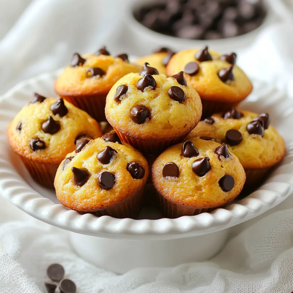 For my mini chocolate chip muffins, I use simple ingredients that make a big impact. Here’s what you need: - 1 cup all-purpose flour - 1/2 cup granulated sugar - 1/2 teaspoon baking powder - 1/4 teaspoon baking soda - 1/4 teaspoon salt - 1/2 cup unsalted butter, melted and cooled - 1 large egg - 1 teaspoon vanilla extract - 1/2 cup buttermilk (or milk with 1/2 tablespoon vinegar added) - 1 cup mini chocolate chips These ingredients work together to create a soft and sweet treat. The all-purpose flour provides the base, while sugar adds sweetness. Baking powder and baking soda help the muffins rise. The buttermilk keeps them moist and fluffy. To make your muffins even tastier, consider adding these optional ingredients: - A pinch of cinnamon for warmth - Chopped nuts like walnuts or pecans - A splash of almond extract for a nutty twist These extras let you personalize your muffins. A little spice or crunch can elevate the flavor. Using high-quality ingredients makes a difference in your muffins. Here are my tips: - Choose fresh baking powder and baking soda. Old ones may not rise well. - Use real vanilla extract instead of imitation for a richer flavor. - Opt for unsalted butter to control the saltiness of your muffins. These small choices lead to big flavor in your baked goods. Quality ingredients help you create the best mini chocolate chip muffins every time. {{ingredient_image_2}} First, preheat your oven to 350°F (175°C). This gets it ready for baking. Next, grab a mini muffin tin and line it with paper liners. You can also spray it with non-stick cooking spray. In a large bowl, mix the dry ingredients. Add 1 cup of all-purpose flour, 1/2 cup of granulated sugar, 1/2 teaspoon of baking powder, 1/4 teaspoon of baking soda, and 1/4 teaspoon of salt. If you want a hint of spice, add a pinch of cinnamon. Whisk these until they blend well. Now, in another bowl, combine your wet ingredients. Use 1/2 cup of melted butter (make sure it’s cooled), 1 large egg, 1 teaspoon of vanilla extract, and 1/2 cup of buttermilk. Whisk these until smooth. Pour the wet mix into the dry mix. Use a spatula to fold them together gently. Be careful! Overmixing can make your muffins tough. It’s okay if some lumps remain. Finally, gently fold in 1 cup of mini chocolate chips. Make sure they spread evenly through the batter. Now, it’s time to fill the muffin cups. Use a small cookie scoop or a spoon to fill each cup about two-thirds full. This gives them room to rise. Place the muffin tin in your preheated oven. Bake for 10 to 12 minutes. Your muffins are done when they are golden brown. To check, insert a toothpick into the center of a muffin. If it comes out clean, they’re ready! To ensure your muffins are perfect, watch for these signs: - They should be golden brown on top. - The tops should spring back when you press them lightly. - A toothpick inserted into the center should come out clean. If you see any wet batter on the toothpick, bake them for another minute or two. Remember to let the muffins cool in the tin for about five minutes before transferring them to a wire rack. Enjoy the warm, chocolatey goodness! To get fluffy mini chocolate chip muffins, use room-temperature ingredients. Cold ingredients can make your muffins dense. Whisk the dry ingredients well before adding the wet ones. This helps mix the baking powder and soda evenly. When you combine wet and dry, fold gently. Overmixing can lead to tough muffins. Avoid using melted butter that is too hot. Hot butter can cook the egg, causing clumps. Don’t skip the buttermilk; it adds moisture and flavor. Make sure to fill the muffin cups only two-thirds full. If you overfill, they will spill over while baking. Lastly, don’t forget to check your oven temperature. An oven that is too hot can burn the muffins. A good muffin tin is key for baking. Look for one with non-stick coating or use liners. A scoop helps fill the cups evenly. A whisk is essential for mixing dry ingredients well. Finally, a toothpick is great for checking if the muffins are done. Use these tools to ensure your muffins turn out perfectly every time! Pro Tips Use Room Temperature Ingredients: Ensure your egg and buttermilk are at room temperature for better emulsification, resulting in a lighter muffin texture. Don’t Overmix the Batter: Mixing just until the ingredients are combined helps to keep the muffins tender and fluffy. Experiment with Mix-Ins: Feel free to add nuts, dried fruits, or a sprinkle of sea salt on top for additional flavor and texture variations. Check for Doneness: Insert a toothpick into the center of a muffin; it should come out clean or with a few crumbs, but not wet batter. {{image_4}} You can easily change your mini chocolate chip muffins. Try adding nuts or fruits. Chopped walnuts or almonds add crunch. You can also use blueberries or raspberries for a fruity twist. Mix in a teaspoon of instant coffee for a mocha flavor. Just remember to keep the chocolate chips for that sweet touch. For gluten-free muffins, swap all-purpose flour for a gluten-free blend. Many brands work well. You can use almond milk or coconut milk instead of regular milk. This makes the muffins dairy-free too. Just be sure to check labels for hidden gluten and dairy. Change the flavor with the seasons. In fall, add pumpkin puree and spices like nutmeg and cinnamon. In spring, mix in lemon zest and poppy seeds for a fresh taste. For summer, try adding fresh berries or peach chunks. These twists keep your muffins exciting year-round! To keep your mini chocolate chip muffins fresh, store them in an airtight container. This keeps moisture in and prevents them from drying out. You can leave them at room temperature for up to three days. Place a paper towel at the bottom of the container to absorb any excess moisture. If you want to keep them longer, consider refrigeration, but this may change their texture. When you're ready to enjoy leftover muffins, reheating is easy. You can use the microwave for a quick fix. Heat them for 10-15 seconds until warm. For a better texture, use an oven. Preheat it to 350°F (175°C), then warm the muffins for about 5-7 minutes. This helps restore that fresh-baked taste. Freezing is a great way to store muffins for later. First, let them cool completely. Then, wrap each muffin tightly in plastic wrap. Place the wrapped muffins in a freezer-safe bag or container. They will stay good for about three months. When you're ready to eat them, just thaw at room temperature or reheat directly from the freezer. You can swap eggs with applesauce. Use 1/4 cup of unsweetened applesauce for each egg. This will keep the muffins moist. Another option is to use a flaxseed meal. Mix 1 tablespoon of flaxseed meal with 2.5 tablespoons of water. Let it sit for five minutes to thicken. Both options work well, giving you tasty muffins without eggs. Yes, you can use whole wheat flour. It adds fiber and nutrients. However, the muffins may be denser. To balance this, use 1 cup of whole wheat flour and add 2 tablespoons of all-purpose flour. This mix helps make the muffins lighter while keeping the health benefits of whole wheat. Homemade mini chocolate chip muffins last about three days at room temperature. Store them in an airtight container to keep them fresh. You can also freeze them for up to three months. Just thaw them in the fridge overnight for a quick snack or breakfast! In this post, we covered everything about mini chocolate chip muffins. You learned about key ingredients and tips for quality. I shared step-by-step instructions for making the batter and baking. You also found tricks for fluffy muffins and common mistakes to avoid. Plus, there are great variations for different diets. Remember how to store, reheat, and freeze your muffins for later. With this guide, you can bake tasty muffins that all will enjoy. Now, it’s time to get baking and have fun in the kitchen!