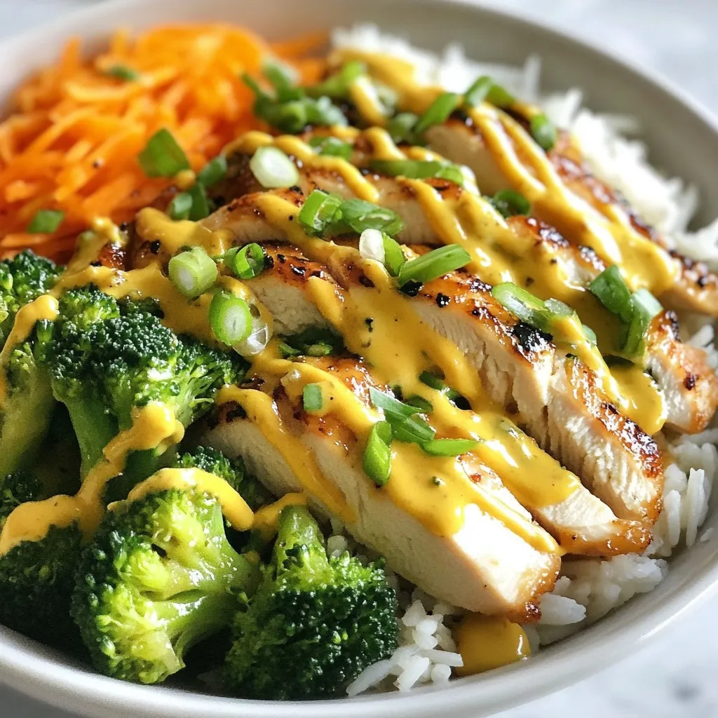 - 2 boneless, skinless chicken breasts - 1 cup cooked jasmine rice - 1 cup broccoli florets - 1/2 cup shredded carrots - 1/4 cup sliced green onions - 1/4 cup mayonnaise - 2 tablespoons sweet chili sauce - 1 tablespoon sriracha (adjust according to your spice preference) - 1 tablespoon fresh lime juice - 1 teaspoon garlic powder - Salt and pepper to taste The chicken is the star here. I use boneless, skinless breasts for quick cooking. Cooking them well is key. The jasmine rice provides a nice base. You can’t beat its fluffy texture. Broccoli and carrots add color and crunch. They also give a healthy boost. The bang bang sauce ties everything together. It starts with mayonnaise for creaminess. Sweet chili sauce gives it a sweet kick. Sriracha adds heat, but you can adjust it. A splash of lime juice brightens the flavors. Garlic powder adds depth, making the sauce truly special. - Green onions - Sesame seeds - Fresh herbs Garnishes make your bowl pop! Green onions add a fresh taste. Sesame seeds give a nice crunch. Fresh herbs, like cilantro, bring more flavor and color. Feel free to mix and match these toppings. - Calories per serving: Approximately 550 calories - Key macronutrient breakdown: - Protein: 30g - Carbohydrates: 60g - Fat: 20g This bowl is not just tasty; it's satisfying too. With around 550 calories, it fits a balanced meal. You get plenty of protein from the chicken. The rice offers good carbs for energy. The healthy fats come from the sauce. Each bite gives you a boost while being enjoyable. {{ingredient_image_2}} To start, season the chicken breasts. Use salt, pepper, and garlic powder. This step adds great flavor. For cooking, I suggest using a non-stick skillet. Pour in a splash of olive oil and heat it over medium. Once the oil shimmers, add the seasoned chicken. Cook each side for about 6-7 minutes. The chicken needs to reach 165°F (75°C) inside. You want a golden brown color with no pink. While the chicken cooks, grab a small pot. Fill it with water and bring it to a boil. Add the broccoli florets and blanch for 2-3 minutes. This helps keep them bright and crisp. After blanching, drain the broccoli. Rinse it with cold water to stop the cooking. If you want to change up the veggies, try snap peas, bell peppers, or zucchini. Each option brings its unique flavor and texture. Now, let’s make the Bang Bang sauce. In a small bowl, mix mayonnaise, sweet chili sauce, sriracha, and lime juice. Whisk until smooth. This sauce adds a creamy, tangy kick to the bowl. For spice lovers, add more sriracha. If you prefer it milder, reduce the amount. Adjust it to fit your taste! To make the chicken tender, start with good seasoning. Use salt, pepper, and garlic powder. Season both sides well before cooking. This adds flavor from the start. Cook the chicken in a non-stick skillet. Heat olive oil over medium heat. Cook each side for about 6-7 minutes. The chicken should be golden brown, with no pink inside. Use a thermometer to check that it reaches 165°F (75°C). When serving, think about colorful side dishes. Steamed rice works great here, but you can also try quinoa. A bright green salad adds freshness. For presentation, use a colorful bowl. Layer the rice, chicken, and veggies neatly. Drizzle the bang bang sauce on top. You can sprinkle green onions or sesame seeds for a little flair. This makes your bowl pop with color and flavor. Prep your chicken and veggies early in the day. You can cook the chicken and store it in the fridge. Keep it in an airtight container. It stays good for about 3 days. Cooked rice and veggies can also be stored. Just reheat them when you’re ready to eat. For meal prep, pack everything in separate containers. This way, you can grab a bowl on busy days. Pro Tips Marinate for Extra Flavor: Consider marinating the chicken for at least 30 minutes or up to overnight in a mixture of lime juice, garlic powder, and a touch of soy sauce to enhance flavor and tenderness. Perfectly Cooked Chicken: Use a meat thermometer to check the chicken's internal temperature, ensuring it reaches 165°F (75°C) for safe consumption while keeping it juicy. Customize Your Sauce: Feel free to adjust the levels of sriracha or sweet chili sauce in the Bang Bang sauce according to your taste preferences, adding more for extra heat or sweetness. Add Texture: For an added crunch, consider topping your bowl with toasted nuts or crispy fried onions for a delightful contrast to the tender chicken and fresh veggies. {{image_4}} You can switch out the chicken for tofu or shrimp. Tofu works well if you want a vegan option. Just press it to remove extra water and cube it. Cook it until golden for a nice texture. Shrimp cooks quickly and adds a sweet taste. Use about 8-10 shrimp for this bowl. If you prefer other chicken cuts, try thighs or tenders. They stay juicy and flavorful. If you want a vegan sauce, swap mayonnaise for a plant-based version. You can also use cashew cream or Greek yogurt for a creamy base. For a homemade sauce, mix tahini with lime juice and chili sauce. This will give you a nice twist on flavor. Adjust the heat by adding more sriracha or chili flakes. If jasmine rice isn't your thing, use brown rice or quinoa. Both add a nutty flavor and more fiber. You can also go for cauliflower rice for a low-carb option. When it comes to veggies, feel free to mix it up. Add bell peppers, snap peas, or even corn. These swaps keep your bowl fresh and exciting. To store leftovers, let the bowl cool first. Place it in an airtight container. This keeps the bowl fresh. You can keep it in the fridge for up to three days. If you notice the rice getting dry, add a splash of water when reheating. You can freeze the Bang Bang Chicken Bowl too. Just make sure to store it in a freezer-safe container. It will stay good for about one month. When you're ready to eat it, move it to the fridge overnight to thaw. Reheat in the microwave until hot. Stir well to combine the sauce again. Look for signs of spoilage before eating. If you see any mold or a bad smell, toss it out. Always wash your hands before handling food. Use clean utensils to serve. This keeps your meal safe and tasty. You can use many rice types in place of jasmine rice. Here are some options: - Basmati rice - This has a nice aroma and fluffy texture. - Brown rice - A whole grain option that is healthy and filling. - Quinoa - A protein-rich grain with a nutty flavor. - Cauliflower rice - A low-carb alternative that is light and tasty. You can also try other grains: - Farro - Chewy and hearty, great for a different texture. - Barley - Adds a nice chew and is very nutritious. Bang Bang Chicken Bowl can be spicy, but you can adjust the heat. The sriracha in the sauce adds heat, but you can use less. For a milder version, try these tips: - Use only a small amount of sriracha, or leave it out. - Add more mayonnaise to tone down the heat. - Serve with extra lime on the side. Lime juice adds flavor without spice. Yes, you can make Bang Bang Chicken Bowl ahead of time. Here are some meal prep strategies: - Cook the chicken and veggies in advance. Store them in airtight containers. - Make the sauce and keep it in the fridge for up to a week. To store and reheat: - Keep rice separate to avoid sogginess. - Reheat chicken and veggies in a skillet or microwave. - Add the sauce just before serving for the best flavor. We covered how to make a tasty Bang Bang Chicken Bowl with simple steps. You learned about the main ingredients, how to prepare the chicken, vegetables, and sauce, plus tips for perfecting your dish. We also explored variations, storage methods, and common questions. Now, you can enjoy a delicious meal that suits your tastes and fits your schedule. Whether you try new proteins or make it ahead, this bowl is a win. Enjoy cooking and tasting your creations!