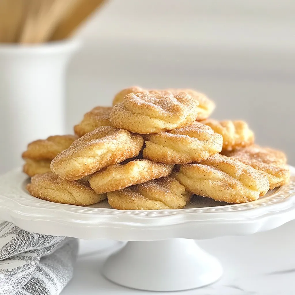 To make chewy churro cookies, gather these items: - 1 cup unsalted butter, softened - 1 cup granulated sugar, plus extra for coating - 2 large eggs, at room temperature - 1 teaspoon pure vanilla extract - 3 cups all-purpose flour, sifted - 1 teaspoon baking powder - 1 teaspoon ground cinnamon, plus extra for coating - ½ teaspoon salt - ½ cup granulated sugar (for rolling) - 2 teaspoons ground cinnamon (for rolling) You can swap some ingredients if needed: - Use coconut oil for butter to make it dairy-free. - Try brown sugar instead of white sugar for a deeper flavor. - For eggs, use flaxseed meal mixed with water as a vegan option. - Use gluten-free flour if you want a gluten-free version. When choosing your ingredients, pay attention to these tips: - Always pick unsalted butter for better control over salt levels. - Choose pure vanilla extract, not imitation, for a richer taste. - Use fresh ground cinnamon for the best flavor. - Opt for high-quality flour to ensure good texture. - Make sure your eggs are fresh; check the sell-by date. These tips help create the best chewy churro cookies you’ll ever make! {{ingredient_image_2}} First, preheat your oven to 350°F (175°C). This step is key for even baking. Next, take two baking sheets and line them with parchment paper. This helps prevent the cookies from sticking. In a large mixing bowl, cream together 1 cup of softened butter and 1 cup of granulated sugar. Use an electric mixer or a sturdy spatula. Mix until the mixture is light and fluffy. This should take about 3 to 5 minutes. A good cream helps the cookies rise well. Now, add in the eggs one at a time. Make sure to mix well after each one. This helps the eggs blend smoothly. After that, stir in 1 teaspoon of pure vanilla extract. This adds a lovely flavor to the cookies. In a separate bowl, combine 3 cups of sifted all-purpose flour, 1 teaspoon of baking powder, 1 teaspoon of ground cinnamon, and ½ teaspoon of salt. Whisk these dry ingredients thoroughly. This ensures the flavors mix well. Gradually add the dry mix to your wet ingredients. Stir gently until just combined to keep the cookies chewy. Next, you’ll need to portion the dough. Use a cookie scoop or a tablespoon to scoop out the dough. Roll each piece into a smooth ball using your hands. This helps shape them for baking. In a small bowl, mix together ½ cup of granulated sugar and 2 teaspoons of ground cinnamon. Roll each dough ball in this mixture. Make sure each ball is coated well. This gives the cookies that classic churro flavor. Place the coated dough balls on your prepared baking sheets. Leave about 2 inches of space between each one. Bake in the oven for 10 to 12 minutes. The edges should be lightly golden, while the centers stay soft. This keeps them chewy. After baking, let the cookies cool on the sheets for about 5 minutes. Then, transfer them to a wire rack to cool completely. To get that chewy texture in your churro cookies, focus on mixing. Cream the butter and sugar well. This step adds air and keeps cookies soft. When you mix the dry ingredients in, do it gently. Overmixing can lead to tough cookies. You want to blend until just combined. The dough should be soft but not sticky. One common mistake is using cold ingredients. Always use room-temperature butter and eggs. Cold ingredients can cause your cookies to spread too much. Another mistake is baking too long. If you leave cookies in the oven too long, they lose that chewiness. Keep an eye on them, especially towards the end of baking. To check if your cookies are done, look at the edges. They should be lightly golden. The centers should look soft and slightly underbaked. This is key for that chewy texture. If you press gently, they should bounce back a little. If they don’t, give them a minute more. Remember to cool them on the baking sheet for a few minutes before moving them. Pro Tips Room Temperature Ingredients: Ensure your eggs and butter are at room temperature for better incorporation and a uniform texture in your cookies. Chill the Dough: For even chewier cookies, chill the dough for 30 minutes before baking. This helps to enhance the flavors and prevents excessive spreading. Check for Doneness: Keep an eye on your cookies in the oven; they should be lightly golden on the edges while remaining soft in the center for the perfect chewy texture. Extra Cinnamon-Sugar Coating: For a more intense flavor, increase the amount of cinnamon-sugar used for coating. You can even add a pinch of nutmeg for a unique twist! {{image_4}} You can easily add chocolate chips to your churro cookies. Just mix in 1 cup of semi-sweet chocolate chips after you combine the dry and wet ingredients. This makes a warm, gooey treat. The chocolate pairs well with the cinnamon flavor. You can use milk or dark chocolate too, depending on your taste. To make gluten-free churro cookies, swap out regular flour for a gluten-free blend. Look for blends that include xanthan gum. This helps keep the cookies chewy and soft. You can also use almond flour for a nutty flavor and a great texture. Just remember to adjust the baking time based on the flour you choose. Adding nuts gives your churro cookies a nice crunch. Chop ½ cup of pecans or walnuts and fold them into the dough after mixing the wet and dry ingredients. The nuts add a rich flavor that complements the cinnamon. Toasting the nuts slightly before adding them can enhance their taste even more. To keep your chewy churro cookies fresh, store them in an airtight container. This prevents air from making them dry. Use a container that fits the cookies snugly. Line the bottom with parchment paper for extra protection. You can also add a slice of bread to help keep them soft longer. If you want to save some cookies for later, freezing is a great option. First, let the cookies cool completely. Then, place them in a single layer on a baking sheet. Freeze for about 1 hour until firm. Next, transfer the cookies to a freezer bag. Make sure to remove as much air as you can before sealing. They will stay fresh for up to three months. To keep your cookies tasting great, avoid storing them in the fridge. The cold can dry them out. Instead, keep them at room temperature. Make sure they are in a cool, dark place. If you notice the cookies getting hard, you can microwave them for a few seconds. This will bring back some of their softness! Yes, you can use margarine if you want. But butter gives cookies a better taste. Margarine can change the texture. If you do use margarine, choose one that is not too soft. This keeps your cookies nice and chewy. If your dough feels sticky, don’t worry! Just add a little more flour. Start with one tablespoon at a time. Mix it in until the dough is easier to handle. You can also chill the dough for about 30 minutes. This makes it firmer and easier to roll. Chewy churro cookies stay fresh for about a week. Keep them in an airtight container. This keeps them soft and chewy. If you want them to last longer, you can freeze them. They can stay in the freezer for up to three months. Yes, you can make these cookies ahead of time! You can prepare the dough and chill it. Then, scoop and roll the dough balls. Place them on a baking sheet and freeze. Once frozen, store them in a bag. You can bake them later as needed. Absolutely! Chewy churro cookies make great gifts. You can package them in nice bags or boxes. Add a sprinkle of cinnamon-sugar on top for a lovely look. Friends and family will love receiving these tasty treats! Now you know the best ingredients and steps to make chewy churro cookies. Remember to pick high-quality ingredients and follow my tips for that perfect texture. Avoid common mistakes and test for doneness to ensure a great batch every time. Feel free to try fun variations, and don't forget proper storage to keep them fresh. Enjoy baking and sharing these delightful treats with others!