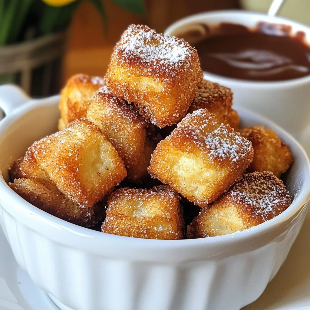 - 1 angel food cake (store-bought or homemade) - 1 cup granulated sugar - 2 teaspoons ground cinnamon - ½ cup unsalted butter, melted - 1 cup chocolate sauce (for dipping) - Optional: powdered sugar for dusting To make these angel food churro bites, you need a few simple ingredients. The star is the angel food cake, which you can buy or bake yourself. You will also need sugar and cinnamon to create that classic churro taste. The butter helps the sugar stick, while the chocolate sauce adds a sweet dip. If you want, you can dust the bites with powdered sugar for extra sweetness. Using fresh ingredients makes a big difference. If you can, use a homemade angel food cake. It tastes better and feels special. The cinnamon and sugar mix gives a warm flavor that pairs perfectly with the light cake. Each ingredient plays a key role in making this treat tasty and fun. The cake is fluffy, the butter adds richness, and the chocolate sauce brings it all together. You can personalize this recipe by adding your favorite dips or toppings. Enjoy creating these delicious bites! {{ingredient_image_2}} - Preheat the Oven: Begin by preheating your oven to 350°F (175°C). - Slice the Angel Food Cake into Cubes: If you're using a store-bought cake, take it out of the packaging. Cut it into bite-sized cubes, about 1-2 inches. - Prepare the Cinnamon Sugar: In a small bowl, mix 1 cup of granulated sugar with 2 teaspoons of ground cinnamon. Stir well until combined. Set this aside for later. - Dip Cake Cubes in Melted Butter: Take each cake cube and dip it into ½ cup of melted unsalted butter. Make sure to coat all sides evenly. - Roll in Cinnamon Sugar: After buttering, roll each cube in the cinnamon sugar mixture until fully coated. This gives them that churro flavor. - Arrange on a Baking Sheet: Line a baking sheet with parchment paper. Place the coated cake bites on the sheet, spacing them about an inch apart for even baking. - Bake and Cool the Churro Bites: Bake in the preheated oven for 8-10 minutes until golden and crisp. Once done, let them cool for 3-4 minutes. - Serve with Chocolate Dipping Sauce: Serve the warm churro bites with a cup of chocolate sauce for dipping. Enjoy the mix of soft and crispy textures! - Use parchment paper to line your baking sheet. - Space your churro bites an inch apart. This helps them bake evenly. - Keep an eye on them after 8 minutes. They should be golden brown. - Serve churro bites in a fun bowl. - Drizzle extra chocolate sauce on top for flair. - Add fresh fruits like strawberries or raspberries. A sprinkle of mint adds color. - Try caramel or strawberry sauce for dipping. - Add a pinch of nutmeg to the cinnamon sugar. It gives a warm twist. - Experiment with other spices like cayenne for heat. Pro Tips Use Fresh Ingredients: Always opt for fresh angel food cake for the best flavor and texture. If making it at home, ensure all ingredients are at room temperature for optimal mixing. Perfect Your Cinnamon Sugar: For a more intense flavor, try adding a pinch of nutmeg or vanilla powder to your cinnamon sugar mixture. Monitor Baking Time: Keep an eye on the churro bites while baking; they can go from golden to overbaked quite quickly. Remove them as soon as they are lightly golden. Customize Your Dipping Sauce: Experiment with different dipping sauces such as caramel or a fruit puree to create unique flavor combinations. {{image_4}} You can switch up your angel food cake for a fun twist. Try using flavored angel food cakes. Lemon or almond flavors add a fresh taste. They make your churro bites even more special. For those who need gluten-free options, look for gluten-free angel food cakes. Many stores sell them, or you can make your own from gluten-free flour. The classic cinnamon sugar coating is great, but you can mix it up! Add crushed nuts, like almonds or pecans, to the coating for extra crunch. This gives each bite a unique texture. You can also try different sugar and spice combos. Try using brown sugar or adding cayenne for a spicy kick. The options are endless! These churro bites are perfect with a scoop of ice cream. Vanilla or chocolate ice cream pairs well with the warm bites. You can also present them on a dessert platter. Add fresh fruits like strawberries or raspberries. This not only looks pretty but also balances the sweetness. Don’t forget to drizzle some extra chocolate sauce over everything for a fun touch! To keep your churro bites fresh, let them cool completely. Place the bites in an airtight container. You can use glass or plastic containers. Line the bottom with paper towels to absorb moisture. This helps keep them crispy. You can freeze these churro bites for later. First, allow them to cool fully. Then, place them on a baking sheet in a single layer. Freeze until solid, about 1-2 hours. Once frozen, transfer the bites into a freezer-safe bag. Seal tightly to avoid freezer burn. To thaw, take out the desired amount and let them sit at room temperature for about 30 minutes. You can also reheat them in the oven at 350°F (175°C) for 5-7 minutes for a fresh taste. When stored properly, churro bites last for about 3-4 days in the fridge. If frozen, they can last up to 2 months. Check for signs of spoilage before eating. Look for changes in color, smell, or texture. If they seem off, it’s best to toss them. To make angel food cake, you need simple ingredients. Gather: - 1 cup egg whites (about 8-10 eggs) - 1 cup granulated sugar - 1 cup cake flour - 1 teaspoon vanilla extract - 1/4 teaspoon salt Start by beating the egg whites until they are fluffy. Gradually add sugar, mixing well. Then, sift flour and salt together. Gently fold this mixture into the egg whites. Add vanilla and mix gently. Pour into an ungreased pan and bake at 350°F (175°C) for 30-35 minutes. Let it cool upside down to keep its height. Yes, you can prepare churro bites ahead of time. Follow these steps: - Make the angel food cake a day before. - Store it in an airtight container to keep it fresh. - Cut the cake into cubes when ready to bake. - Coat and bake just before serving for the best taste. This way, you save time and can enjoy the bites warm. There are many great options for dipping sauces! Try these: - Caramel sauce for a sweet twist. - Cream cheese frosting for a rich taste. - Vanilla yogurt for a lighter choice. - Fruit puree like strawberry or raspberry for freshness. These sauces add fun flavors to your churro bites! Yes, churro bites can fit various diets. Here are some options: - For gluten-free, use a gluten-free angel food cake mix. - For dairy-free, substitute butter with a plant-based option. - To lower sugar, use a sugar substitute in the coating. These choices help more people enjoy this tasty treat! These churro bites are simple to make and full of flavor. In this blog, we covered the main ingredients, step-by-step instructions, and creative variations. You learned how to coat cake cubes and bake them for a tasty treat. Remember to store any leftovers properly to keep them fresh. I hope you try different flavors and sauces to make these churro bites your own. Enjoy experimenting and sharing these delightful desserts with family and friends!