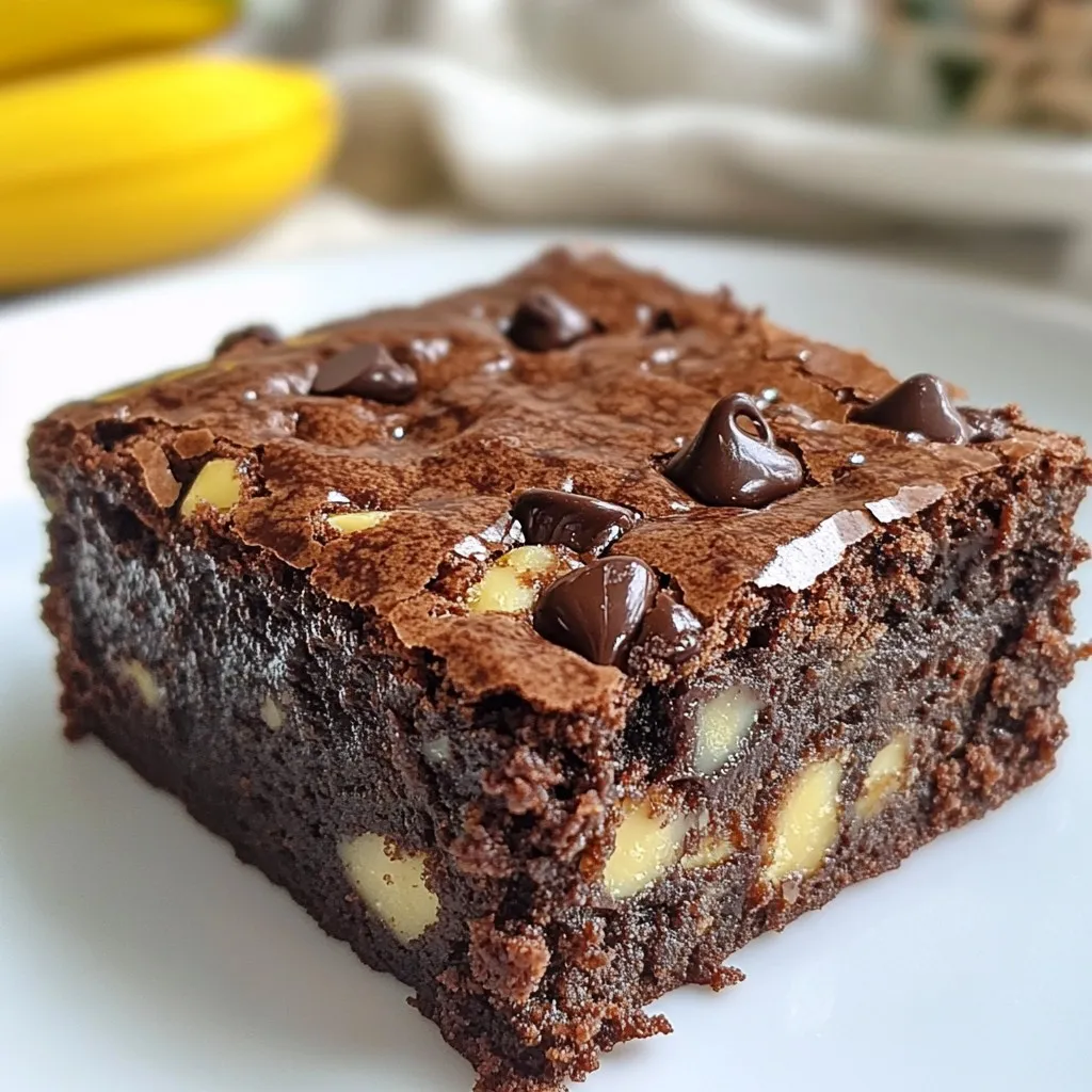 To make delicious banana brownies, you'll need a few key ingredients: - 2 ripe bananas, thoroughly mashed until smooth - 1 cup almond butter (or your favorite nut butter) - 1/3 cup honey or maple syrup for sweetness - 1/2 cup unsweetened cocoa powder for rich chocolate flavor - 1/2 teaspoon pure vanilla extract - 1/4 teaspoon baking soda for leavening - 1/4 teaspoon fine sea salt - 1/2 cup dark chocolate chips for indulgent richness These ingredients create a rich and fudgy treat. The bananas add natural sweetness and moisture. Almond butter gives a creamy texture and nutty flavor. Cocoa powder brings deep chocolate notes, while honey or maple syrup balances the flavors with sweetness. You can customize your banana brownies with some optional add-ins: - 1/4 cup chopped nuts (such as walnuts or pecans) for an added crunch If you want to change a few ingredients, here are some ideas: - Substitute almond butter with peanut butter or sunflower seed butter for different flavors. - Use agave syrup instead of honey or maple syrup for a vegan option. - Swap dark chocolate chips for milk or white chocolate chips if you prefer a sweeter taste. Feel free to experiment with what you have at home to make these brownies your own. These banana brownies can fit into several diets: - Gluten-Free: Use gluten-free certified cocoa powder and nut butter. - Vegan: Substitute honey with maple syrup or agave syrup. - Nut-Free: Replace almond butter with sunflower seed butter. Always check labels to ensure that your ingredients meet your dietary needs. Enjoy these fudgy delights while catering to your health choices! {{ingredient_image_2}} Start by preheating your oven to 350°F (175°C). This step is crucial. While your oven heats, take an 8-inch square baking pan. Line it with parchment paper. Leave some paper hanging over the edges. This helps lift the brownies out later. In a large mixing bowl, mash 2 ripe bananas until smooth. You can use a fork or a whisk. Then, add 1 cup of almond butter. Mix them together until creamy. Make sure there are no lumps. This mixture will be the heart of your brownies. Next, add the honey or maple syrup for sweetness. Measure out 1/3 cup. Now, sprinkle in 1/2 cup of unsweetened cocoa powder. Don’t forget 1/2 teaspoon of pure vanilla extract too. Add 1/4 teaspoon of baking soda and 1/4 teaspoon of fine sea salt. Stir everything together until it’s all blended well. The batter should be thick and smooth. Now, it’s time to make your brownies extra special. Gently fold in 1/2 cup of dark chocolate chips. If you like, add 1/4 cup of chopped nuts, like walnuts or pecans. Use a rubber spatula for this. Make sure to mix just enough to distribute the chips and nuts. Don’t overmix! Pour the batter into your lined baking pan. Use a spatula to smooth the top. Place the pan in your preheated oven. Bake for 25-30 minutes. To check if they are done, insert a toothpick in the middle. It should come out mostly clean. A few moist crumbs are okay. This means your brownies are fudgy. Once baked, carefully take the pan out of the oven. Let the brownies cool in the pan for about 10 minutes. After that, use the overhanging parchment to lift them out. Place them on a wire rack to cool completely. Finally, cut them into 16 squares. Enjoy your fudgy and rich banana brownies! To get that rich, fudgy texture in your banana brownies, start with overripe bananas. They add moisture and natural sweetness. Next, mix the almond butter well with the mashed bananas. This creates a creamy base. Use unsweetened cocoa powder for deep flavor. Don't overmix the batter after adding the dry ingredients. This keeps the brownies dense and chewy. Bake them just until a toothpick comes out with a few crumbs, not clean. This step is key for fudgy goodness. One common mistake is using under-ripe bananas. They won’t provide the same moisture or sweetness. Also, avoid overbaking. The brownies should remain soft in the middle. Another tip: don’t skip the salt. It enhances the chocolate flavor. Lastly, be careful when mixing. Overmixing can add air, making brownies cake-like instead of fudgy. Serve your banana brownies warm for a gooey treat. Top with a dollop of whipped cream or a scoop of vanilla ice cream. You can also sprinkle extra chocolate chips on top for added indulgence. For a crunchy twist, add chopped nuts on the side. Enjoy them with a cup of coffee or tea for a cozy snack. Pro Tips Use Ripe Bananas: The riper the bananas, the sweeter and more flavorful your brownies will be. Look for bananas with plenty of brown spots for the best results. Nut Butter Variations: Feel free to experiment with different nut butters, such as peanut or cashew butter, to customize the flavor of your brownies. Chill for Fudginess: For an extra fudgy texture, chill the brownies in the refrigerator for about an hour after they have cooled to room temperature. Enhance with Spices: Consider adding a pinch of cinnamon or a splash of espresso powder to the batter for a delicious depth of flavor. {{image_4}} You can make these banana brownies gluten-free. Use gluten-free flour blends instead of regular flour. Many brands offer great blends that work well in baking. This change keeps the brownies rich and fudgy. Just make sure to check the labels. Some blends may also contain added sugars or starches. To make vegan banana brownies, swap honey for maple syrup. This keeps them sweet without using animal products. Use a nut butter without added oils or dairy. You can also skip the chocolate chips or choose dairy-free ones. These small changes keep the flavor great while following a vegan diet. If you need nut-free brownies, use sunflower seed butter. This works well in place of almond butter. Sunflower butter has a smooth texture and mild taste. You can also skip the nuts if you prefer. This way, everyone can enjoy the brownies without worry. To keep your banana brownies fresh, store them in an airtight container. Place parchment paper between layers to avoid sticking. Keep the container at room temperature if you eat them in a few days. If you want them to last longer, refrigeration is a good choice. Just remember to let them cool completely before storing. When stored properly, these brownies will stay fresh for about 3 to 4 days. In the fridge, they can last up to a week. If you notice any changes in color or smell, it’s best to toss them. Always check for mold or unusual textures before enjoying. Freezing is a great way to save your brownies for later. Cut them into squares and wrap each piece tightly in plastic wrap. Place the wrapped brownies in a freezer-safe bag or container. They can stay frozen for up to 3 months. When you're ready to eat, thaw them at room temperature for a few hours. Enjoy the fudgy goodness! Yes, you can make these brownies without eggs. The ripe bananas act as a binder. They keep the brownies moist and fudgy. If you want more binding power, try adding a bit of ground flaxseed mixed with water. This will help keep the texture great. You should use very ripe bananas. The peels should have brown spots or be mostly brown. Ripe bananas are sweeter and softer. They mash easily and blend well into the mix. This gives the brownies a rich flavor. You can use any nut butter you enjoy. Peanut butter is a popular choice. Sunflower seed butter is a good option for nut-free diets. Just make sure the texture is similar. This keeps the brownies creamy and rich. Yes, you can add peanut butter. Swirling it into the batter adds a nice flavor. You can also use it as a topping. Just remember, it may change the taste slightly. Don't be afraid to experiment! To check for doneness, insert a toothpick into the center. It should come out with a few moist crumbs. If it comes out clean, the brownies may be overbaked. Aim for that fudgy texture for the best results. Yes, you can reduce the honey or maple syrup. You could also try using a sugar substitute. Just make sure it’s suitable for baking. This keeps the brownies sweet without the extra sugar. In this post, we explored how to make delicious banana brownies. We covered key ingredients, options for add-ins, and dietary needs. Then, I shared simple steps for making the brownies, tips for the best texture, and ways to avoid common mistakes. We also discussed variations for different diets and how to store them. Banana brownies are flexible and tasty. Feel free to adjust the recipe to suit your needs. Enjoy your baking and share these treats with friends and family!