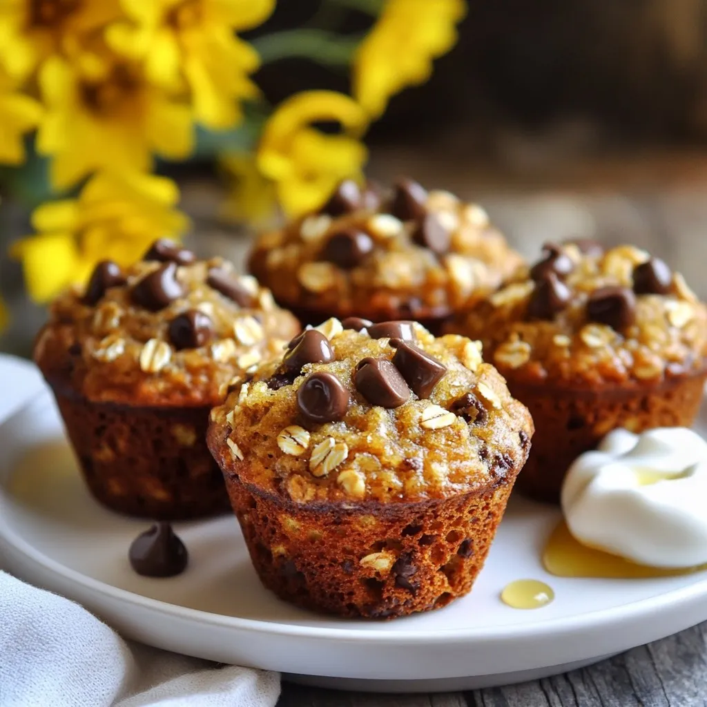 To make oatmeal chocolate chip breakfast muffins, you will need a mix of healthy and tasty ingredients. Each one adds flavor and texture to these muffins. Here’s what you need: - Oats and Milk - 1 cup rolled oats - 1 cup almond milk (or your preferred milk) - Dry Ingredients - 1/2 cup whole wheat flour - 1/2 cup almond flour - 1/2 cup packed brown sugar - 2 teaspoons baking powder - 1 teaspoon vanilla extract - 1/2 teaspoon salt - 1/2 teaspoon ground cinnamon (optional) - Wet Ingredients and Mix-ins - 1/4 cup melted coconut oil - 2 ripe bananas, mashed (about 1 cup) - 1/2 cup semi-sweet chocolate chips The oats and milk form a soft base for the muffins. The dry ingredients give structure and sweetness. The wet ingredients, along with the chocolate chips, bring joy to each bite. Each component works together for a delicious treat. {{ingredient_image_2}} First, preheat your oven to 350°F (175°C). This step is key for even baking. Next, prepare your muffin tin. You can line it with paper liners or lightly grease each cup with oil. This helps the muffins come out easily after baking. In a medium bowl, combine 1 cup of rolled oats with 1 cup of almond milk. Let this sit for about 10 minutes. This waiting time lets the oats soak up the milk. It makes them soft and helps with the texture of your muffins. While you wait, you can relax or clean up your space. In another bowl, whisk together the dry ingredients. Mix 1/2 cup of whole wheat flour, 1/2 cup of almond flour, 1/2 cup of brown sugar, 2 teaspoons of baking powder, 1/2 teaspoon of salt, and 1/2 teaspoon of ground cinnamon if you want. Make sure these ingredients are well combined. After that, pour the wet oat mixture into the dry mix. Stir until everything is just combined. Do not overmix! It's okay if there are some lumps. Now, fold in 1/2 cup of semi-sweet chocolate chips. This adds yummy flavor to your muffins. Use a spoon or an ice cream scoop to fill each muffin cup about two-thirds full. This gives them room to rise. Place the muffin tin in your preheated oven and bake for 18-20 minutes. Check if they are done by inserting a toothpick in the center. If it comes out clean, your muffins are ready. Let them cool in the tin for about 5 minutes before moving them to a wire rack to cool completely. To keep your muffins light and fluffy, watch your mixing. After you combine wet and dry ingredients, mix just until you see no dry flour. Lumps are okay. Overmixing makes the muffins dense. Also, make sure your baking powder is fresh. Old baking powder can lead to flat muffins. Store leftover muffins in an airtight container. They stay fresh for about three days at room temperature. For longer storage, freeze them. Wrap each muffin in plastic wrap and place them in a freezer bag. They can last up to three months in the freezer. Thaw them overnight in the fridge or at room temperature for a quick snack. Serve your muffins warm for the best taste. You can add a drizzle of honey on top. A dollop of yogurt pairs well, too. For a fun look, sprinkle some extra chocolate chips on top before baking. This makes them even more tempting and pretty. Enjoy! Pro Tips Use Ripe Bananas: The riper the bananas, the sweeter and more flavorful your muffins will be. Look for bananas with plenty of brown spots for the best results. Experiment with Mix-Ins: Feel free to add nuts, dried fruits, or seeds to the batter for added texture and nutrition. Just keep the total mix-ins to around 1 cup. Check for Doneness: Every oven is different, so keep an eye on your muffins towards the end of the baking time. A toothpick should come out clean or with a few moist crumbs. Storage Tips: Store leftover muffins in an airtight container at room temperature for up to 3 days, or freeze them for longer storage. Just thaw and enjoy when you're ready! {{image_4}} You can make these muffins gluten-free easily. Replace whole wheat flour with gluten-free flour. Use almond flour as it already is gluten-free. This swap keeps the muffins soft and tasty. Be sure to check your baking powder, as some brands add gluten. Mix-ins can enhance your muffins. Try adding 1/2 cup of chopped nuts, like walnuts or pecans. These add crunch and flavor. You can also add dried fruit, like raisins or cranberries. This adds natural sweetness and texture. Just remember to adjust sugar if you add sweet fruit. Change up the flavors with spices or extracts. For a warm touch, add 1/2 teaspoon of nutmeg or pumpkin spice. You can also switch vanilla extract with almond extract. This gives a new taste that pairs well with chocolate. Experiment to find your favorite combination. To keep your oatmeal chocolate chip muffins fresh, place them in an airtight container. If you stack them, add parchment paper between layers. This helps avoid sticking. Store them at room temperature for up to three days. You can also refrigerate them for a week, but this may change their texture. Freezing muffins is easy and a great way to enjoy them later. First, let the muffins cool completely. Wrap each muffin in plastic wrap or aluminum foil. Then, place them in a freezer-safe bag or container. They can stay frozen for up to three months. When you're ready to eat, just thaw them overnight in the fridge. Reheating muffins brings back their warm, fresh taste. You can use an oven or microwave. For the oven, preheat it to 350°F (175°C). Place muffins on a baking sheet and heat for about 5-10 minutes. If you use a microwave, heat each muffin for about 15-20 seconds. Enjoy your muffins warm for the best flavor! Yes, you can use regular flour. Whole wheat flour adds fiber and nutrients. Regular flour gives a softer texture. If you switch, use the same amount. The muffins will still taste great. To ripen bananas fast, place them in a brown paper bag. This traps ethylene gas. You can also put them near other ripe fruits. If you're in a hurry, bake unripe bananas at 300°F for 15-20 minutes. This softens them for your muffins. Check your muffins using a toothpick. Insert it into the center of a muffin. If it comes out clean, they are done. The tops should be golden brown. They might spring back when touched lightly. If they sink, they need more time. Making muffins is easy and fun. We covered the main ingredients, from oats to mix-ins. You learned how to mix and bake for light, fluffy muffins. Helpful tips showed how to store and serve them well. We also explored gluten-free options and tasty flavor variations. Now you can enjoy fresh muffins anytime. Experiment with different ingredients and make them your own. Happy baking!
