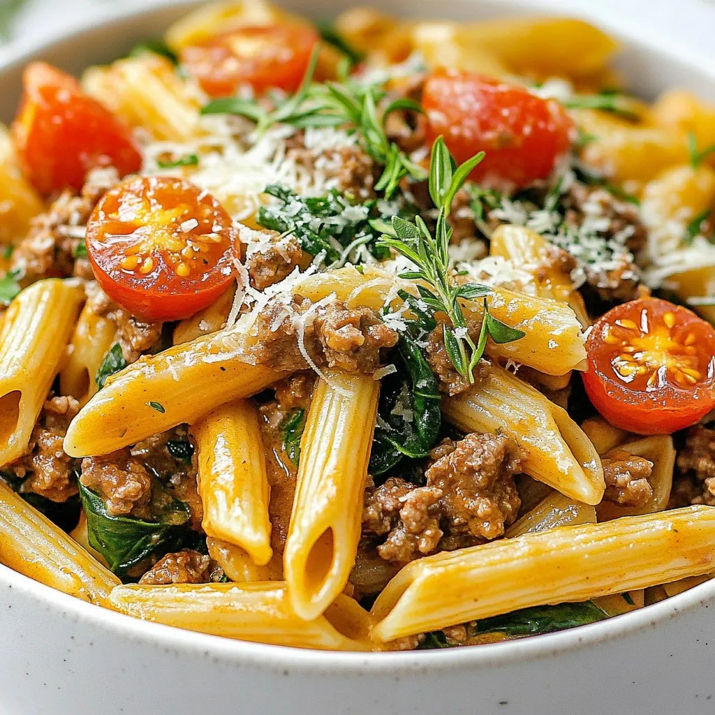 - 12 oz whole wheat pasta (penne or fusilli) - 1 lb lean ground beef (90% lean) - 1 cup Greek yogurt (plain) - 1 cup low-sodium beef broth - 1 cup fresh spinach, chopped - 1 cup cherry tomatoes, halved - 1 medium onion, diced - 3 cloves garlic, minced - 1 teaspoon Italian seasoning - 1/2 teaspoon red pepper flakes (optional) - Salt and pepper to taste - 2 tablespoons olive oil - Grated Parmesan cheese for serving (optional) I like to keep my measurements precise. For the pasta, use a kitchen scale or measuring cup to get 12 ounces. The lean ground beef should be 1 pound. A standard measuring cup works well for the Greek yogurt, beef broth, and even your chopped spinach and halved tomatoes. For the onion, you can have one medium-sized onion, diced fine. Use three cloves of garlic minced to really capture that flavor. Feel free to get creative! If you don’t have whole wheat pasta, any pasta type works. You can swap lean beef for ground turkey or chicken. If you want a creamier sauce, add more Greek yogurt. Fresh herbs, like basil or parsley, can boost flavor. You can also leave out red pepper flakes if you prefer milder dishes. Grated Parmesan cheese is optional but adds a nice touch! {{ingredient_image_2}} Start by filling a large pot with water. Add a good amount of salt. Bring the water to a boil. Once boiling, add 12 oz of whole wheat pasta. Cook until it is al dente, about 8-10 minutes. Drain the pasta, but save 1 cup of the pasta water. Set the pasta aside for later. While the pasta cooks, heat 2 tablespoons of olive oil in a large skillet over medium heat. Once hot, add 1 medium diced onion and 3 cloves of minced garlic. Sauté for about 3-4 minutes until the onion is soft. Next, add 1 lb of lean ground beef. Season it with salt, pepper, 1 teaspoon of Italian seasoning, and 1/2 teaspoon of red pepper flakes if you like heat. Cook for 5-7 minutes, stirring often. Break the beef apart as it cooks until it turns brown. Now, reduce the heat to low. Pour in 1 cup of low-sodium beef broth. Then add 1 cup of plain Greek yogurt. Stir well until the mixture is smooth and creamy. If you want a thinner sauce, slowly add the reserved pasta water one tablespoon at a time. Keep stirring until you reach your preferred thickness. Add 1 cup of chopped fresh spinach and 1 cup of halved cherry tomatoes to the skillet. Stir gently and cook for about 2-3 minutes. You want the spinach to wilt and the tomatoes to soften. Then, carefully fold the cooked pasta into the skillet. Toss everything together until the pasta is well coated with the creamy sauce. Taste and adjust seasoning if needed. Spoon the creamy beef pasta into individual plates or bowls. For a tasty touch, sprinkle some grated Parmesan cheese on top. If you want it to look great, serve it in a large bowl and add freshly chopped herbs. You can also place a few extra cherry tomatoes on the side for color. Enjoy! To get the best pasta, use a big pot. Add plenty of water and salt. The salt helps the pasta taste better. Bring the water to a rolling boil before adding your pasta. Stir it well to stop it from sticking. Cook until it is al dente, which means it should still have a little bite. Drain the pasta but save a cup of the water. This starchy water can help to thicken your sauce later. To boost flavor, sauté your onion and garlic until soft and fragrant. This step adds a lot of depth. Adding Italian seasoning and red pepper flakes gives a nice kick. When you add the beef, break it apart well. This helps it cook evenly and mix better with the sauce. Finally, folding in fresh spinach and cherry tomatoes adds color and texture. They give a fresh taste that brightens the dish. If you want a leaner dish, use ground turkey or chicken. You can also swap Greek yogurt with a plant-based yogurt for a dairy-free option. For a gluten-free meal, choose gluten-free pasta. If you need a vegetarian dish, replace the beef with mushrooms or lentils for protein. Adjust the seasonings based on your taste. Always taste as you go! Pro Tips Use Whole Wheat Pasta: Whole wheat pasta not only adds more fiber but also enhances the nutritional value of your dish, making it more filling and healthier. Lean Ground Beef: Opt for 90% lean ground beef to keep the dish lower in fat while still providing the protein punch you’re looking for. Greek Yogurt Substitute: If you want a creamier texture, you can substitute the Greek yogurt with a low-fat cream cheese, but keep in mind it will alter the flavor slightly. Adjusting the Sauce: Always reserve some pasta water to adjust the sauce’s consistency. This starchy water helps the sauce cling better to the pasta. {{image_4}} You can boost the protein in this dish easily. Try adding cooked chicken, turkey, or shrimp. You can also mix in lentils, chickpeas, or beans for extra protein. Each adds unique flavors and textures. Using a mix of different proteins can make the dish even more satisfying. For a meatless version, swap the ground beef for mushrooms or tempeh. Both options add a hearty texture. Use vegetable broth instead of beef broth to keep it vegan. You can also replace Greek yogurt with a plant-based yogurt for creaminess. Spinach and tomatoes still work great in this mix. Change up the flavor by adding herbs and spices. Fresh basil, parsley, or oregano can brighten the dish. You might also like a pinch of cumin or paprika for warmth. If you enjoy heat, add more red pepper flakes or a dash of hot sauce. Each spice or herb can give this pasta a new twist. Store leftover creamy beef pasta in an airtight container. Let the dish cool down first. This keeps it fresh. You can store it in the fridge for up to three days. Make sure the container is sealed tight to prevent drying out. To reheat, use a skillet over medium heat. Add a splash of beef broth or water. This helps keep the sauce creamy. Stir gently to avoid burning. You can also use a microwave. Heat in short bursts to warm evenly. Check often to avoid overheating. If you want to freeze the pasta, do it right after cooking. Let it cool completely before packing. Use a freezer-safe container or bag. It can last up to three months in the freezer. To reheat, thaw in the fridge overnight. Then, use the skillet method for best results. To boost the protein in this dish, you can add more meat. Try using chicken, turkey, or even adding beans or lentils for a plant-based option. Another idea is to mix in more Greek yogurt or add cottage cheese. These ingredients will not only add protein but also enhance the creaminess. Whole wheat pasta works great in this dish. I love using penne or fusilli because they hold the sauce well. You can also try gluten-free pasta if you prefer. Just be sure to cook it according to the package instructions for the best texture. Absolutely! Ground turkey or chicken can work well too. You can even use cooked shredded beef or pork for a different flavor. Just make sure to adjust the cooking time as needed, especially for cooked meats. Greek yogurt is key for the creamy texture and adds protein. If you want a substitute, use sour cream or cottage cheese. However, this may change the flavor slightly. If you want a dairy-free option, try using cashew cream or coconut cream. This creamy beef pasta lasts about 3-4 days in the fridge. Store it in an airtight container to keep it fresh. Reheat it gently on the stove or in the microwave. If the sauce thickens, add a little water or broth to loosen it up. In this post, we explored high-protein ingredients, step-by-step cooking methods, and tips for success. I shared ways to personalize your dish with flavors and dietary needs. Remember to store leftovers properly for maximum taste. With these ideas and methods, you can create a creamy, delicious meal that fits your lifestyle. Enjoy the process, experiment with variations, and make this recipe yours!