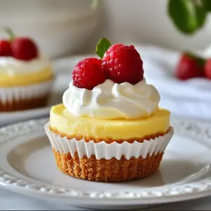 - 1 cup graham cracker crumbs - 2 tablespoons granulated sugar - 1/4 cup unsalted butter, melted - 16 ounces cream cheese, softened to room temperature - 1/2 cup granulated sugar - 1/4 cup sour cream - 2 large eggs, at room temperature - 1 teaspoon pure vanilla extract - Zest of 1 lemon (optional, for a fresh citrus note) - Selecting the best cream cheese: Always choose full-fat cream cheese. It gives the best flavor and texture. Check for a smooth and soft package. This helps your batter mix well. - Choosing the right granulated sugar: Use standard granulated sugar. It dissolves easily, which is key for smooth cheesecakes. Avoid brown sugar or alternatives, as they can change the taste. - Importance of using room temperature eggs: Eggs mix better when they are at room temperature. This helps create a creamy filling. Take them out of the fridge about 30 minutes before you bake. {{ingredient_image_2}} Preheating your oven is very important. A steady temperature helps bake the cheesecakes evenly. Set your oven to 325°F (163°C) before you start mixing. This way, when you place the mini cheesecakes in, they will bake perfectly. To make the crust, you need graham cracker crumbs, sugar, and butter. In a medium bowl, mix 1 cup of graham cracker crumbs and 2 tablespoons of granulated sugar. Then, pour in 1/4 cup of melted butter. Stir it well until all the crumbs are coated. This mixture should look like wet sand. For the filling, you want it creamy and smooth. Start with 16 ounces of softened cream cheese in a large bowl. Use an electric mixer to beat it until it’s smooth. Next, add 1/2 cup of granulated sugar slowly. Mix well after each addition. Then, blend in 1/4 cup of sour cream. Now, add 2 large eggs one at a time. Mix each egg in well before adding the next. Finally, add 1 teaspoon of pure vanilla extract and lemon zest if you like. This will give your filling a fresh taste. It’s time to bake! Carefully pour the cheesecake batter over the crust in each liner. Fill them about 3/4 full. Place the muffin tin in the oven and bake for 18-20 minutes. The edges should be set, but the centers can still jiggle a bit. This jiggle means they will be creamy. Cooling is very important for texture. After baking, let the mini cheesecakes cool in the tin for about 10 minutes. Then, transfer them to a wire rack to cool completely. Once they are cool, refrigerate them for at least 4 hours, or overnight if you can wait. This chilling time helps them set up perfectly. - Overmixing the batter: Mixing too much adds air, which can cause cracks. Mix until just smooth. - Not chilling properly: Skipping chill time means your cheesecakes may not set. Always chill for at least four hours. - Muffin tin: A non-stick muffin tin helps the cheesecakes release easily. - Cupcake liners: Use these to prevent sticking and make serving easier. - Electric mixer: This tool helps achieve a smooth filling without lumps. - Rubber spatula: Great for scraping down the sides of the bowl. - Wire rack: Perfect for cooling the cheesecakes evenly. - Room temperature ingredients: Make sure cream cheese and eggs are at room temperature. This helps mix them smoothly. - Gentle mixing: Mix eggs in one at a time. This avoids overmixing and keeps the batter smooth. - Bake until slightly jiggly: The centers should be soft but not liquid. This ensures they will set nicely when chilled. Pro Tips Choose the Right Cream Cheese: Make sure to use full-fat cream cheese for the best flavor and texture. Low-fat versions may not yield the same creamy results. Room Temperature Ingredients: Ensure that your cream cheese, eggs, and sour cream are at room temperature before mixing. This helps create a smoother batter and prevents lumps. Don’t Overmix: When adding the eggs, mix just until incorporated. Overmixing can introduce too much air, causing the cheesecakes to crack during baking. Perfect Cooling: Allow the cheesecakes to cool in the tin for 10 minutes before transferring them to a wire rack. This prevents them from breaking apart and ensures they set properly. {{image_4}} You can easily change the flavor of your mini cheesecakes. Here are a few ideas: - Chocolate: Add 1/2 cup of melted chocolate to the filling. This gives a rich and creamy chocolate taste. - Pumpkin: Mix in 1 cup of pumpkin puree and 1 teaspoon of pumpkin spice. This brings a warm, fall flavor. - Berry: Fold in 1 cup of fresh or frozen berries. Blueberries, strawberries, and raspberries all work well. Each flavor creates a unique treat that everyone will love. You can also mix flavors for even more fun! The crust adds a nice crunch. You can switch it up for different tastes: - Oreo Crust: Use crushed Oreo cookies instead of graham crackers for a chocolatey twist. - Gingersnap Crust: If you like a spicy kick, try gingersnap cookies. They add warmth and flavor. - Almond Flour Crust: For a gluten-free option, use almond flour mixed with melted butter. It’s nutty and delicious. Experimenting with crusts makes your cheesecakes even more special! Toppings can take your mini cheesecakes to the next level. Here are some fun ideas: - Whipped Cream: A dollop of whipped cream adds a light, airy touch. - Fresh Fruit: Top with sliced strawberries, blueberries, or raspberries for color and sweetness. - Fruit Sauce: Drizzle with raspberry or chocolate sauce for a sweet and pretty finish. These toppings make your mini cheesecakes look and taste amazing! To keep your mini cheesecakes fresh, place them in an airtight container. If you have extra room, cover them with plastic wrap. This step helps keep moisture in and prevents drying. For best results, store them in the fridge. These mini cheesecakes will last up to five days in the fridge. If you want to save them longer, freeze them. They can stay fresh for up to three months in the freezer. Just remember to wrap them well to avoid freezer burn. If you want to warm up your mini cheesecakes, do it slowly. Preheat your oven to 300°F (150°C). Place the cheesecakes on a baking sheet. Heat them for about 10 minutes. This method warms them gently without cooking them. Enjoy them warm or chilled! Yes, you can make mini cheesecakes ahead of time. This makes them convenient for parties. After baking, let them cool, and then chill them in the fridge. They taste even better the next day. I often prepare them a day or two in advance. Just cover them well to keep them fresh. New York cheesecake has a rich, creamy texture. It often uses cream cheese, which gives it a dense quality. This style has a smooth surface and a slight tang from sour cream. The graham cracker crust adds a sweet crunch, balancing the creamy filling. New York cheesecake is less airy than other types, making it truly special. Check the edges of your mini cheesecakes. They should be set, while the centers remain slightly jiggly. This is key for a soft texture. If they appear too firm, they may dry out. After baking, let them cool in the tin for ten minutes. This helps them firm up without losing moisture. In this blog post, we covered how to make delicious mini cheesecakes. We explored the key ingredients and shared helpful tips for each step. Remember to preheat your oven and use room-temperature eggs. Avoid common mistakes like overmixing to achieve the best texture. You can also try fun variations and creative toppings. Proper storage will help keep your cheesecakes fresh. Now, you have everything you need to impress with these tasty treats. Enjoy every bite of your mini cheesecakes!