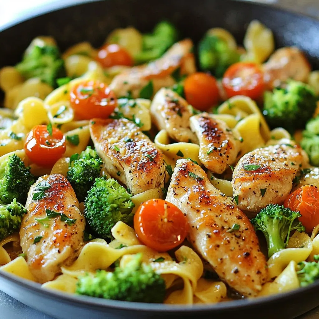 - 2 cups egg noodles - 1 lb boneless, skinless chicken breast - 3 tablespoons unsalted butter The main ingredients for Buttered Noodle Skillet Chicken are simple and easy to find. Egg noodles provide a soft base for the dish. Boneless, skinless chicken breast cooks quickly and stays juicy. Unsalted butter adds a rich flavor that ties everything together. - 1 cup chicken broth - 1 cup broccoli florets - 1 cup cherry tomatoes Adding vegetables makes this dish colorful and healthy. Chicken broth adds moisture and flavor. Broccoli florets give a nice crunch, while cherry tomatoes add sweetness. These veggies not only taste great but also boost nutrition. - 2 cloves garlic - 1 teaspoon dried Italian herbs - Fresh parsley and Parmesan cheese Garlic adds a delicious aroma and taste. Dried Italian herbs bring warmth and depth. Fresh parsley adds a pop of color. Grated Parmesan cheese is optional but enhances the dish with a creamy finish. {{ingredient_image_2}} - Start by boiling 2 cups of egg noodles in a large pot of salted water. - Cook them until they feel firm but tender, about 7-9 minutes. - Once cooked, drain the noodles in a colander. Set them aside for later. - In a large skillet, melt 1 tablespoon of butter over medium heat. - Add 1 pound of diced chicken breast. Season with salt, black pepper, and Italian herbs. - Cook the chicken for 5-7 minutes. Stir it often until no longer pink in the center. - Once cooked, remove it from the skillet and set it aside. - In the same skillet, add the remaining 2 tablespoons of butter. - Once it melts, add 2 cloves of minced garlic. Sauté for about 30 seconds until fragrant. - Toss in 1 cup of broccoli florets and 1 cup of halved cherry tomatoes. - Cook for 4-5 minutes, stirring until the broccoli is bright green and tender. - Return the cooked chicken to the skillet. - Add the drained noodles next. Pour in 1 cup of chicken broth. - Gently stir everything together on low heat for 2-3 minutes. - This lets the flavors blend and coats the noodles well. - Taste the dish and adjust the seasoning. Add more salt or pepper if needed. - Once seasoned, remove the skillet from the heat. - Serve hot, garnished with fresh parsley and optional grated Parmesan cheese. - For a nice touch, use shallow bowls for a rustic feel. - Ensuring chicken is juicy: Start with high-quality chicken breast. Cut it into small, bite-sized pieces. Season it well with salt, pepper, and dried Italian herbs. Sauté it in butter until it is golden and cooked through. This method locks in flavor and moisture. - Cooking noodles to perfect texture: Boil the egg noodles in salted water. Follow the package instructions for timing. Aim for al dente, which means the noodles should be firm but not hard. Drain them well to prevent sogginess, and set them aside for later. - Ideal side dishes: This dish pairs well with a simple green salad or garlic bread. A fresh side of steamed vegetables can add more color and nutrients. - Presentation ideas: Serve the dish in shallow bowls. This makes it look beautiful and inviting. Top with extra parsley and a sprinkle of Parmesan for a nice touch. You can also add a few cherry tomatoes on top for a pop of color. - Preparing components in advance: You can cook the chicken and veggies ahead of time. Store them in airtight containers in the fridge. This saves time on busy nights. - Storing leftovers: Keep any leftovers in a sealed container. They can last for up to three days in the fridge. Reheat gently on the stove or in the microwave, adding a splash of broth to keep them moist. Pro Tips Cook Noodles Al Dente: Ensure the egg noodles are cooked just until al dente. This helps them maintain a firm texture and prevents them from becoming mushy when mixed with the other ingredients. Season the Chicken Well: Don’t skimp on seasoning the chicken with salt, pepper, and herbs. This step is crucial for building flavor in the dish. Use Quality Chicken Broth: Opt for a high-quality, low-sodium chicken broth. This will enhance the flavor of the dish without making it overly salty. Garnish for Presentation: For a beautiful finish, garnish with freshly chopped parsley and a sprinkle of grated Parmesan, which adds color and flavor to the dish. {{image_4}} You can switch out chicken for other meats. Try turkey or shrimp for a tasty twist. If you prefer beef, use thin strips of flank steak. For vegetarian or vegan options, substitute chicken with firm tofu or chickpeas. Both will soak up flavors and add protein to your meal. Feel free to use different types of noodles. Whole wheat noodles add more fiber and nutrients. You can also try rice noodles for a gluten-free choice. If you want a low-carb option, spiralized zucchini or spaghetti squash work well. Adding spices can elevate your dish. Consider paprika or red pepper flakes for heat. Fresh herbs like basil or thyme can add brightness. You can also mix in lemon juice or zest for a citrus punch. Cheese lovers will enjoy adding feta or goat cheese for extra creaminess. To store leftovers of Buttered Noodle Skillet Chicken, let it cool first. Place the dish in an airtight container. This keeps the flavors fresh and moist. Leftovers can last in the fridge for about 3 to 4 days. If you want to enjoy it later, check for any signs of spoilage before eating. You can freeze Buttered Noodle Skillet Chicken, but it’s best to do this before adding the noodles. To freeze, place the cooked chicken and veggies in a freezer-safe bag. Squeeze out the air and seal it tight. This dish can stay good for about 2 to 3 months. To thaw, place it in the fridge overnight. For quick thawing, use the microwave. To reheat, you have a few options. The microwave is the fastest method. Heat in short bursts, stirring often. You can also use a skillet over low heat. Add a splash of chicken broth to keep it moist. This way, your dish stays flavorful and the texture remains nice. Always check that it's heated through before serving. Can I use frozen chicken? Yes, you can use frozen chicken. Just make sure to thaw it first. This helps it cook evenly. You can thaw it overnight in the fridge. If you're in a hurry, you can also use the microwave. Cook it longer if you start with frozen pieces. How do I make it creamy? To make this dish creamy, add a splash of heavy cream or milk. Stir it in after you add the chicken broth. This will give the sauce a nice richness. You can also add cream cheese for extra creaminess. What if my noodles are mushy? If your noodles are mushy, they might have been overcooked. Always check the package for cooking times. If they turn mushy, try using less water next time. You can also save them by mixing in a little olive oil to help. How can I make this dish spicier? To spice it up, add red pepper flakes or hot sauce. Sprinkle them in while cooking the chicken. You can also add diced jalapeños for a fresh flavor. Adjust to your liking. Can I use another type of broth? Yes, you can use vegetable broth or beef broth instead of chicken broth. Each broth adds a different flavor. Choose one based on your taste preference. What can I use instead of butter? You can use olive oil or coconut oil instead of butter. This is great for dairy-free cooking. Both options will give a nice flavor to the dish. In this post, we covered how to make a delicious buttered noodle skillet chicken. You learned about key ingredients like egg noodles and chicken breast. We went through step-by-step instructions, cooking tips, and serving suggestions. Remember, you can easily swap proteins or noodles for variety. My final thought is to enjoy the cooking process. Experiment with flavors and make the dish your own! Enjoy your meal, and happy cooking!