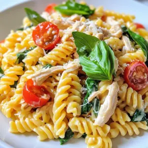 - 2 cups shredded rotisserie chicken - 12 oz pasta (fussili or penne recommended) - 1 tablespoon olive oil - 3 cloves garlic, minced - 1 medium onion, diced - 1 cup heavy cream - 1 cup chicken broth - 1 cup fresh baby spinach - 1 cup cherry tomatoes, halved - 1 teaspoon garlic powder - 1 teaspoon Italian seasoning - Salt and pepper, to taste - &frac12; cup grated Parmesan cheese - Fresh basil leaves, for garnish - Large pot - Skillet - Colander - Measuring cups and spoons - Tongs or spatula I love this dish because it&rsquo;s quick and tasty. You can whip it up in about 30 minutes. Using rotisserie chicken makes it even easier. You get great flavor and save time. Let&rsquo;s talk about the ingredients. You&rsquo;ll need some pasta, like fussili or penne. They hold the sauce well. The creamy sauce needs heavy cream and chicken broth for richness. Don&rsquo;t forget the garlic and onion. They give a nice depth to the dish. Fresh spinach and cherry tomatoes add color and nutrition. I always sprinkle some Parmesan cheese for extra flavor. Gather your tools too. A large pot for boiling pasta is key. A skillet helps cook the sauce. You&rsquo;ll also need a colander to drain the pasta. Measured cups and spoons help keep everything precise. Tongs or a spatula will help mix it all together. Once you have everything, you&rsquo;re ready to make this creamy delight! {{ingredient_image_2}} 1. Start with a large pot of water. Bring it to a boil. 2. Add a generous amount of salt to the water. This helps flavor the pasta. 3. Add 12 oz of your chosen pasta. Cook until it is al dente. 4. Once done, drain the pasta in a colander. Reserve about &frac12; cup of the starchy water. Set the pasta aside. 1. Heat 1 tablespoon of olive oil in a large skillet over medium heat. 2. Once hot, add a medium onion, diced. Saut&eacute; for about 2 minutes. 3. Next, add 3 cloves of minced garlic. Cook for 1 minute until it smells nice. 4. Mix in 2 cups of shredded rotisserie chicken. Pour in 1 cup of chicken broth. 5. Bring this mix to a gentle simmer. This helps the flavors blend well. 1. Lower the heat and stir in 1 cup of heavy cream. Mix until combined. 2. Season with 1 teaspoon of garlic powder, 1 teaspoon of Italian seasoning, salt, and pepper. 3. Let this simmer for 4-5 minutes. This thickens the sauce a bit. 4. Add 1 cup of fresh baby spinach and 1 cup of halved cherry tomatoes. Cook for 2-3 minutes until the spinach wilts. 5. Gently fold in the cooked pasta. Use tongs or a spatula to mix everything. 6. If the sauce is too thick, add some of the reserved pasta water. 7. Stir in &frac12; cup of grated Parmesan cheese. It will melt in and make it creamy. 8. Serve hot, garnished with fresh basil leaves and extra Parmesan cheese if you want. To make your sauce just right, you can adjust the thickness with pasta water. When your pasta is done, save about half a cup of the water. If your sauce is too thick, add a little of this water. It will help loosen it up and keep it creamy. For a smooth sauce, stir the heavy cream in slowly. This prevents lumps. Keep the heat low when adding cream. This way, it won't curdle. Stir often and watch for a rich, creamy consistency. When you saut&eacute; garlic, keep an eye on it. Garlic can burn fast. Add it to the pan only after the onions soften. Cook it just until you smell that lovely aroma. This will give the best flavor without any bitterness. If you want a lighter dish, skip the heavy cream. You can use half-and-half or even Greek yogurt. Both create a nice creamy blend without all the fat. This keeps the dish tasty but a bit healthier. Pro Tips Use Fresh Ingredients: Always opt for the freshest spinach and tomatoes to enhance the flavor and nutrition of your dish. Adjusting the Creaminess: If you prefer a lighter sauce, consider using half-and-half instead of heavy cream. Extra Flavor Boost: Add a squeeze of lemon juice before serving to brighten up the dish and add a zesty flavor. Perfect Pasta Cooking: Make sure to cook your pasta just until al dente, as it will continue to cook slightly when mixed with the sauce. {{image_4}} You can change up the pasta shape to fit your taste. Fussili and penne work well, but try spaghetti or shells if you like. Each shape holds the sauce differently. This can change how you enjoy your dish. You can also swap out vegetables. If you&rsquo;re not a fan of spinach, use kale or broccoli instead. For a fun twist, add bell peppers or zucchini. These veggies bring new colors and flavors. Changing the protein is another great option. If you want something different, use shredded turkey or cooked sausage. You can even go meatless by adding more veggies or chickpeas. If you need gluten-free options, look for gluten-free pasta. Many brands make pasta from rice or lentils. These cook just like regular pasta, so don&rsquo;t worry about taste. For a dairy-free version, use coconut cream or almond milk in place of heavy cream. Nutritional yeast can add a cheesy flavor without using cheese. This way, you can enjoy the meal while keeping it light. To keep your creamy rotisserie chicken pasta fresh, store it in an airtight container. Make sure the dish cools to room temperature before sealing it. This helps prevent condensation, which can make the pasta soggy. In the fridge, it lasts about 3 to 4 days. Always check for any off smells or changes in texture before eating leftovers. When reheating, you want to keep that creamy texture. The best way is to use a skillet. Heat on low and add a splash of chicken broth or cream to prevent drying out. Stir frequently to warm evenly. If you're in a hurry, a microwave works too. Just cover it with a damp paper towel to trap steam. For freezing, put the pasta in a freezer-safe container. It can last up to 2 months. To reheat, thaw overnight in the fridge, then follow the skillet method above. Avoid freezing it with fresh spinach or tomatoes, as they don&rsquo;t freeze well. Yes, you can use store-bought rotisserie chicken. It saves time and effort. Plus, it adds great flavor. The chicken is already cooked, so you skip the long cooking time. This makes the dish quick and easy. You can also use leftovers from a previous meal. It&rsquo;s a smart way to reduce waste. To add heat, try red pepper flakes. Sprinkle them in while cooking. You can also add diced jalape&ntilde;os for a fresh kick. Another idea is to use spicy Italian sausage instead of chicken. Adding hot sauce at the end gives a nice touch too. Taste as you go to find the right level of spice. This pasta pairs well with a simple green salad. A light Caesar salad is a great choice. Garlic bread or a crusty baguette also works well. If you want something warm, roasted vegetables are a great side. For a fresh touch, serve with lemon wedges for squeezing. Yes, you can prepare this dish ahead of time. Cook the pasta and sauce, then mix them later. Store them separately in the fridge. When ready to eat, just combine them and heat. This keeps the pasta from getting mushy. You can also freeze the sauce for later use. Just thaw and heat it up when you want to enjoy it. This blog post shows how to make a creamy rotisserie chicken pasta dish. You learned about key ingredients, step-by-step cooking, and helpful tips. Variations and storage tips ensure you can enjoy this meal later. Remember, using rotisserie chicken saves time. Feel free to play with ingredients based on your taste. Cooking can be fun and creative. Try this dish and impress your family with your skills! Enjoy your delicious meal!