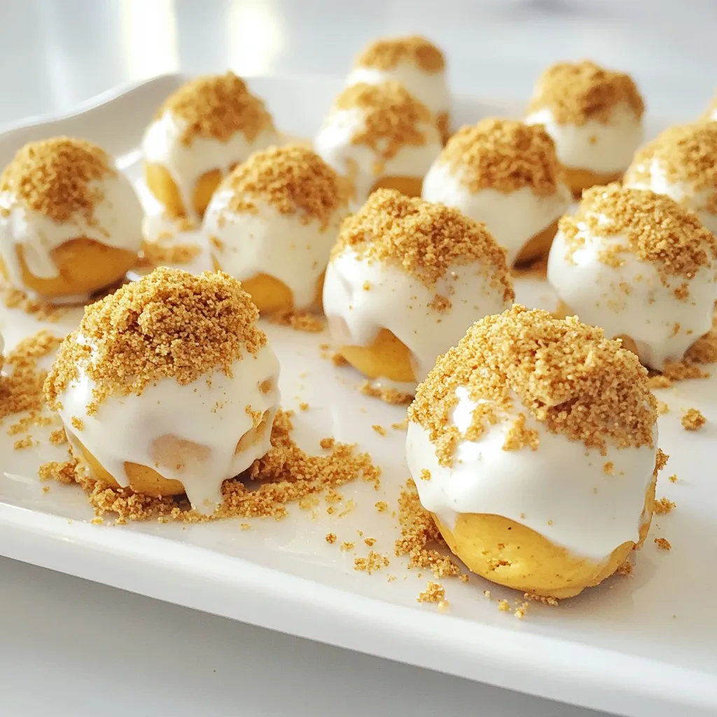 To make Pumpkin Cheesecake Truffles, you need some simple ingredients that create big flavors. Here’s a detailed breakdown: - 8 oz cream cheese, softened to room temperature - 1 cup canned pumpkin puree - 1 cup powdered sugar, sifted - 1 teaspoon pure vanilla extract - 1 teaspoon pumpkin pie spice - 1/2 cup crushed graham crackers, plus extra for coating - 1 cup white chocolate chips - 1 tablespoon coconut oil (or unsalted butter) - Additional crushed graham crackers and pumpkin pie spice for rolling For cream cheese, I recommend using brands like Philadelphia for the best taste and texture. If you can't find canned pumpkin, you can use fresh pumpkin puree. Just make sure it’s smooth and not too watery. When it comes to white chocolate chips, Ghirardelli or Nestlé provide great results. If you're looking for a healthier option, try using unsweetened dark chocolate. For the graham crackers, any brand will work, but Honey Maid adds a nice sweetness. If you need a gluten-free option, use gluten-free graham crackers. {{ingredient_image_2}} 1. Start by mixing the cream cheese and pumpkin puree in a large bowl. Use an electric mixer or a spatula. Blend until the mix is smooth and creamy. 2. Gradually add the sifted powdered sugar. Mix well to avoid lumps. The filling should be fluffy and uniform. 3. Next, add the pure vanilla extract and pumpkin pie spice. Mix these in well, so all flavors blend nicely. 4. Gently fold in the crushed graham crackers. This adds a nice texture to the filling. 5. Cover the bowl with plastic wrap or a lid. Refrigerate for about one hour. This step helps the mixture firm up. 6. After chilling, scoop out small portions, about one inch in size. Roll them into balls with your hands. 7. Place the truffles on a parchment-lined baking sheet. Return them to the fridge for 30 more minutes. This keeps their shape. 1. To melt white chocolate, use a microwave-safe bowl. Combine the white chocolate chips and coconut oil. 2. Heat in the microwave in 30-second bursts. Stir the mixture between each heating until it is smooth and glossy. 3. If you prefer, use a double boiler. Fill a pot with water, and bring it to a simmer. Put the chocolate bowl on top, stirring until melted. 4. Make sure to avoid overheating. If the chocolate gets too hot, it can seize. Smooth and shiny chocolate is what you want. To achieve the best creaminess, start with room-temperature cream cheese. Cold cream cheese can make lumps. Beat the cream cheese and pumpkin until it is smooth. Mix slowly when adding powdered sugar. This helps keep the mixture fluffy. When you add crushed graham crackers, fold gently. This keeps the texture light and airy. For plating, arrange the truffles on a beautiful platter. You can dust them with powdered sugar for a nice touch. A sprinkle of cinnamon adds warmth and charm. For drinks, pair these truffles with coffee or spiced cider. They also go well with a scoop of vanilla ice cream for dessert. Enjoy the flavors of fall with these tasty treats! Pro Tips Chill for the Best Texture: Ensure the mixture is well chilled before forming the truffles. This helps them hold their shape better and makes them easier to handle. Quality Chocolate Matters: Use high-quality white chocolate for coating. It melts better and gives a smoother finish to your truffles. Customize Coatings: Get creative with your coatings! Besides graham crackers, consider using crushed nuts, sprinkles, or even shredded coconut for a unique twist. Perfecting the Roll: When rolling in the graham cracker mixture, do it gently to avoid disturbing the chocolate coating. A light touch will give you a beautiful finish. {{image_4}} You can easily change the flavor of your pumpkin cheesecake truffles. For a warm kick, add a bit of ground ginger or nutmeg. You can also try a pinch of cinnamon for extra warmth. If you want a creamy touch, a splash of maple syrup can enhance the taste. For the coating, think beyond white chocolate. Dark chocolate adds a rich flavor that pairs well with pumpkin. You can also use milk chocolate for a sweeter bite. For a fun twist, try rolling the truffles in crushed nuts or toasted coconut. To make these truffles gluten-free, simply substitute graham crackers with gluten-free ones. Many brands offer good options that taste great. If you want to make them vegan, use coconut cream instead of cream cheese. For the coating, choose vegan chocolate. Check labels to ensure the chocolate fits your needs. Using maple syrup can replace powdered sugar for a natural sweetener. To keep your pumpkin cheesecake truffles fresh, refrigerate them. Place the truffles in an airtight container. This helps avoid moisture loss and keeps them tasty. If you want to freeze them, first chill them in the fridge for a few hours. Once set, put them in a single layer in a freezer-safe bag. Squeeze out any air before sealing it. This method stops freezer burn and keeps the truffles safe. When stored properly, pumpkin cheesecake truffles last about one week in the fridge. In the freezer, they can last for up to three months. Just remember to let them thaw in the fridge overnight before eating. This way, they will taste fresh and creamy again. You can tell when the truffles are set by their firmness. After chilling, they should feel solid to the touch. A light press should not leave a dent. If they hold their shape well, they are ready. Yes, you can use regular chocolate. Dark or milk chocolate works too. Just remember, this will change the flavor. The sweetness will be less, and you may want to adjust the sugar. If you don’t have graham crackers, try digestive biscuits or vanilla wafers. You could even use crushed cookies like Oreos for a different taste. Just crush them finely for the best texture. Yes, these truffles are great for making ahead. You can prepare them a day or two in advance. Just store them in the fridge until you’re ready to serve. They will taste fresh and delicious! You now have all the details to create tasty truffles. We covered ingredients, step-by-step instructions, and helpful tips. You learned how to perfect texture and try different flavors. Remember, you can store the truffles to enjoy later. Use the FAQs to clear up any doubts. With this guide, you can impress friends and family with your homemade treats. Enjoy the process and have fun in the kitchen!