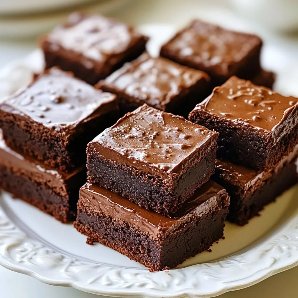 - 1 cup unsalted butter, melted - 2 cups granulated sugar - 4 large eggs, at room temperature - 1 teaspoon vanilla extract - 1 cup all-purpose flour - 1/2 cup unsweetened cocoa powder - 1 teaspoon baking powder - 1/2 teaspoon salt - 1 cup semi-sweet chocolate chips - 1 teaspoon instant coffee granules For the brownie base, we start with unsalted butter. Melt it to mix with the sugar. This gives a rich flavor. You need granulated sugar, which adds sweetness. The large eggs help bind the mix. Make sure they are at room temperature for easier blending. Add vanilla extract for that lovely aroma. Next, we mix in all-purpose flour and unsweetened cocoa powder. The flour gives structure while cocoa adds deep chocolate flavor. Baking powder helps the brownies rise. Salt balances the sweetness and enhances flavor. Finally, we fold in semi-sweet chocolate chips and instant coffee granules for a mocha kick. - 1/2 cup unsalted butter, softened to room temperature - 2 cups powdered sugar - 1/4 cup unsweetened cocoa powder - 2 tablespoons milk (adjust for desired consistency) - 1 teaspoon vanilla extract - 1 teaspoon instant coffee granules dissolved in 1 tablespoon hot water For the frosting, start with softened unsalted butter. Beat it until fluffy. Then, add powdered sugar and cocoa powder for sweetness and chocolate depth. Mix well until combined. Pour in milk to reach your desired thickness. You can adjust this to make it spread more easily. Finally, add vanilla extract and the dissolved coffee mix. This gives the frosting a mocha flavor that pairs perfectly with the brownies. Using these ingredients creates a rich topping that enhances the whole dessert. {{ingredient_image_2}} - Preheat your oven to 350°F (175°C). - Prepare a 9x13-inch baking pan by greasing it or lining it with parchment paper. This makes it easy to lift the brownies out later. - In a large bowl, combine 1 cup of melted unsalted butter and 2 cups of granulated sugar. Whisk them until smooth. - Crack 4 large eggs into the bowl, one at a time. Whisk well after each egg. Add 1 teaspoon of vanilla extract and mix until it's all blended. - In a separate bowl, sift together 1 cup of all-purpose flour, ½ cup of unsweetened cocoa powder, 1 teaspoon of baking powder, and ½ teaspoon of salt. - Slowly fold the dry ingredients into the wet mixture. Be gentle to keep the batter light and fluffy. - Dissolve 1 teaspoon of instant coffee granules in a bit of warm water. Mix this into the brownie batter. - Fold in 1 cup of semi-sweet chocolate chips until they are evenly spread. - Pour the batter into the prepared pan, spreading it evenly. Bake for 25-30 minutes. Use a toothpick to check doneness; it should have some moist crumbs attached. - Let the brownies cool for about 10 minutes in the pan, then move them to a wire rack to cool completely. - In a medium bowl, beat ½ cup of softened unsalted butter with an electric mixer until it's fluffy. - Gradually add 2 cups of powdered sugar and ¼ cup of cocoa powder. Mix until smooth. - Add 2 tablespoons of milk and 1 teaspoon of vanilla extract. Also, mix in the instant coffee solution. Beat until the frosting is creamy and spreadable. Adjust with more milk if needed. - Once the brownies are cool, use a spatula to spread the frosting evenly over the top. - Cut the brownies into squares. Arrange them nicely on a plate for serving. To get the best texture for your brownies, avoid overmixing. When you mix too much, the brownies can become tough. Mix just until you see no more dry flour. Also, make sure your eggs are at room temperature. This helps them blend better, creating a smooth batter. Using high-quality cocoa powder makes a big difference in flavor. Good cocoa gives a rich taste you won’t forget. You can also adjust the coffee amount for a stronger flavor. This can boost the mocha taste and bring out the chocolate. For a beautiful finish, dust the brownies with cocoa powder. This adds a nice touch and looks great. You can also serve them with whipped cream or ice cream. These add-ons make every bite more special. Pro Tips Use Room Temperature Eggs: Room temperature eggs blend more smoothly into the batter, resulting in a better texture for your brownies. Don’t Overmix the Batter: Overmixing can lead to dense brownies. Mix just until the dry ingredients are incorporated for a lighter, fudgier texture. Let Brownies Cool Completely: Allowing the brownies to cool completely before frosting ensures that the frosting doesn’t melt and helps it set nicely. Customize Your Frosting: Feel free to add additional flavors like peppermint or almond extract to the frosting for a unique twist on this classic treat. {{image_4}} To make these brownies fit your needs, try these options: - Gluten-free alternative using almond flour: Replace all-purpose flour with almond flour. This change keeps the brownies moist and adds a nice nutty flavor. Use the same amount of almond flour as the recipe states for all-purpose flour. - Vegan substitution for eggs and butter: Swap the eggs for flax eggs. Mix 1 tablespoon of ground flaxseed with 2.5 tablespoons of water for each egg. For butter, use a plant-based butter. This keeps the brownies rich and tasty without any animal products. Want to mix things up? Here are some fun ideas: - Incorporate nuts or caramel: Add chopped nuts, like walnuts or pecans, for a crunchy bite. You can also swirl in caramel for a sweet surprise. This adds texture and flavor that pairs well with chocolate. - Add a layer of mint or orange zest: Add fresh mint or a bit of orange zest to the batter. This brightens the flavor and gives a fresh twist to your brownies. Just a teaspoon of zest will lift the flavor nicely. You can store your frosted mocha brownies at room temperature. Place them in an airtight container. They will stay fresh for about three days. If you want to keep them longer, consider refrigeration. Keeping them cold helps maintain their rich flavor and texture. Wrap the brownies tightly in plastic wrap before placing them in the fridge. This method keeps them moist for up to a week. If you want to save brownies for later, freezing is a great option. Cut the brownies into individual squares. Wrap each piece in plastic wrap. Then, place the wrapped brownies in a freezer-safe bag. They will last in the freezer for up to three months. When you're ready to enjoy them, take a piece out. Let it thaw at room temperature for about an hour. For a warm treat, you can rewarm them in the oven. Place the brownies on a baking sheet at 350°F (175°C) for about 10 minutes. This helps bring back that fresh-out-of-the-oven taste. To check if your brownies are done, use a toothpick. Insert it into the center of the brownies. If it comes out with a few moist crumbs, they are ready. If it comes out wet with batter, bake for a few more minutes. Keep an eye on them to avoid overbaking. Yes, you can use different types of chocolate. Dark chocolate gives a richer flavor. If you like a sweeter taste, you can use milk chocolate. Just remember to adjust the sugar in the recipe if you switch to a sweeter chocolate. To make the brownies richer, try these tips: - Use high-quality cocoa powder for deeper flavor. - Add an extra half cup of chocolate chips. - Mix in a tablespoon of espresso powder to boost the chocolate taste. You can make the frosting in advance. Store it in an airtight container in the fridge. It will keep well for up to one week. When ready to use, let it sit at room temperature until soft. You can also beat it lightly to restore its smooth texture. You have everything you need to make delicious brownies with frosting. We covered the key ingredients and how to prepare them step by step. Remember to follow the tips for perfect texture and flavor. Feel free to explore variations, whether gluten-free or rich with nuts. Don’t forget the best ways to store or freeze your treats! With this guide, you can create brownies that everyone will love. Enjoy baking, and share your tasty results with friends and family!