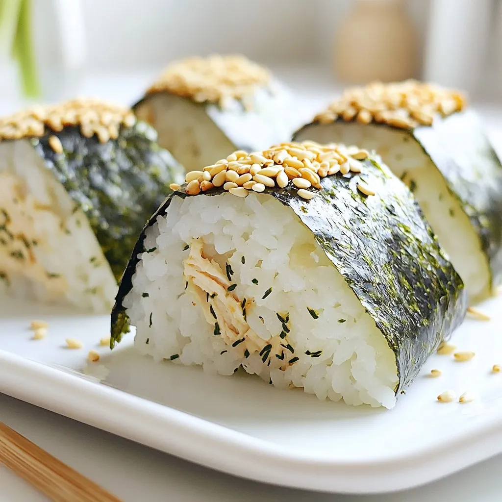 - 2 cups sushi rice - 2 ½ cups water - 1 teaspoon salt - 1 tablespoon rice vinegar - 1 tablespoon sugar - 1 cup cooked chicken, shredded - 2 tablespoons soy sauce - 1 teaspoon sesame oil - 1 green onion, finely chopped - 4 sheets nori, cut into strips Sushi rice is the star of this dish. It is short-grain rice that becomes sticky when cooked. This helps the onigiri hold together. You can use rotisserie chicken for speed. The seasoning adds great flavor and makes the chicken shine. - Avocado, pickled vegetables, or other fillings - Garnishes for added flavor Feel free to get creative! You can add avocado for a creamy texture. Pickled veggies provide a nice crunch. Sesame seeds can add a nutty taste when sprinkled on top. {{ingredient_image_2}} 1. Rinse the sushi rice well under cold water. Keep rinsing until the water is clear. This step removes excess starch. It helps the rice cook fluffy and tender. 2. In a pot, mix the rinsed rice with 2 ½ cups of water. Place the pot on medium heat and bring it to a boil. 3. Once boiling, lower the heat to low. Cover the pot and let it simmer for about 20 minutes. The rice should be tender, and all the water should be absorbed. 4. After cooking, remove the pot from heat but leave it covered. Let the rice sit for an extra 10 minutes. This helps steam the rice, making it even better. 5. In a small bowl, mix 1 tablespoon of rice vinegar, 1 tablespoon of sugar, and 1 teaspoon of salt. Heat this mixture in the microwave for about 20 seconds. Stir until the sugar and salt dissolve. 6. Transfer the warm rice to a large bowl. Gently fold in the vinegar mixture with a spatula. Let this rice cool to room temperature. 1. In a separate bowl, mix 1 cup of shredded chicken with 2 tablespoons of soy sauce, 1 teaspoon of sesame oil, and 1 finely chopped green onion. 2. Stir well until the chicken is evenly coated with the seasonings. This mixture brings rich flavors to your onigiri. 1. Once the rice is cool, dampen your hands with water. This will help prevent the rice from sticking. 2. Take a handful of rice and form a small indentation in the center. Spoon about 1 tablespoon of the chicken mixture into this space. 3. Mold the rice around the filling to create a triangular shape. Make sure the filling is fully enclosed by the rice. 4. Repeat this process with the rest of the rice and chicken mixture. 5. If you like, sprinkle sesame seeds over the onigiri. Take a strip of nori and gently wrap each onigiri for extra flavor and a nice look. To make great onigiri, start with the right rice. Rinsing the sushi rice is key. Use cold water and rinse until the water runs clear. This removes excess starch. Less starch leads to fluffier rice. Next, for cooking, combine rinsed rice and 2 ½ cups of water in a pot. Bring it to a boil over medium heat. Once boiling, cover the pot and reduce heat to low. Let it simmer for about 20 minutes. This helps the rice cook evenly. After cooking, let it steam with the lid on for 10 more minutes. This step makes the rice tender. When shaping the onigiri, sticky hands can be a problem. To avoid this, moisten your hands with water. Just a little will do. This helps the rice slide off easily. You can also use a spatula to handle the rice. This way, you can keep your hands clean while working. Presentation makes your onigiri more appealing. Arrange them on a nice platter. You can sprinkle extra sesame seeds on top for decoration. Serve with dipping sauces on the side. This adds flavor and makes it fun for everyone. Enjoying onigiri is not just about taste; it's about the whole experience! Pro Tips Rinse the Rice: Thoroughly rinsing the sushi rice until the water runs clear removes excess starch, resulting in a fluffier and less sticky texture. Cooling the Rice: Allow the rice to cool to room temperature before shaping. This helps maintain the right consistency for molding and prevents the onigiri from falling apart. Use Damp Hands: Dampen your hands with water before handling the rice. This prevents sticking and makes it easier to shape the onigiri. Experiment with Fillings: Feel free to customize the filling! Try adding vegetables, tofu, or different sauces to create your unique flavor combinations. {{image_4}} You can change the filling in onigiri to fit your taste. If you prefer a vegetarian option, try using mashed avocado or pickled vegetables. Both options add great flavor and texture. For those who enjoy seafood, consider canned tuna mixed with mayonnaise. Tofu is another protein choice, and it works well with soy sauce and sesame oil for a tasty mix. Mixing flavors can create exciting bites. Sweet and savory pairings are perfect. Try adding a touch of sweet teriyaki sauce to your chicken filling. You can also explore regional variations. In Japan, some people use umeboshi (pickled plum) inside their onigiri, giving a tangy twist. These combinations add depth and surprise to each bite. Onigiri isn’t just about triangles! You can make mini onigiri for parties. These bite-sized treats are fun and easy to eat. Shape them into hearts or stars for special events. Another idea is to use cookie cutters for unique presentations. This makes your onigiri stand out, especially for kids or themed gatherings. Store your chicken onigiri in the fridge for up to three days. Use an airtight container to keep them fresh. If you want to keep them longer, freeze them for up to one month. Wrap each onigiri in plastic wrap before placing them in a freezer bag. This prevents freezer burn and keeps them tasty. Reheat onigiri carefully to maintain their texture. The best method is using a microwave. Place the onigiri on a plate and cover it with a damp paper towel. Heat for 30 seconds. Check if they are warm, and heat more if needed. You can also reheat onigiri in a pan over low heat. This method crisps the rice and warms the filling. Onigiri can last in the fridge for about three days. If frozen, they can stay fresh for one month. However, for the best taste and texture, eat them sooner. Always check for any signs of spoilage before eating. If they smell bad or look off, it is best to throw them away. Onigiri is a Japanese rice ball. It is often shaped like a triangle. The rice is sticky and flavorful. You can fill it with many tasty things. Common fillings include chicken, fish, or vegetables. Onigiri is popular for lunch or snacks. Many people enjoy it for picnics too. It is simple to make and fun to eat. Yes, you can make onigiri ahead of time. It is a great meal prep option. Just follow these tips for best results: - Use fresh ingredients to keep it tasty. - Store onigiri in the fridge for up to two days. - Wrap each piece in plastic wrap to keep it moist. - Add nori just before eating to keep it crisp. Yes, onigiri can be gluten-free. The main ingredients are rice and fillings. Here are some options for gluten-free onigiri: - Use gluten-free soy sauce. - Fill with veggies or cooked meats. - Avoid any sauces that may contain gluten. This way, you can enjoy onigiri while meeting dietary needs. In this article, we explored how to make tasty chicken onigiri from scratch. I shared key ingredients like sushi rice and cooked chicken, plus optional additions to make it special. You learned step-by-step instructions for making the rice and shaping the onigiri. We also discussed tips for perfect texture, serving ideas, and fun variations. Remember, onigiri offers endless possibilities for flavor and presentation. With these skills, you can create delightful bites that impress. Enjoy making your own delicious onigiri at home!