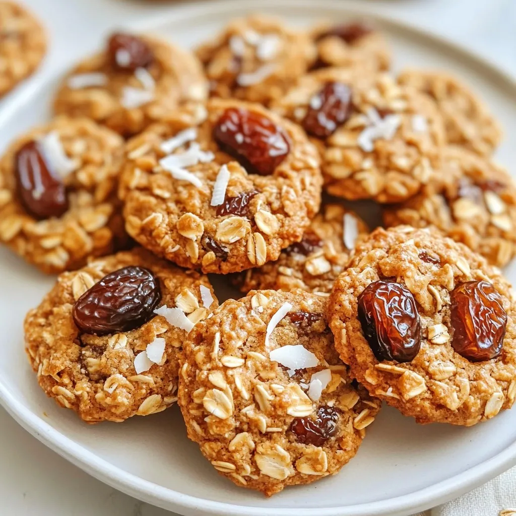 To make these tasty ingredient date cookies, you need the following items: - 1 cup pitted dates, finely chopped - 1 cup rolled oats - 1/2 cup almond flour - 1/2 teaspoon baking soda - 1/2 teaspoon ground cinnamon - 1/4 teaspoon salt - 1/3 cup coconut oil, melted - 1/4 cup honey or maple syrup - 1 teaspoon pure vanilla extract These ingredients work together to create a soft and chewy cookie. The dates add natural sweetness and a nice texture. You can change the recipe by adding these optional items: - 1/2 cup walnuts or pecans, chopped Adding nuts gives the cookies a nice crunch. You can also try different nuts based on your taste. If you need to make swaps, here are some ideas: - Instead of almond flour, use oat flour or all-purpose flour. - If you don’t have coconut oil, olive oil or butter works well. - Replace honey with agave syrup or another liquid sweetener. These swaps will still keep your cookies delicious and healthy. Feel free to get creative with what you have at home! {{ingredient_image_2}} Start by heating your oven to 350°F (175°C). This step is key for even baking. Next, take a baking sheet and line it with parchment paper. This keeps your cookies from sticking and makes cleanup easy. In a large bowl, add the rolled oats, almond flour, baking soda, ground cinnamon, and salt. Mix these dry items well. This ensures that the flavors blend nicely. Make sure there are no clumps in your mixture. In a separate bowl, take 1 cup of finely chopped dates. Mash them with a fork for about a minute. Aim for a creamy and sticky consistency. This will add natural sweetness and moisture to your cookies. Now, add the melted coconut oil, honey (or maple syrup), and pure vanilla extract to your mashed dates. Mix these wet ingredients until smooth. Once done, pour this mixture into the bowl with the dry ingredients. Stir everything together until combined well. If you like nuts, fold in 1/2 cup of chopped walnuts or pecans now. Using a tablespoon, scoop out cookie dough and drop it onto the lined baking sheet. Space each scoop about 2 inches apart. Gently flatten each cookie with the back of the spoon. Bake them in the oven for 10-12 minutes. Look for golden brown edges as a sign they are ready. After baking, let the cookies cool on the sheet for 5 minutes before moving them to a wire rack. This helps them set properly. To get the right cookie texture, use fresh dates. They should be soft and sticky. If your dates are dry, soak them in warm water for a few minutes. This helps them blend better. Use rolled oats instead of quick oats for a chewy bite. Adjust the baking time as needed. Keep an eye on the edges. They should turn golden brown. This means the cookies are ready. One common mistake is over-mixing the dough. Stir just until everything blends. Over-mixing can make cookies tough. Another mistake is skipping the cooling time. Letting cookies cool on the rack helps them firm up. Also, do not crowd the baking sheet. Space cookies about two inches apart. This allows them to spread evenly. After baking, let the cookies cool for five minutes on the sheet. This helps them set before moving. Afterward, transfer them to a wire rack. Let them cool completely to keep their texture. Store in an airtight container at room temperature. They should stay fresh for about five days. For longer storage, freeze them. They can last up to three months in the freezer. Pro Tips Chop Dates Finely: For better texture and easier mixing, ensure your dates are chopped finely before mashing them. Adjust Sweetness: Feel free to adjust the amount of honey or maple syrup based on your personal sweetness preference. Use Fresh Nuts: For enhanced flavor, toast your walnuts or pecans lightly before adding them to the dough. Store Properly: To keep your cookies fresh, store them in an airtight container at room temperature for up to a week. {{image_4}} To make vegan ingredient date cookies, simply swap out honey for maple syrup. This change keeps the cookies sweet and tasty. You can also replace coconut oil with vegan butter or any plant-based oil. Use these simple swaps to enjoy a cookie that fits your vegan diet. To create gluten-free ingredient date cookies, use gluten-free rolled oats and almond flour. These ingredients work together to give your cookies a soft texture. Always check that your oats are certified gluten-free. This way, you avoid any cross-contamination and enjoy your treat worry-free. If you need a nut-free cookie, skip the almond flour and use oat flour instead. You can make oat flour by blending rolled oats in a blender until they turn to powder. For the optional nuts, simply leave them out. The cookies will still taste great without them, and you will have a safe snack for everyone. To keep your baked Ingredient Date Cookies fresh, place them in an airtight container. This helps maintain their soft texture. You can stack them with parchment paper between layers. This prevents sticking. Keep the container in a cool, dry place. If you live in a warm area, store them in the fridge. They will last for up to one week. For best taste, eat them within a few days. If you want to save some dough for later, freezing is simple. First, scoop the cookie dough onto a baking sheet. Space the dough balls apart so they don’t stick together. Freeze them for about two hours until hard. Then, transfer the dough balls into a freezer-safe bag. Make sure to remove as much air as possible. You can freeze the dough for up to three months. When you’re ready to bake, just let the dough thaw in the fridge overnight before baking. Ingredient Date Cookies have a good shelf life. When stored correctly, they stay fresh for about one week at room temperature. If you store them in the fridge, they can last up to two weeks. If frozen, the cookies can last for three months. However, they taste best when eaten fresh. Enjoy them soon after baking for the best flavor and texture! Yes, you can use maple syrup or agave nectar. Both will keep the cookies sweet. If you want a lower-glycemic option, try coconut sugar. Just make sure to adjust the amount, as different sweeteners have different sweetness levels. The cookies will be ready when the edges turn a light golden brown. This usually takes around 10 to 12 minutes. They may look soft in the center. That’s okay! They will firm up as they cool. Absolutely! Chocolate chips can add a delicious twist. Simply fold in about 1/2 cup of chocolate chips with the nuts. This will give you a sweet and rich flavor that pairs well with the dates. Ingredient date cookies are simple and fun to make. We covered key ingredients, baking steps, and helpful tips. You learned about variations like vegan and gluten-free options too. These cookies are tasty and can fit many diets. Remember to store them properly for lasting freshness. Enjoy sharing your delicious creations with friends and family. Happy baking!