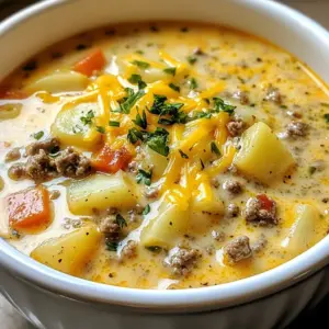 For a tasty cheeseburger soup, gather these main ingredients: - 1 lb (450g) ground beef - 1 medium onion, finely diced - 2 cloves garlic, minced - 2 medium carrots, peeled and diced - 2 celery stalks, diced - 4 cups beef broth (low-sodium recommended) - 2 cups potatoes, peeled and diced into 1/2-inch cubes - 1 cup diced tomatoes (canned or fresh) - 1 teaspoon Worcestershire sauce - 1 teaspoon dried basil - 1 teaspoon smoked paprika - Salt and freshly ground black pepper to taste - 1 cup shredded sharp cheddar cheese - 1/2 cup heavy cream (or milk for a lighter option) - Fresh parsley, chopped, for garnish These ingredients give the soup its rich flavor and creamy texture. You can add more depth with optional ingredients: - Crumbled bacon for crunch - Jalape&ntilde;os for heat - Extra cheese for a richer taste - Green onions for freshness These extras let you customize the soup to your liking. Need alternatives? Here are some easy swaps: - Use ground turkey or chicken instead of beef for a leaner soup. - Swap potatoes with cauliflower for a low-carb option. - Replace heavy cream with coconut milk for a dairy-free choice. These substitutions help you make the soup fit your diet or cravings. {{ingredient_image_2}} Start by heating a large pot over medium heat. Add the ground beef and cook it until it turns brown. This takes about 5 to 7 minutes. Use a spatula to break the meat into smaller bits as it cooks. When the beef is no longer pink, drain any extra fat. This step keeps your soup from being too greasy. Next, add the diced onion, minced garlic, diced carrots, and diced celery to the pot. Stir the mix often for about 5 to 7 minutes. You'll know it's ready when the onion turns soft and clear. This adds great flavor and color to your soup. Now it&rsquo;s time to add the broth and other ingredients. Pour in 4 cups of beef broth and add the diced potatoes, diced tomatoes, Worcestershire sauce, dried basil, and smoked paprika. Don&rsquo;t forget to sprinkle in some salt and pepper. Stir everything well and bring it to a boil. Once it bubbles, lower the heat and let it simmer for about 20 minutes. The potatoes should become soft enough to pierce with a fork. Finally, stir in the heavy cream and shredded cheddar cheese until it melts. This makes your soup creamy and rich. Taste your soup and adjust the seasoning if needed. Serve hot, garnished with fresh parsley. Enjoy your warm and tasty meal! To make the best cheeseburger soup, start with quality ground beef. I like to use lean beef for a lighter soup. Cook the beef until it&rsquo;s brown and crumbly. Drain any fat to keep the soup light. Next, add the diced onion, garlic, carrots, and celery. Saut&eacute; these until they soften. This step builds a base of flavor. When adding broth and veggies, choose low-sodium beef broth. It gives great taste without being too salty. Make sure to cut the potatoes into small cubes. This helps them cook faster. Stir the soup often as it simmers. This keeps the flavors mixed well and prevents sticking. Spices can really make your soup shine. I love to use Worcestershire sauce for umami flavor. Smoked paprika adds warmth and a hint of smokiness. Dried basil gives a nice herbal note. Taste the soup as it cooks. Adjust salt and pepper to your liking. You can always add more spices later, but it&rsquo;s hard to take them out. If you want more heat, add a pinch of cayenne pepper. For a fresh taste, consider stirring in a squeeze of lemon juice at the end. Fresh herbs like parsley or chives can brighten the dish. Use these for a pop of color and flavor. Serve your cheeseburger soup hot and fresh. I recommend using rustic bowls, which add charm to the meal. A slice of crusty bread pairs perfectly. You can use it to dip into the soup. For a cheesy touch, add extra shredded cheddar on top. It melts beautifully and enhances the flavor. Don&rsquo;t forget to garnish with fresh parsley. This adds color and freshness to each bowl. For a fun twist, consider adding crispy bacon bits or pickles on top. These give a crunchy texture and extra flavor. Enjoy your cozy meal! Pro Tips Brown the Beef Well: Ensure the ground beef is well-browned before adding other ingredients. This enhances the flavor of the soup. Use Fresh Herbs: For an extra burst of flavor, consider adding fresh basil or parsley just before serving. Adjust the Creaminess: Feel free to adjust the amount of heavy cream or milk to achieve your desired creaminess level in the soup. Make It Ahead: This soup stores well in the fridge for a few days and even tastes better the next day as the flavors meld! {{image_4}} You can make this soup healthier with simple swaps. Use lean ground turkey instead of beef. This change cuts fat but keeps the taste. You can also add more veggies. Try green beans or spinach for extra nutrients. For a lighter soup, use milk instead of cream. Choose low-sodium broth to lower salt. These tweaks keep the comfort while making it better for you. Making a vegetarian or vegan version is easy! Start with plant-based ground meat or beans. Black beans or lentils work well, giving protein and texture. Use vegetable broth in place of beef broth. For creaminess, blend soaked cashews with water or use coconut milk. You can add nutritional yeast for a cheesy flavor. This way, you still enjoy a hearty soup without meat. Want to shake things up? Add jalape&ntilde;os for spice or diced pickles for tang. You can use different cheeses too. Try pepper jack for a kick or goat cheese for creaminess. You can also turn this into a loaded cheeseburger soup by adding toppings. Think crispy bacon, fried onions, or even avocado slices. These twists keep the dish fun and fresh each time you make it! Leftover cheeseburger soup is a treasure. Store it in an airtight container. Make sure it cools first. It can last in the fridge for up to three days. Label the container with the date. This way, you won&rsquo;t forget when you made it. When you&rsquo;re ready to eat, reheating is simple. Pour the soup into a pot. Heat it on low to medium heat. Stir it often to prevent sticking. You can also microwave it. Put it in a microwave-safe bowl. Heat it for one to two minutes, stirring halfway through. Check the temperature to make sure it&rsquo;s hot. If you want to keep it longer, freezing works well. Use freezer-safe containers or bags. Leave some space at the top for expansion. The soup can last for up to three months in the freezer. When you're ready to enjoy it again, thaw it overnight in the fridge. Reheat it as mentioned above. Enjoy your cozy meal anytime! Yes, you can make Cheeseburger Soup in a slow cooker. Start by browning the ground beef in a skillet. This step adds flavor. Then, add the cooked beef and all other ingredients to the slow cooker. Cook on low for about 6-8 hours or on high for 3-4 hours. Stir in the cream and cheese just before serving. This method lets the flavors blend well. To thicken your Cheeseburger Soup, you have a few options. One way is to mash some of the potatoes in the soup. This method adds creaminess without extra work. Another option is to mix a tablespoon of cornstarch with cold water. Add this mixture to the soup and stir until it thickens. If you want a richer taste, you can also add more cheese. Cheeseburger Soup pairs well with several sides. A slice of crusty bread is perfect for dipping. You can also serve it with a fresh salad for a lighter meal. For a fun twist, try adding homemade croutons on top. They give a nice crunch and extra flavor. Cheeseburger soup is a tasty meal you can easily make at home. We covered the main ingredients, optional choices, and tweaks for special diets. You learned step-by-step how to cook each part. I shared tips for great flavor and fun serving ideas. We also explored healthy swaps and ways to store your soup. In conclusion, you can enjoy this hearty dish in many ways. Whether you stick to the classic or get creative, cheeseburger soup is sure to satisfy. Enjoy making it your own!