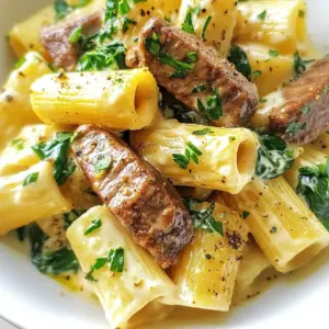 - 12 oz rigatoni pasta - 1 lb flank steak, thinly sliced - 2 tablespoons Cajun seasoning - 2 tablespoons olive oil - 3 cloves garlic, minced - 1 cup heavy cream - 1 cup grated Parmesan cheese - 1 cup fresh spinach, roughly chopped - Salt and freshly ground black pepper, to taste - Fresh parsley, finely chopped, for garnish The rigatoni pasta is key to this dish. Its ridges hold onto the creamy sauce. The flank steak brings a rich, meaty flavor. Cajun seasoning adds a nice kick. It has spices that dance on your tongue. Olive oil helps to sear the steak and cook the garlic. Garlic gives off a wonderful aroma when cooked. Heavy cream forms the base for the Alfredo sauce. Parmesan cheese adds a sharp and nutty flavor. Fresh spinach gives color and nutrients. Finally, salt and pepper bring out all the flavors. You can add a few things to boost the flavor. Saut&eacute;ed mushrooms can add earthiness. Sun-dried tomatoes give a sweet and tangy punch. You can also throw in some bell peppers for crunch and color. If you like it spicy, add sliced jalape&ntilde;os. Not all ingredients are a must. If you can't find flank steak, use sirloin or chicken. For a lighter sauce, swap heavy cream with half-and-half. You can also use a different cheese like Gruy&egrave;re or mozzarella. For a gluten-free option, choose gluten-free pasta. If you want a plant-based dish, try using tofu or tempeh instead of meat. {{ingredient_image_2}} Start by boiling a large pot of salted water. Once it boils, add the rigatoni. Cook it for about 10-12 minutes. You want the pasta to be al dente, which means it should still have a bite. After cooking, drain the pasta in a colander. Remember to save 1/2 cup of the water for later. This water helps the sauce stick to the pasta. Take your flank steak and slice it thinly. Place the pieces in a medium bowl. Sprinkle the Cajun seasoning over the steak. Toss the meat well to coat every piece. Heat olive oil in a large skillet over medium-high heat. When the oil is hot, add the steak to the pan. Sear the meat for about 3-4 minutes. It should turn a nice brown color. Once cooked, move the steak to a plate to rest. In the same skillet, lower the heat to medium. Add the minced garlic and saut&eacute; for about 30 seconds. Stir it often to avoid burning. Then, pour in the heavy cream and stir. Let it simmer gently. Next, add the grated Parmesan cheese little by little. Keep stirring until the cheese melts. If the sauce is too thick, add some reserved pasta water until it&rsquo;s creamy. Finally, mix in the cooked rigatoni and chopped spinach. Stir until the spinach wilts. Fold in the seared steak and add salt and pepper to taste. To cook rigatoni al dente, start with a large pot of salted water. Bring it to a rolling boil. Add the rigatoni and set a timer. Follow the package time, usually 10-12 minutes. Test the pasta a minute early. It should be firm but not hard. Drain the pasta in a colander but save half a cup of the water. This water helps the sauce later. For flank steak, the best doneness is medium-rare. That means cooking it to an internal temperature of 130-135&deg;F. Use a meat thermometer for accuracy. If you like it more done, medium is 140-145&deg;F. Always let the steak rest for at least 5 minutes after cooking. This helps keep it juicy and tender. To make a rich and creamy Alfredo sauce, heat the skillet over medium heat. Add the garlic first, and stir to avoid burning. Then, slowly pour in the heavy cream. This helps it blend well with the garlic. Gradually add the Parmesan cheese, stirring until it melts. If the sauce is too thick, stir in the saved pasta water bit by bit. This creates a smooth, luscious sauce. Pro Tips Choosing the Right Cut: Flank steak is a great choice for this dish due to its flavor and tenderness when cooked properly. If you prefer a different cut, try sirloin or ribeye for a richer taste. Seasoning the Pasta: For extra flavor, consider adding a teaspoon of Cajun seasoning to the boiling water before adding the rigatoni. This infuses the pasta with a subtle kick. Perfecting the Alfredo Sauce: To achieve a silky smooth sauce, make sure to continuously stir the cream as you add the cheese. This prevents clumping and ensures a creamy consistency. Adding Freshness: Incorporating fresh herbs like basil or thyme along with the parsley garnish can elevate the flavor profile of your Cajun Steak Rigatoni Alfredo. {{image_4}} You can easily make this dish meatless. Swap the flank steak for sliced mushrooms or firm tofu. Both options soak up flavors well. Use the same Cajun seasoning to keep that spicy taste. You can also add more veggies, like bell peppers or zucchini, for extra texture and nutrients. While rigatoni is great, you can try other pasta types. Penne or fusilli work well too. They hold the sauce nicely. If you're looking for a gluten-free option, choose gluten-free pasta. Cook it just like regular pasta, and enjoy the same creamy goodness. Adjust the spice level to suit your taste. For less heat, use half the Cajun seasoning. You can also add a pinch of smoked paprika for a smoky flavor. If you love spice, try adding cayenne pepper or crushed red pepper flakes. Start with a small amount and taste as you go to find your perfect mix. To keep your Cajun Steak Rigatoni Alfredo fresh, store it in an airtight container. Let it cool to room temperature first. Then, place it in the fridge. It will stay good for about 3 to 4 days. Make sure to keep it away from strong-smelling foods to avoid unwanted flavors. When you're ready to enjoy leftovers, reheating is simple. Place the pasta in a skillet over medium heat. Add a splash of milk or cream to help it warm up. Stir often to heat evenly. You can also use the microwave. Just cover it with a microwave-safe lid. Heat for 1-2 minutes, stirring halfway through. If you want to freeze Cajun Steak Rigatoni Alfredo, do it right after cooking. Place it in a freezer-safe container. It will stay fresh for up to 2 months. To thaw, move it to the fridge overnight. Reheat it in a skillet or microwave as mentioned above. Avoid refreezing once it's thawed, to keep the texture smooth. Cajun Steak Rigatoni Alfredo is a creamy pasta dish. It features rigatoni pasta mixed with tender flank steak. The steak gets coated in zesty Cajun seasoning for flavor. A rich Alfredo sauce binds it all together. This dish is not just filling; it is also full of bold flavors. You&rsquo;ll find fresh spinach in the mix for color and nutrition. Each bite offers a taste of spice and creaminess that is hard to resist. Yes, you can use other cheeses in this recipe. While Parmesan gives a nice flavor, mozzarella works well too. You could also try a sharp cheddar for a twist. Just remember, different cheeses melt differently. This might change the texture of your sauce. Stick to cheeses that melt well for the best results. To make Cajun Steak Rigatoni Alfredo gluten-free, swap the rigatoni for gluten-free pasta. Many brands offer great gluten-free options. You will still follow the same cooking method. Be sure to check all your other ingredients for gluten. Cajun seasoning and heavy cream are usually gluten-free, but it&rsquo;s good to double-check. Enjoy your dish without worry! In this blog post, we covered the key steps to make Cajun Steak Rigatoni Alfredo. We looked at the ingredients, including tasty add-ins and substitutions. You learned how to cook the pasta, sear the steak, and create a creamy sauce. I shared tips for perfect results, fun variations, and best storage methods. Remember, cooking can be fun and creative. Use this guide to make a dish you love!