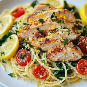 - Chicken and Pasta - 2 boneless, skinless chicken breasts, thinly sliced - 8 oz (225 g) spaghetti or pasta of your choice - Flavor Builders - 2 tablespoons olive oil - 3 cloves garlic, finely minced - Zest of 1 large lemon - 1/4 cup freshly squeezed lemon juice (about 1-2 lemons) - 1/2 teaspoon red pepper flakes (adjust according to spice preference) - Fresh Vegetables and Herbs - 1 cup cherry tomatoes, halved - 1 cup fresh spinach, packed - Salt and freshly ground black pepper, to taste - 1/4 cup fresh parsley, chopped (for garnish) - Grated Parmesan cheese (optional, for serving) When making Zesty Lemon Chicken Pasta, I love to focus on fresh, bright flavors. The chicken gives a great base, while the lemon zest and juice add a zesty kick. Opt for your favorite pasta; I recommend spaghetti for a classic touch. The cherry tomatoes and spinach bring color and nutrients. Each ingredient plays a key role. The olive oil helps saut&eacute; the chicken and adds richness. Garlic builds lovely depth. Red pepper flakes provide heat, but you can adjust that to fit your taste. The fresh parsley at the end is not just for looks; it brightens the dish. Don't forget to sprinkle some Parmesan if you want a creamy finish. With these ingredients, you will create a meal that is fresh, flavorful, and sure to impress! {{ingredient_image_2}} To start, boil a large pot of salted water. Once it boils, add your pasta. I like using spaghetti, but any pasta works. Cook it until it's al dente, which means it should be firm yet tender. This usually takes 8 to 10 minutes. After draining the pasta, save about half a cup of the pasta water. This water helps to make your sauce silky later. Next, grab a large skillet and heat olive oil over medium heat. When the oil shimmers, add the thinly sliced chicken. To get that golden color, make sure not to overcrowd the skillet. Season the chicken with salt and black pepper. Saut&eacute; it for about 5 to 7 minutes. Look for a golden brown crust, and ensure it&rsquo;s no longer pink inside. Once cooked, take the chicken out and set it aside on a plate to keep warm. Now, let&rsquo;s build that flavor! In the same skillet, add finely minced garlic and red pepper flakes. Saut&eacute; these for about 30 seconds. You want the garlic to smell good but not brown. Then, toss in the halved cherry tomatoes. Cook them for about 3 to 4 minutes until they soften and let out their juices. This adds a nice base for your sauce. Next, add lemon zest and fresh lemon juice to the skillet, stirring well. Let it simmer for about 2 minutes. If it looks dry, add a little reserved pasta water to reach your desired consistency. It&rsquo;s time to mix everything! Return the cooked chicken to the skillet. Gently fold in the pasta and fresh spinach. Toss until the pasta is well-coated with the sauce and the spinach wilts. Taste your dish and adjust the seasoning. You may want to add a pinch more salt or black pepper. This is your chance to make it just right! To ensure your chicken is tender, start with thin slices. This helps the chicken cook quickly and evenly. Saut&eacute; the chicken until it turns golden brown. This usually takes about 5-7 minutes. Always check that the chicken is no longer pink in the center. This guarantees it is fully cooked. For the garlic, be careful not to overcook it. Saut&eacute; the minced garlic for only about 30 seconds. You want it to be fragrant, not browned. Overcooked garlic can taste bitter. For presentation, serve your pasta in wide, shallow bowls. This showcases the bright colors of the dish. You can add lemon wedges on the side. This gives an extra pop of freshness. Optional garnishes can elevate your meal. I recommend tossing some fresh parsley on top. Grated Parmesan cheese also adds a creamy touch. Both options make your dish look and taste amazing. When it comes to seasoning, taste as you go. Start with salt and black pepper, then adjust to your liking. The right amount makes a big difference. Using pasta water is a smart trick. It helps achieve the perfect sauce consistency. After draining the pasta, save some water. If your sauce seems too dry, add a bit of that water. It adds flavor and keeps your dish moist. Pro Tips Marinate for Extra Flavor: For a deeper flavor profile, marinate the chicken in olive oil, lemon juice, garlic, and herbs for at least 30 minutes before cooking. Fresh Ingredients Matter: Using fresh spinach and ripe cherry tomatoes enhances the taste and texture of the dish significantly, making it more vibrant. Adjust the Spice Level: If you enjoy a bit more heat, feel free to add more red pepper flakes or even a splash of hot sauce to the dish before serving. Leftover Transformation: This dish makes for a great leftover meal. Store it in an airtight container, and reheat gently, adding a splash of water to keep it moist. {{image_4}} For those seeking gluten-free options, you can choose gluten-free pasta. Many brands offer great textures and flavors, so you won't miss regular pasta. Additionally, for low-carb diets, you might try zucchini noodles or spaghetti squash. These options keep the meal light while still delivering that zesty flavor. If you want to change up the protein, shrimp or tofu work well in this dish. Shrimp cooks quickly and adds a nice touch. Tofu absorbs flavors well, making it a great choice for a plant-based meal. You can also add seasonal vegetables, like bell peppers or asparagus, to boost nutrition and color. They add freshness and crunch to the pasta. To elevate flavors, experiment with different herbs and spices. Fresh basil or oregano can add depth to your dish. If you want more heat, adjust the red pepper flakes. You can add more or less to match your spice level. A pinch of smoked paprika can also bring a unique twist to your Zesty Lemon Chicken Pasta. To keep your Zesty Lemon Chicken Pasta fresh, store any leftovers in an airtight container. Make sure to cool the pasta to room temperature first. This helps prevent moisture build-up and keeps flavors intact. You can store it in the fridge for up to three days. When ready to eat, just take it out and let it sit for a bit. This will help it warm evenly. If you want to save your pasta for later, freezing is a great option. Place the cooled pasta in a freezer-safe container or bag. Squeeze out as much air as possible to prevent freezer burn. You can freeze it for up to three months. When you are ready to eat, thaw it overnight in the fridge. To reheat, you can use a skillet over medium heat. Add a splash of water or broth to keep it moist. Stir gently until it's heated through, making sure not to overcook it. This way, you keep the flavors and textures just right. Enjoy your delicious meal again! To make Zesty Lemon Chicken Pasta less spicy, you can adjust the red pepper flakes. Start with just a pinch. If you want even less heat, you can skip the red pepper flakes altogether. This way, you keep the flavor bright without the spice. You can also use sweet bell peppers for a mild kick. Yes, you can use different types of pasta. If you prefer whole wheat or gluten-free pasta, those work great too. Penne or fettuccine are good choices as well. They hold the sauce nicely and add a fun twist to the dish. Many herbs work well in Zesty Lemon Chicken Pasta. Fresh basil or oregano can add a nice touch. You can also try thyme for a different flavor. These herbs bring out the lemon and chicken taste. Feel free to mix and match based on what you like best. To check if your chicken is fully cooked, look for a golden brown color. The inside should be white and not pink. You can also use a meat thermometer. It should read 165&deg;F (75&deg;C) at the thickest part. This ensures the chicken is safe to eat and juicy. In this blog post, I covered how to make Zesty Lemon Chicken Pasta. We talked about key ingredients like chicken, pasta, and fresh vegetables. I detailed each cooking step, from preparing the pasta to creating the sauce. Tips helped avoid common mistakes, while variations offered ways to customize the dish. Remember, cooking should be fun and full of flavor. Don&rsquo;t hesitate to try new ingredients or seasonings. Enjoy your cooking journey!