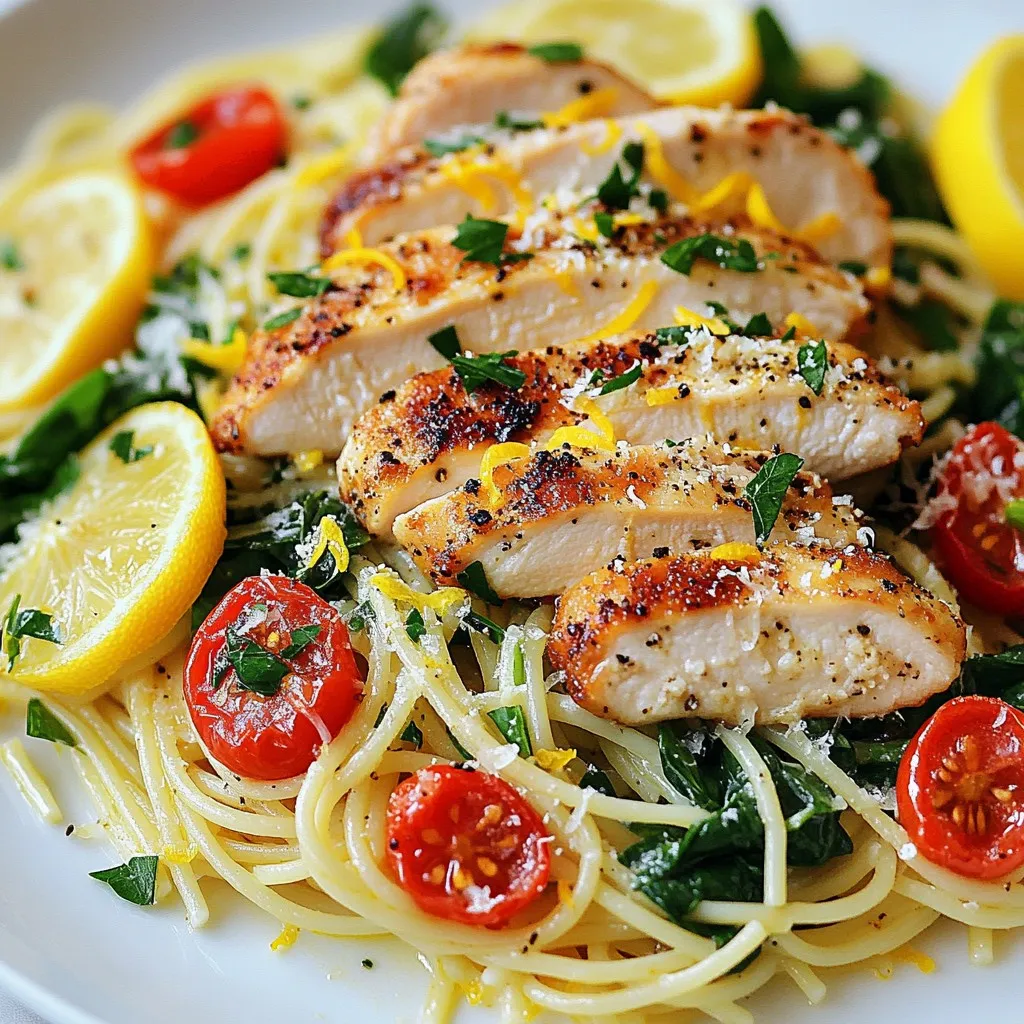 - Chicken and Pasta - 2 boneless, skinless chicken breasts, thinly sliced - 8 oz (225 g) spaghetti or pasta of your choice - Flavor Builders - 2 tablespoons olive oil - 3 cloves garlic, finely minced - Zest of 1 large lemon - 1/4 cup freshly squeezed lemon juice (about 1-2 lemons) - 1/2 teaspoon red pepper flakes (adjust according to spice preference) - Fresh Vegetables and Herbs - 1 cup cherry tomatoes, halved - 1 cup fresh spinach, packed - Salt and freshly ground black pepper, to taste - 1/4 cup fresh parsley, chopped (for garnish) - Grated Parmesan cheese (optional, for serving) When making Zesty Lemon Chicken Pasta, I love to focus on fresh, bright flavors. The chicken gives a great base, while the lemon zest and juice add a zesty kick. Opt for your favorite pasta; I recommend spaghetti for a classic touch. The cherry tomatoes and spinach bring color and nutrients. Each ingredient plays a key role. The olive oil helps sauté the chicken and adds richness. Garlic builds lovely depth. Red pepper flakes provide heat, but you can adjust that to fit your taste. The fresh parsley at the end is not just for looks; it brightens the dish. Don't forget to sprinkle some Parmesan if you want a creamy finish. With these ingredients, you will create a meal that is fresh, flavorful, and sure to impress! {{ingredient_image_2}} To start, boil a large pot of salted water. Once it boils, add your pasta. I like using spaghetti, but any pasta works. Cook it until it's al dente, which means it should be firm yet tender. This usually takes 8 to 10 minutes. After draining the pasta, save about half a cup of the pasta water. This water helps to make your sauce silky later. Next, grab a large skillet and heat olive oil over medium heat. When the oil shimmers, add the thinly sliced chicken. To get that golden color, make sure not to overcrowd the skillet. Season the chicken with salt and black pepper. Sauté it for about 5 to 7 minutes. Look for a golden brown crust, and ensure it’s no longer pink inside. Once cooked, take the chicken out and set it aside on a plate to keep warm. Now, let’s build that flavor! In the same skillet, add finely minced garlic and red pepper flakes. Sauté these for about 30 seconds. You want the garlic to smell good but not brown. Then, toss in the halved cherry tomatoes. Cook them for about 3 to 4 minutes until they soften and let out their juices. This adds a nice base for your sauce. Next, add lemon zest and fresh lemon juice to the skillet, stirring well. Let it simmer for about 2 minutes. If it looks dry, add a little reserved pasta water to reach your desired consistency. It’s time to mix everything! Return the cooked chicken to the skillet. Gently fold in the pasta and fresh spinach. Toss until the pasta is well-coated with the sauce and the spinach wilts. Taste your dish and adjust the seasoning. You may want to add a pinch more salt or black pepper. This is your chance to make it just right! To ensure your chicken is tender, start with thin slices. This helps the chicken cook quickly and evenly. Sauté the chicken until it turns golden brown. This usually takes about 5-7 minutes. Always check that the chicken is no longer pink in the center. This guarantees it is fully cooked. For the garlic, be careful not to overcook it. Sauté the minced garlic for only about 30 seconds. You want it to be fragrant, not browned. Overcooked garlic can taste bitter. For presentation, serve your pasta in wide, shallow bowls. This showcases the bright colors of the dish. You can add lemon wedges on the side. This gives an extra pop of freshness. Optional garnishes can elevate your meal. I recommend tossing some fresh parsley on top. Grated Parmesan cheese also adds a creamy touch. Both options make your dish look and taste amazing. When it comes to seasoning, taste as you go. Start with salt and black pepper, then adjust to your liking. The right amount makes a big difference. Using pasta water is a smart trick. It helps achieve the perfect sauce consistency. After draining the pasta, save some water. If your sauce seems too dry, add a bit of that water. It adds flavor and keeps your dish moist. Pro Tips Marinate for Extra Flavor: For a deeper flavor profile, marinate the chicken in olive oil, lemon juice, garlic, and herbs for at least 30 minutes before cooking. Fresh Ingredients Matter: Using fresh spinach and ripe cherry tomatoes enhances the taste and texture of the dish significantly, making it more vibrant. Adjust the Spice Level: If you enjoy a bit more heat, feel free to add more red pepper flakes or even a splash of hot sauce to the dish before serving. Leftover Transformation: This dish makes for a great leftover meal. Store it in an airtight container, and reheat gently, adding a splash of water to keep it moist. {{image_4}} For those seeking gluten-free options, you can choose gluten-free pasta. Many brands offer great textures and flavors, so you won't miss regular pasta. Additionally, for low-carb diets, you might try zucchini noodles or spaghetti squash. These options keep the meal light while still delivering that zesty flavor. If you want to change up the protein, shrimp or tofu work well in this dish. Shrimp cooks quickly and adds a nice touch. Tofu absorbs flavors well, making it a great choice for a plant-based meal. You can also add seasonal vegetables, like bell peppers or asparagus, to boost nutrition and color. They add freshness and crunch to the pasta. To elevate flavors, experiment with different herbs and spices. Fresh basil or oregano can add depth to your dish. If you want more heat, adjust the red pepper flakes. You can add more or less to match your spice level. A pinch of smoked paprika can also bring a unique twist to your Zesty Lemon Chicken Pasta. To keep your Zesty Lemon Chicken Pasta fresh, store any leftovers in an airtight container. Make sure to cool the pasta to room temperature first. This helps prevent moisture build-up and keeps flavors intact. You can store it in the fridge for up to three days. When ready to eat, just take it out and let it sit for a bit. This will help it warm evenly. If you want to save your pasta for later, freezing is a great option. Place the cooled pasta in a freezer-safe container or bag. Squeeze out as much air as possible to prevent freezer burn. You can freeze it for up to three months. When you are ready to eat, thaw it overnight in the fridge. To reheat, you can use a skillet over medium heat. Add a splash of water or broth to keep it moist. Stir gently until it's heated through, making sure not to overcook it. This way, you keep the flavors and textures just right. Enjoy your delicious meal again! To make Zesty Lemon Chicken Pasta less spicy, you can adjust the red pepper flakes. Start with just a pinch. If you want even less heat, you can skip the red pepper flakes altogether. This way, you keep the flavor bright without the spice. You can also use sweet bell peppers for a mild kick. Yes, you can use different types of pasta. If you prefer whole wheat or gluten-free pasta, those work great too. Penne or fettuccine are good choices as well. They hold the sauce nicely and add a fun twist to the dish. Many herbs work well in Zesty Lemon Chicken Pasta. Fresh basil or oregano can add a nice touch. You can also try thyme for a different flavor. These herbs bring out the lemon and chicken taste. Feel free to mix and match based on what you like best. To check if your chicken is fully cooked, look for a golden brown color. The inside should be white and not pink. You can also use a meat thermometer. It should read 165°F (75°C) at the thickest part. This ensures the chicken is safe to eat and juicy. In this blog post, I covered how to make Zesty Lemon Chicken Pasta. We talked about key ingredients like chicken, pasta, and fresh vegetables. I detailed each cooking step, from preparing the pasta to creating the sauce. Tips helped avoid common mistakes, while variations offered ways to customize the dish. Remember, cooking should be fun and full of flavor. Don’t hesitate to try new ingredients or seasonings. Enjoy your cooking journey!