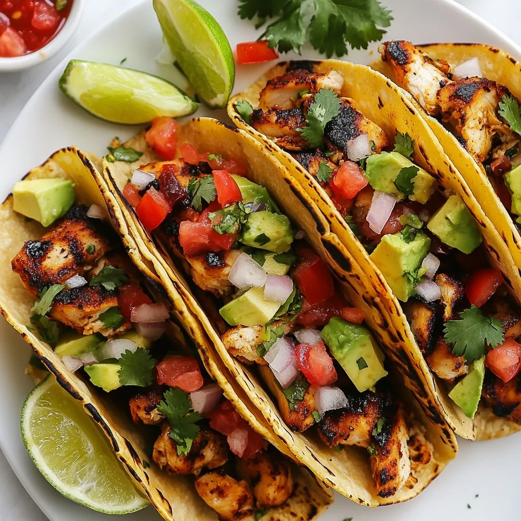 For these tacos, you will need: - 1 lb boneless, skinless chicken thighs - 8 small corn tortillas - 1 cup finely diced onions - 1 cup diced ripe tomatoes - 1 cup chopped fresh cilantro - 1 ripe avocado, sliced - Lime wedges for serving These simple ingredients create a fresh and tasty meal. The chicken thighs stay juicy, while the tortillas hold everything together. To make the chicken flavorful, gather these spices: - 1 tablespoon olive oil - 2 teaspoons chili powder - 1 teaspoon ground cumin - 1 teaspoon garlic powder - 1 teaspoon smoked paprika - Salt and freshly cracked pepper, to taste These spices add depth and warmth to your chicken. They help create that bold street-style taste you crave. Customize your tacos with these tasty options: - Salsa or hot sauce (optional) Feel free to mix and match. Add your favorite toppings to make each taco special. Enjoy experimenting with flavors! {{ingredient_image_2}} To start, grab a small bowl. Mix together the chili powder, cumin, garlic powder, smoked paprika, salt, and pepper. Stir these spices well. This blend adds great flavor to the chicken. Next, take 1 pound of chicken thighs. Pat them dry using a paper towel. Take the spice blend and rub it all over the chicken. Make sure every piece is coated. Let the chicken marinate for at least 20 minutes. This helps the spices soak into the meat. Now, heat a large skillet on medium-high heat. Add 1 tablespoon of olive oil. Once the oil is hot, carefully place the marinated chicken in the skillet. Cook the chicken for 6-7 minutes on each side. Look for a nice char on the outside. The chicken should reach 165°F (75°C) for safe eating. While the chicken rests, it’s time to warm the tortillas. Take 8 small corn tortillas and heat them in a dry skillet over medium heat. Heat each side for about 30 seconds. This makes them soft and easy to fold. It’s time to build your tacos! Slice the rested chicken into thin strips. Place a few strips on each tortilla. Top with diced onions, juicy tomatoes, fresh cilantro, and avocado slices. Squeeze fresh lime juice over the top. You can add salsa or hot sauce if you like it spicy! To get the best flavor, use fresh spices. Mix chili powder, cumin, garlic powder, and smoked paprika. This blend adds depth to the chicken. Always rub it on the meat well. Let the chicken marinate for at least 20 minutes. This step helps the spices soak in. You can even marinate it overnight for more flavor. Warm your tortillas just right. Heat a dry skillet on medium. Place each tortilla in the pan for about 30 seconds. Flip it and heat the other side. This makes them soft and easy to fold. If they crack, they aren’t warm enough. Keep them covered in a cloth while you prepare the tacos. This keeps them warm and soft. Presentation makes your tacos look even better. Use a bright platter lined with parchment paper. Arrange the tacos neatly on the plate. Add colorful toppings like diced tomatoes and fresh cilantro. Place lime wedges around for a pop of color. This adds a fresh touch and makes it appealing. A little care in how you serve can really impress your guests! Pro Tips Marination Matters: Allow the chicken to marinate for longer than 20 minutes if possible. A few hours or even overnight will deepen the flavors significantly. Perfectly Warm Tortillas: To enhance the flavor, try brushing the tortillas lightly with olive oil before warming them. This adds a nice richness. Balance the Flavors: Consider adding a pinch of sugar to the spice blend if you prefer a slight sweetness that complements the spices. Fresh Ingredients: Use the freshest vegetables and herbs you can find for the best flavor and presentation in your tacos. {{image_4}} You can use many proteins in place of chicken. Try beef, pork, or shrimp. Each option brings a unique flavor. For beef, use flank steak or ground beef. For pork, opt for tenderloin or carnitas. If you choose shrimp, cook them quickly on high heat. This keeps them juicy and firm. Spices can change the taste of your tacos. Instead of the classic blend, try using taco seasoning. It has a nice mix of flavors. You can also experiment with curry powder for a twist. Another option is to use lemon zest with cumin for brightness. Each blend can create a new taco experience. Vegetarian tacos can be just as tasty. Use grilled mushrooms or zucchini as a base. They add great texture and flavor. Black beans or lentils are also excellent choices. They provide protein and heartiness. Top with avocado, fresh salsa, and cilantro for extra flavor. You won’t miss the meat! After making your street-style chicken tacos, you may have some chicken left. To store it, let it cool down first. Once cool, place the chicken in an airtight container. This helps keep it fresh. You can store it in the fridge for up to three days. If you want to keep it longer, you can freeze it. Wrap the chicken tightly in plastic wrap and then place it in a freezer bag. This method prevents freezer burn. Frozen chicken can last up to three months. When it's time to enjoy your leftover chicken, you can reheat it easily. The best way is to use a skillet. Heat the skillet over medium heat. Add a splash of water or broth to keep the chicken moist. Place the chicken in the skillet and cover it with a lid. Heat for about 5-7 minutes or until it's warm. You can also use a microwave. Place the chicken on a microwave-safe plate. Cover it with a damp paper towel. Heat in 30-second bursts until hot. Just be careful not to overcook it, or it may dry out. Tortillas are best fresh, but you can store them too. Keep them in a sealed bag at room temperature for up to two days. If you want to keep them longer, freeze them. Place parchment paper between each tortilla to prevent sticking. Wrap them in plastic wrap and place them in a freezer bag. They can last for up to three months in the freezer. For toppings like onions, tomatoes, and cilantro, store them in separate containers. Keep them in the fridge, and they will stay fresh for a few days. Avocado can brown quickly. To store it, keep the pit in if you have half left. Place it in an airtight container with a little lime juice to slow down browning. I recommend using boneless, skinless chicken thighs. They stay juicy and tender. Thighs also absorb flavors well, making them perfect for tacos. Chicken breasts can dry out, so thighs are a better choice. Yes, grilling works great! It adds a nice smoky flavor. Preheat your grill and cook the chicken for about 6-7 minutes per side. Just check that it reaches 165°F (75°C) inside. Grilled chicken will be just as tasty in your tacos. Street-style tacos shine with fresh toppings. Here are some favorites: - Diced onions - Juicy tomatoes - Chopped cilantro - Sliced avocado - Lime wedges - Salsa or hot sauce Feel free to mix and match these toppings! To spice things up, add more chili powder to the chicken mix. You can also include sliced jalapeños. For an extra kick, try a spicy salsa or hot sauce on top. Adjust the spice to your taste, and enjoy! You can create delicious street-style chicken tacos at home easily. We covered the main ingredients, essential spices, and optional toppings to suit your taste. The step-by-step instructions guide you through marinating, cooking, and assembling. Tips for flavor, soft tortillas, and presentation can make your dish stand out. Plus, we explored variations like different proteins and vegetarian options. Lastly, knowing how to store leftovers can save you time. Enjoy making your unique tacos and share them with friends and family!