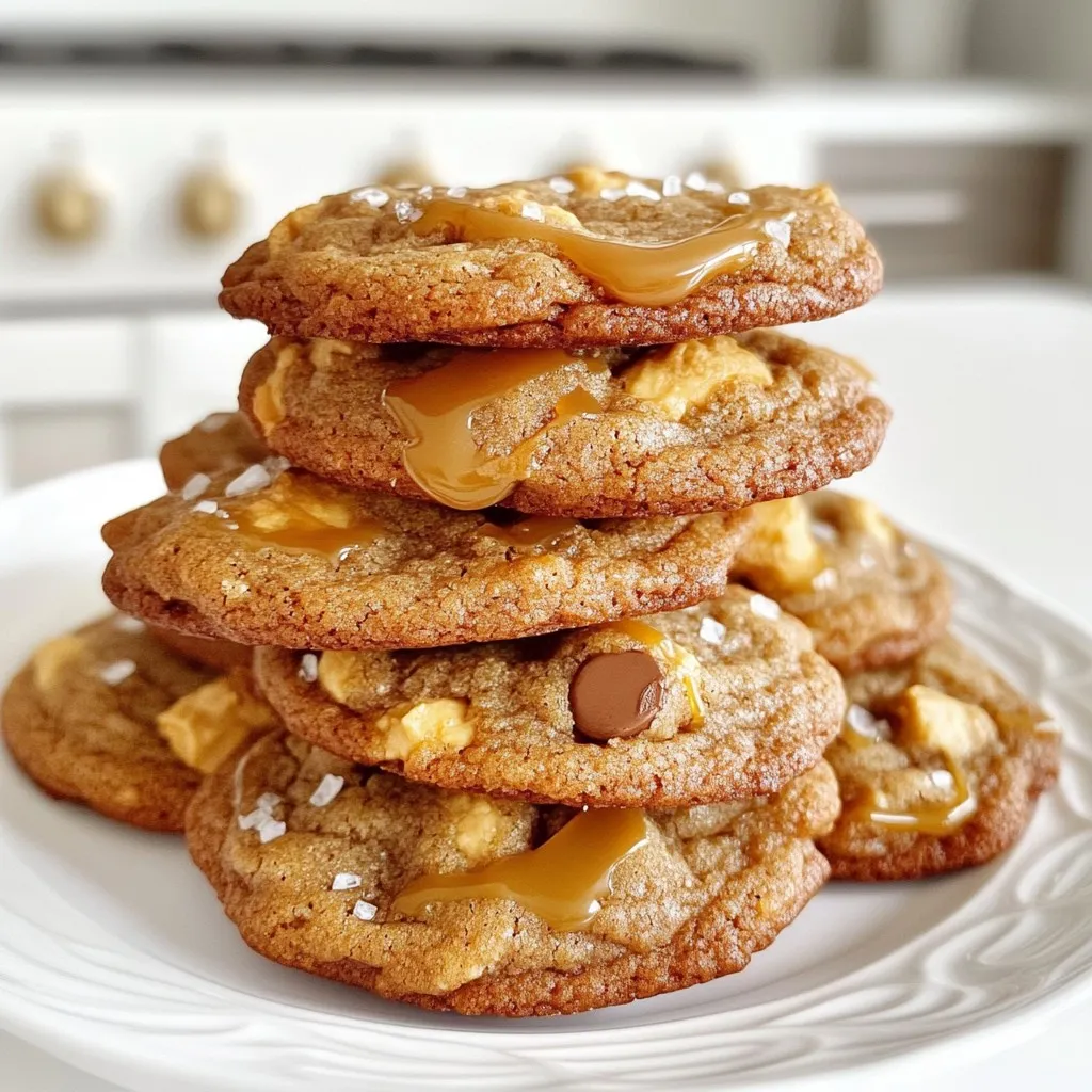To make these Peanut Butter Chocolate Caramel Cookies, you need a few simple ingredients. Each one plays a key role in creating that perfect taste and texture. - 1 cup creamy peanut butter - 1/2 cup unsalted butter, softened - 1 cup brown sugar, packed firmly - 1/2 cup granulated sugar - 1 large egg - 1 teaspoon pure vanilla extract - 2 cups all-purpose flour - 1 teaspoon baking soda - 1/2 teaspoon fine sea salt - 1 cup semi-sweet chocolate chips - 1/2 cup caramel sauce - Flaky sea salt for topping Each ingredient adds a layer of flavor. The peanut butter gives a rich, nutty taste. The unsalted butter adds creaminess. Both sugars provide sweetness and help the cookies stay soft. The egg binds everything together, while vanilla adds warmth. Flour, baking soda, and salt build the cookie's structure. Chocolate chips bring a melty, sweet touch. Caramel sauce offers a gooey surprise in the middle. Finally, flaky sea salt enhances all the flavors. Together, these ingredients create a treat that is hard to resist. You’ll find that these cookies are a delightful mix of sweet and salty, chewy and crunchy. {{ingredient_image_2}} First, preheat your oven to 350°F (175°C). This helps the cookies bake evenly. Next, line a baking sheet with parchment paper. This keeps the cookies from sticking and makes cleanup easy. In a large bowl, combine 1/2 cup unsalted butter and 1 cup creamy peanut butter. Add 1 cup packed brown sugar and 1/2 cup granulated sugar. Use a mixer or whisk to blend until smooth and creamy. Now, crack in 1 large egg and pour in 1 teaspoon of pure vanilla extract. Mix until everything is well combined. In another bowl, whisk together 2 cups all-purpose flour, 1 teaspoon baking soda, and 1/2 teaspoon fine sea salt. This step ensures that the baking soda and salt spread evenly in the dough. Gradually add the dry mix to the wet mixture. Stir gently until just combined. Be careful not to overmix. Now, fold in 1 cup of semi-sweet chocolate chips. This adds rich flavor and texture. Use a tablespoon or cookie scoop to portion out the dough. Roll each piece into a ball and place them on the prepared baking sheet. Make sure to space them about 2 inches apart. Press your thumb gently into the center of each dough ball to create a small indentation. Carefully fill each indent with 1/2 cup caramel sauce. If you like, sprinkle a tiny pinch of flaky sea salt on top for extra flavor. Bake your cookies in the preheated oven for 10-12 minutes. Keep an eye on them until the edges turn golden brown. The centers may look soft, but they will firm up as they cool. Allow the cookies to cool on the baking sheet for about 5 minutes. Then, transfer them to a wire rack to cool completely. How to avoid overmixing Overmixing can make cookies tough. Mix just enough to blend the dry and wet ingredients. Stop as soon as you see no dry flour. This keeps your cookies nice and soft. Tips for soft and chewy cookies To get that soft, chewy texture, try using brown sugar. Brown sugar has more moisture than white sugar. Also, don’t bake them too long. You want the edges golden but the centers a bit soft. Using a stand mixer vs. hand mixing A stand mixer saves time and energy. It mixes the dough well without much effort. But hand mixing gives you more control. You can feel the dough’s texture and avoid overmixing. Both methods work well; it just depends on what you prefer. Presentation ideas and serving tips For a lovely presentation, stack your cookies on a decorative plate. Drizzle extra caramel sauce on top. A sprinkle of flaky sea salt adds a nice touch too. This makes your cookies look as good as they taste. Serve them warm for that gooey, melt-in-your-mouth experience! Pro Tips Use Room Temperature Ingredients: Ensuring that your butter and eggs are at room temperature helps create a smoother batter and results in fluffier cookies. Don’t Overmix the Dough: Mixing the dough just until combined helps keep the cookies tender. Overmixing can lead to dense cookies. Chill the Dough for Extra Flavor: For a deeper flavor, chill the cookie dough for at least 30 minutes before baking. This allows the ingredients to meld together better. Experiment with Toppings: Feel free to get creative with toppings! Try adding crushed nuts or a drizzle of melted chocolate for added texture and flavor. {{image_4}} You can make these cookies even better by adding nuts. Chopped walnuts or pecans add a nice crunch. You can also switch up the chocolate. Try using dark chocolate or even white chocolate chips. Each choice gives a unique taste and texture. If you want a gluten-free option, use almond flour instead of all-purpose flour. It works well and keeps the cookies soft. For a dairy-free treat, swap unsalted butter for coconut oil. This change keeps the cookies moist and adds a light coconut flavor. Get creative by adding different flavors. Try mixing in shredded coconut for a tropical vibe. You can also use mint extract instead of vanilla for a fresh taste. Each twist offers a fun new way to enjoy these cookies. Store your peanut butter chocolate caramel cookies at room temperature. Place them in an airtight container. This keeps them soft and chewy. If you want, you can also store them in the fridge. However, this may change their texture slightly. They may become firmer and less chewy. Freezing cookies is easy. First, let them cool completely. Then, wrap each cookie tightly in plastic wrap. Place the wrapped cookies in a freezer bag. Make sure to squeeze out as much air as possible. This helps avoid freezer burn. When you want to eat them, take out the cookies. Let them thaw at room temperature for a few hours. These cookies stay fresh for about a week at room temperature. In the fridge, they can last for up to two weeks. If you freeze them, they are good for up to three months. Just remember to label the bag with the date. This way, you will know when to enjoy them! Yes, you can use crunchy peanut butter. It adds a fun texture. The cookies will still taste great. Just remember, the crunch will change the feel of each bite. If you love that crunch, go for it! Making homemade caramel sauce is easy! You need just three ingredients: sugar, butter, and heavy cream. Heat sugar in a pan until it melts. Stir in butter until smooth. Slowly add cream, stirring constantly. Cook until it thickens. Let it cool before using it in your cookies. To prevent cookies from spreading, chill the dough before baking. You can chill it for about 30 minutes. This helps the butter firm up. Also, using the right amount of flour can help keep the shape intact. Measure carefully! Yes, you can make the dough ahead! Shape the dough into balls and store them in the fridge. They can stay fresh for up to three days. When you’re ready to bake, just add a few extra minutes to the bake time. If you run out of semi-sweet chocolate chips, use dark chocolate or milk chocolate. You can even chop a chocolate bar into small pieces. This works great and adds a unique twist to your cookies! You now have a complete guide on making delicious caramel-filled peanut butter cookies. We covered each step, from mixing wet ingredients to baking and finally storing your cookies. Don’t forget to try the variations for added fun. With the tips shared, you can perfect the texture and impress everyone with your treats. Enjoy every bite, and remember, baking is an adventure. Embrace the process and get creative!