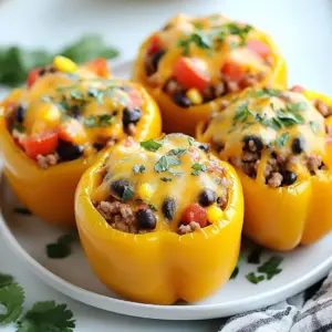 To make taco stuffed peppers, you need these main items: - 4 large bell peppers (any color of your choice) - 1 lb ground turkey or ground beef - 1 small onion, finely chopped - 2 cloves garlic, minced - 1 cup canned black beans, rinsed and drained - 1 cup corn kernels (fresh or canned) - 1 cup diced tomatoes (canned or fresh) - 2 tablespoons taco seasoning - 1 cup shredded cheddar cheese - Salt and pepper, to taste You can enhance your meal with these tasty options: - Fresh cilantro, chopped (for garnish) - Sour cream - Sliced avocado These taco stuffed peppers can fit many diets. Ground turkey is lean, making it great for those watching fat. If you're vegan, swap meat with lentils or mushrooms. Black beans add fiber and protein. For gluten-free eaters, this dish is naturally safe. Just use gluten-free taco seasoning. Always check labels to be sure! {{ingredient_image_2}} Start by preheating your oven to 375&deg;F (190&deg;C). This step warms up the oven for baking. Next, take four large bell peppers. I like using colorful ones for a fun look. Cut the tops off each pepper and remove the seeds and membranes. This makes space for the tasty filling. Set the hollowed peppers aside on a baking dish. Grab a large skillet and heat it over medium heat. Add one pound of ground turkey or beef to the skillet. Cook it until it turns brown. Use a spatula to break the meat into small pieces. If there's extra grease, drain it. Now, add one small chopped onion and two minced garlic cloves. Saut&eacute; them together for about three to four minutes. The onion should look clear and smell great. Then, mix in one cup of rinsed black beans, one cup of corn, and one cup of diced tomatoes. Sprinkle in two tablespoons of taco seasoning, along with salt and pepper to taste. Cook everything for another three to five minutes. This warms up the mix and blends the flavors. Finally, take the skillet off the heat and stir in half of the cup of shredded cheddar cheese until it melts into the filling. Now it&rsquo;s time to fill the peppers! Stuff each bell pepper with the taco filling, packing it in well. Place the filled peppers upright in your baking dish. Cover the dish tightly with aluminum foil and bake it in the preheated oven for 25 minutes. After that time, carefully remove the foil. Sprinkle the remaining cheddar cheese on top of each pepper. Return the dish to the oven for another 10 to 15 minutes. Look for the cheese to melt and bubble, and the peppers should be soft enough to pierce with a fork. Once done, take the dish out of the oven. Let the peppers cool for a few minutes. This prevents burns when you serve them. After enjoying your taco stuffed peppers, store leftovers in an airtight container. Keep them in the fridge for up to three days. To reheat, microwave them for a few minutes. You can also bake them in the oven at 350&deg;F (175&deg;C) until warm. This dish still tastes great the next day! You can prepare taco stuffed peppers in advance. Cook the filling and stuff the peppers. Then, cover them and place them in the fridge for up to 24 hours. When you're ready, bake them as directed. This makes busy weeknights easier and tastier. To enhance the flavor of your stuffed peppers, use fresh ingredients. Fresh herbs like cilantro add bright notes. You can also adjust the taco seasoning to your taste. For extra heat, add diced jalape&ntilde;os or a splash of hot sauce to the filling. Pro Tips Choose Colorful Peppers: Using a mix of red, yellow, and green bell peppers not only makes the dish visually appealing but also adds a variety of flavors. Make it Spicy: If you enjoy heat, consider adding some diced jalape&ntilde;os or a splash of hot sauce to the filling for a spicy kick. Customize Your Filling: Feel free to substitute the ground turkey or beef with shredded chicken, tofu, or even a mixture of grains and vegetables for a vegetarian version. Layer the Cheese: For an extra cheesy topping, layer the cheese in between the filling as well as on top before baking for a gooey texture. {{image_4}} To make vegetarian taco stuffed peppers, skip the meat. Use more black beans and corn. You can add cooked quinoa for extra protein. Mix in some diced zucchini or mushrooms for texture. The taco seasoning will still give great flavor. You can use any color bell pepper you like. For a low-carb version, replace the corn and beans. Use cauliflower rice instead. This keeps the meal light and tasty. You can also add spinach for more nutrients. The spices will keep it flavorful without the carbs. Feel free to swap the ground turkey or beef. Ground chicken or pork works well too. You can also mix meats for a unique taste. For a bean twist, try kidney beans or pinto beans. Each option brings a different flavor to the dish. Taco stuffed peppers shine on their own, but sides can add more flavor. Here are some fun ideas: - Mexican Rice: Serve fluffy rice with lime and cilantro for freshness. - Refried Beans: Creamy beans will complement the peppers nicely. - Guacamole: This cool dip works great with the spicy filling. - Corn Salad: A sweet corn salad adds a crisp touch to your meal. Finding the right drink can make your meal even better. Here are some tasty options: - Margaritas: A classic lime margarita brings zest to each bite. - Iced Tea: Sweet or unsweet, tea is refreshing and balances the meal. - Soda: A light soda can be a fun, fizzy choice. - Sparkling Water: Flavored sparkling water cleanses the palate well. Garnishes can elevate your taco stuffed peppers. They add color and taste. Here are some simple ideas: - Fresh Cilantro: Chopped cilantro adds a burst of flavor and looks great. - Sour Cream: A dollop of sour cream gives a creamy contrast. - Avocado Slices: Creamy avocado enhances the texture and flavor. - Lime Wedges: A squeeze of lime adds brightness to every bite. These serving suggestions will help you enjoy taco stuffed peppers to the fullest! Yes, you can use different types of peppers. Bell peppers are great, but you can try poblano, jalape&ntilde;o, or banana peppers. Each kind adds its own taste. For a sweeter flavor, stick to bell peppers. For heat, choose jalape&ntilde;os. The choice is yours! To make your taco stuffed peppers spicier, add jalape&ntilde;os or hot sauce to the filling. You can also mix in diced green chiles or sprinkle chili powder into the taco seasoning. Taste as you go, and adjust the spice level to what you like best. It's fun to find your perfect heat! Absolutely! You can freeze stuffed peppers for later. Once they cool, wrap each pepper in plastic wrap. Place them in a freezer bag or airtight container. They can last for up to three months. When ready to eat, just thaw and reheat in the oven. Enjoy your tasty meal anytime! Stuffed peppers are easy and fun to make. We covered the main ingredients and options for serving. I shared steps to prep, cook, and bake. Tips for storage and meal prep can save time. You can try vegetarian or low-carb versions. Don't forget pairing ideas for sides and drinks. Finally, stuffed peppers are great for any meal. They are tasty and flexible for everyone's diet. Enjoy your cooking and let your taste buds explore!