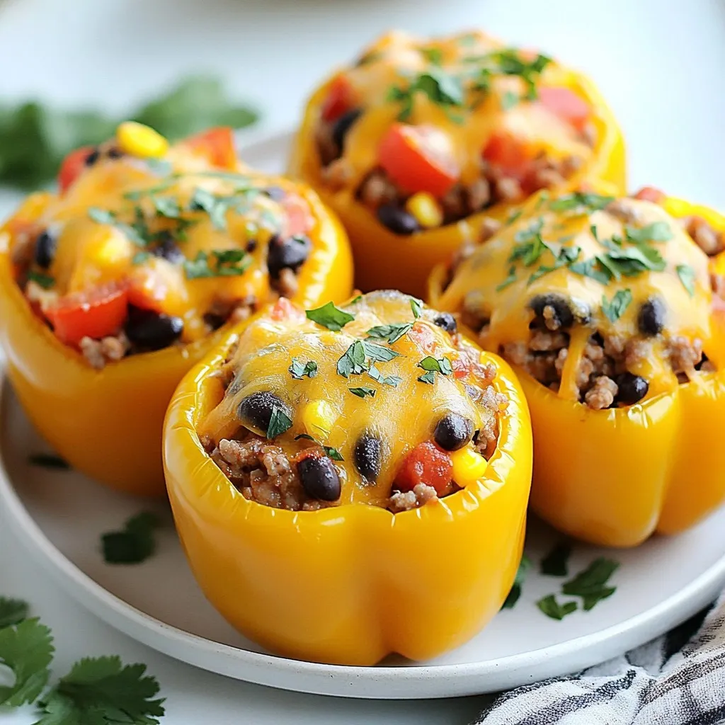 To make taco stuffed peppers, you need these main items: - 4 large bell peppers (any color of your choice) - 1 lb ground turkey or ground beef - 1 small onion, finely chopped - 2 cloves garlic, minced - 1 cup canned black beans, rinsed and drained - 1 cup corn kernels (fresh or canned) - 1 cup diced tomatoes (canned or fresh) - 2 tablespoons taco seasoning - 1 cup shredded cheddar cheese - Salt and pepper, to taste You can enhance your meal with these tasty options: - Fresh cilantro, chopped (for garnish) - Sour cream - Sliced avocado These taco stuffed peppers can fit many diets. Ground turkey is lean, making it great for those watching fat. If you're vegan, swap meat with lentils or mushrooms. Black beans add fiber and protein. For gluten-free eaters, this dish is naturally safe. Just use gluten-free taco seasoning. Always check labels to be sure! {{ingredient_image_2}} Start by preheating your oven to 375°F (190°C). This step warms up the oven for baking. Next, take four large bell peppers. I like using colorful ones for a fun look. Cut the tops off each pepper and remove the seeds and membranes. This makes space for the tasty filling. Set the hollowed peppers aside on a baking dish. Grab a large skillet and heat it over medium heat. Add one pound of ground turkey or beef to the skillet. Cook it until it turns brown. Use a spatula to break the meat into small pieces. If there's extra grease, drain it. Now, add one small chopped onion and two minced garlic cloves. Sauté them together for about three to four minutes. The onion should look clear and smell great. Then, mix in one cup of rinsed black beans, one cup of corn, and one cup of diced tomatoes. Sprinkle in two tablespoons of taco seasoning, along with salt and pepper to taste. Cook everything for another three to five minutes. This warms up the mix and blends the flavors. Finally, take the skillet off the heat and stir in half of the cup of shredded cheddar cheese until it melts into the filling. Now it’s time to fill the peppers! Stuff each bell pepper with the taco filling, packing it in well. Place the filled peppers upright in your baking dish. Cover the dish tightly with aluminum foil and bake it in the preheated oven for 25 minutes. After that time, carefully remove the foil. Sprinkle the remaining cheddar cheese on top of each pepper. Return the dish to the oven for another 10 to 15 minutes. Look for the cheese to melt and bubble, and the peppers should be soft enough to pierce with a fork. Once done, take the dish out of the oven. Let the peppers cool for a few minutes. This prevents burns when you serve them. After enjoying your taco stuffed peppers, store leftovers in an airtight container. Keep them in the fridge for up to three days. To reheat, microwave them for a few minutes. You can also bake them in the oven at 350°F (175°C) until warm. This dish still tastes great the next day! You can prepare taco stuffed peppers in advance. Cook the filling and stuff the peppers. Then, cover them and place them in the fridge for up to 24 hours. When you're ready, bake them as directed. This makes busy weeknights easier and tastier. To enhance the flavor of your stuffed peppers, use fresh ingredients. Fresh herbs like cilantro add bright notes. You can also adjust the taco seasoning to your taste. For extra heat, add diced jalapeños or a splash of hot sauce to the filling. Pro Tips Choose Colorful Peppers: Using a mix of red, yellow, and green bell peppers not only makes the dish visually appealing but also adds a variety of flavors. Make it Spicy: If you enjoy heat, consider adding some diced jalapeños or a splash of hot sauce to the filling for a spicy kick. Customize Your Filling: Feel free to substitute the ground turkey or beef with shredded chicken, tofu, or even a mixture of grains and vegetables for a vegetarian version. Layer the Cheese: For an extra cheesy topping, layer the cheese in between the filling as well as on top before baking for a gooey texture. {{image_4}} To make vegetarian taco stuffed peppers, skip the meat. Use more black beans and corn. You can add cooked quinoa for extra protein. Mix in some diced zucchini or mushrooms for texture. The taco seasoning will still give great flavor. You can use any color bell pepper you like. For a low-carb version, replace the corn and beans. Use cauliflower rice instead. This keeps the meal light and tasty. You can also add spinach for more nutrients. The spices will keep it flavorful without the carbs. Feel free to swap the ground turkey or beef. Ground chicken or pork works well too. You can also mix meats for a unique taste. For a bean twist, try kidney beans or pinto beans. Each option brings a different flavor to the dish. Taco stuffed peppers shine on their own, but sides can add more flavor. Here are some fun ideas: - Mexican Rice: Serve fluffy rice with lime and cilantro for freshness. - Refried Beans: Creamy beans will complement the peppers nicely. - Guacamole: This cool dip works great with the spicy filling. - Corn Salad: A sweet corn salad adds a crisp touch to your meal. Finding the right drink can make your meal even better. Here are some tasty options: - Margaritas: A classic lime margarita brings zest to each bite. - Iced Tea: Sweet or unsweet, tea is refreshing and balances the meal. - Soda: A light soda can be a fun, fizzy choice. - Sparkling Water: Flavored sparkling water cleanses the palate well. Garnishes can elevate your taco stuffed peppers. They add color and taste. Here are some simple ideas: - Fresh Cilantro: Chopped cilantro adds a burst of flavor and looks great. - Sour Cream: A dollop of sour cream gives a creamy contrast. - Avocado Slices: Creamy avocado enhances the texture and flavor. - Lime Wedges: A squeeze of lime adds brightness to every bite. These serving suggestions will help you enjoy taco stuffed peppers to the fullest! Yes, you can use different types of peppers. Bell peppers are great, but you can try poblano, jalapeño, or banana peppers. Each kind adds its own taste. For a sweeter flavor, stick to bell peppers. For heat, choose jalapeños. The choice is yours! To make your taco stuffed peppers spicier, add jalapeños or hot sauce to the filling. You can also mix in diced green chiles or sprinkle chili powder into the taco seasoning. Taste as you go, and adjust the spice level to what you like best. It's fun to find your perfect heat! Absolutely! You can freeze stuffed peppers for later. Once they cool, wrap each pepper in plastic wrap. Place them in a freezer bag or airtight container. They can last for up to three months. When ready to eat, just thaw and reheat in the oven. Enjoy your tasty meal anytime! Stuffed peppers are easy and fun to make. We covered the main ingredients and options for serving. I shared steps to prep, cook, and bake. Tips for storage and meal prep can save time. You can try vegetarian or low-carb versions. Don't forget pairing ideas for sides and drinks. Finally, stuffed peppers are great for any meal. They are tasty and flexible for everyone's diet. Enjoy your cooking and let your taste buds explore!