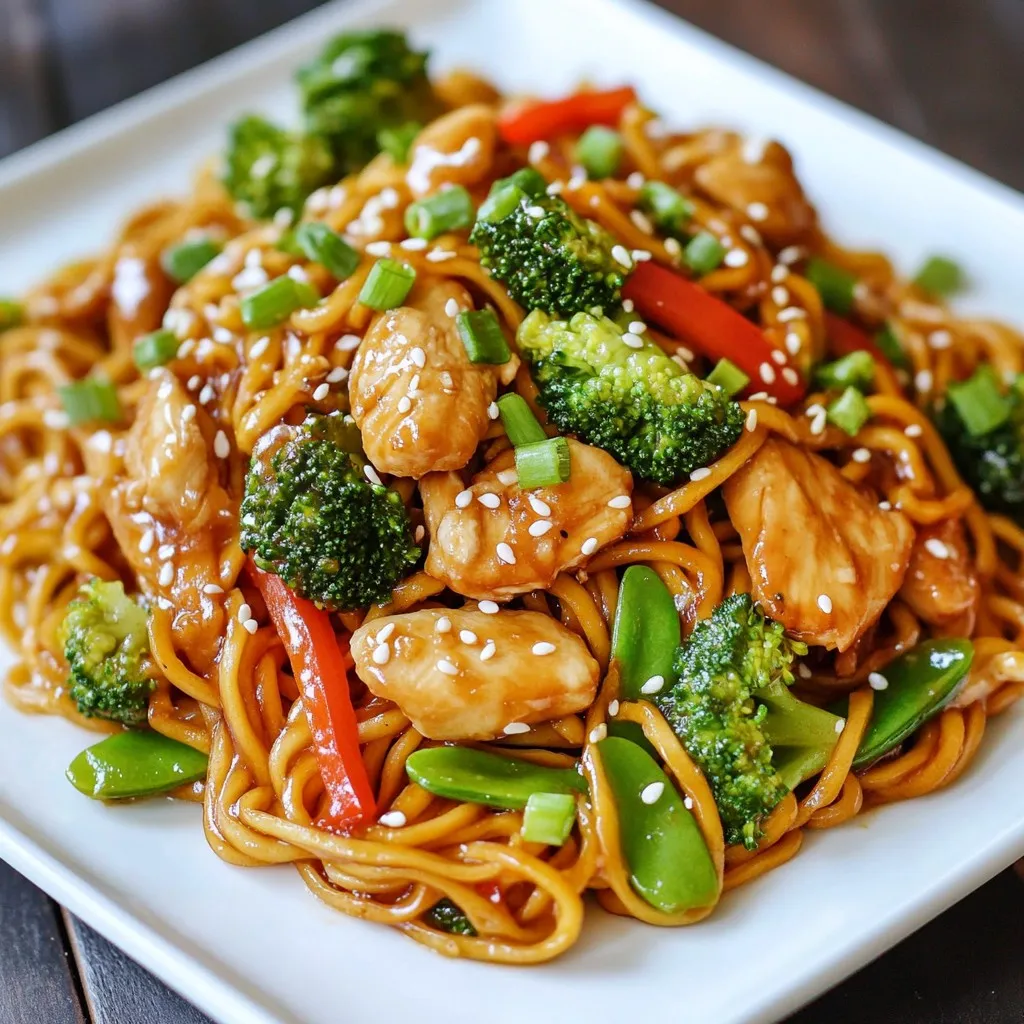 - 8 oz lo mein noodles - 1 lb boneless, skinless chicken breast, thinly sliced - 2 tablespoons vegetable oil - 1 cup broccoli florets - 1 red bell pepper, thinly sliced - 1 cup snap peas - 3 green onions, finely chopped - 3 cloves garlic, minced - 1-inch piece of fresh ginger, grated - 3 tablespoons soy sauce - 2 tablespoons oyster sauce - 1 teaspoon sesame oil - Salt and black pepper, to taste - Sesame seeds, for garnish I love using fresh ingredients for this easy chicken lo mein. Lo mein noodles are a must. They give the dish its signature texture. You can find them in most grocery stores. Next, I choose boneless, skinless chicken breast. It cooks quickly and stays juicy. Thinly slicing the chicken helps it cook fast and evenly. For veggies, I pick broccoli, red bell pepper, and snap peas. They add color and crunch. You can mix in other veggies if you like. Carrots and bell peppers also work well. Aromatics like garlic and ginger are key. They add depth to the dish. Make sure to mince the garlic and grate the ginger for the best flavor. Now, let’s talk sauces. Soy sauce, oyster sauce, and sesame oil create a rich taste. Adjust the amount based on your flavor preference. Finally, I finish with salt, black pepper, and sesame seeds. They add a nice touch. The seeds give a little crunch on top. Having these ingredients ready makes cooking fun and easy. Enjoy your time in the kitchen as you prepare this delightful meal! {{ingredient_image_2}} - Start by boiling a large pot of salted water. - Once it boils, add the lo mein noodles. Cook them until they are al dente, as directed on the package. - After cooking, drain the noodles in a colander. Toss them with a bit of oil to keep them from sticking. - Heat a large skillet over medium-high heat and add vegetable oil. - Season the thinly sliced chicken with salt and black pepper. Sauté the chicken in the hot skillet for about 5 to 7 minutes. Cook until it turns golden brown. - Once cooked, remove the chicken from the skillet and set it aside on a plate. - In the same skillet, add more oil if needed. Add minced garlic and grated ginger. Stir for about 30 seconds until you smell the aroma. - Next, add the broccoli florets, sliced red bell pepper, and snap peas. Stir-fry these vegetables for about 4 to 5 minutes. They should be bright and tender. - Return the cooked chicken to the skillet with the vegetables. - Add the prepared lo mein noodles along with soy sauce, oyster sauce, and sesame oil. - Use tongs or a spatula to toss everything together. Cook for another 2 to 3 minutes until everything heats up. - Gently fold in the chopped green onions just before serving. - Serve your lo mein hot, and sprinkle sesame seeds on top for a nice crunch. - For a fun touch, use individual bowls or take-out containers for serving. - Alternative proteins: You can use tofu for a vegetarian option. Shrimp also works great. - Vegetable options: Carrots add sweetness. Bell peppers bring crunch. Use what you like. - Sauce variations: If you're gluten-free, try tamari instead of soy sauce. It tastes good too. - Importance of high heat: Always cook on high heat. This helps to sear the chicken and veggies. - Stir-frying tips: Keep stirring! This helps to cook evenly and prevent burning. - How to avoid mushy noodles: Cook noodles just until al dente. Drain them and toss with oil. - Accompaniments: Pair your lo mein with spring rolls or a light soup for balance. Cold drinks like iced tea work well too. - Bowl presentation ideas: Serve in colorful bowls. Layer the ingredients for a nice look. - Ideal garnishes: Top with sesame seeds and sliced green onions for added flavor and texture. Pro Tips Prep Your Ingredients: Before you start cooking, chop and prepare all your ingredients. This makes the cooking process smoother and ensures nothing is overcooked while you’re busy prepping. Use Fresh Vegetables: Opt for fresh, seasonal vegetables for the best flavor and texture in your lo mein. Crisp veggies will add a delightful crunch to your dish. Adjust the Sauce: Taste your sauce as you mix it in, and adjust the soy and oyster sauce to your preference. If you like it saltier, add more soy sauce, or for a sweeter touch, a dash of sugar can help. Serve Immediately: Lo mein is best enjoyed fresh and hot. Serve it right away for the best texture and flavor, and avoid letting it sit too long, as the noodles can become soggy. {{image_4}} To make a veggie lo mein, simply skip the chicken. Use the same amount of lo mein noodles. You can add more vegetables to make it hearty. Try using carrots, bell peppers, or zucchini. You can also add mushrooms for extra flavor. The key is to stir-fry the veggies until they are bright and crisp. This adds color and keeps them healthy. To spice up your chicken lo mein, add some heat. You can use chili paste or sriracha for a kick. Start with a teaspoon and adjust based on your taste. You can also sprinkle in crushed red pepper flakes while cooking. For a nice depth of flavor, try adding a splash of hot sauce or a dash of cayenne pepper. These spicy elements will wake up the dish. If you want a different noodle choice, try rice noodles. They have a great texture and soak up sauce well. Just be sure to soak them before cooking. If you need a gluten-free option, rice noodles are perfect. You can also look for gluten-free lo mein noodles in stores. They provide a similar taste without the gluten. First, choose the right containers for storage. I recommend using airtight glass or plastic containers. These keep your lo mein fresh. Store your leftovers in the fridge. It will last for about 3 to 4 days. If you want to keep it longer, consider freezing it. For reheating, the best methods are the microwave or a skillet. If using a microwave, heat it in short bursts. Stir in between to ensure even heating. If you use a skillet, add a splash of water. This keeps the noodles non-sticky and moist. To freeze lo mein safely, let it cool first. Then, place it in freezer-safe containers. Make sure to leave some space for expansion. When you’re ready to eat, thaw it overnight in the fridge. For reheating, use a skillet or microwave, just like when reheating leftovers. This keeps the flavors strong and delicious! Yes, you can make Easy Chicken Lo Mein ahead of time. This dish is great for meal prep. To make it ahead, cook the chicken and vegetables. You can also prepare the sauce in advance. Store everything in separate containers. When ready to eat, just combine them. Heat in a pan until warm. This method keeps your meal fresh and tasty. Chicken Lo Mein goes well with many sides and drinks. Here are some great options: - Spring rolls: These add a nice crunch. - Egg rolls: They offer a savory touch. - Fried rice: This makes a filling meal. - Steamed dumplings: They are perfect for dipping. - Green tea: It balances the flavors well. - Chilled beer: A light lager works nicely. To keep lo mein noodles from sticking, follow these tips: - Cook noodles al dente: This helps them stay firm. - Rinse with cold water: After draining, rinse the noodles. - Toss with oil: Add a drizzle of vegetable oil. - Stir frequently: While cooking, stir to separate them. These methods help maintain the perfect texture for your lo mein. You’ve learned how to prepare a delicious Easy Chicken Lo Mein. We covered ingredients, step-by-step cooking, and tips for the perfect dish. Remember to use high heat and toss your noodles well. You can add your favorite veggies or spice things up to match your taste. Storing leftovers and how to reheat them were also important points. With these methods, you can enjoy Lo Mein that’s just as good the next day. Enjoy cooking and experimenting with this versatile dish!