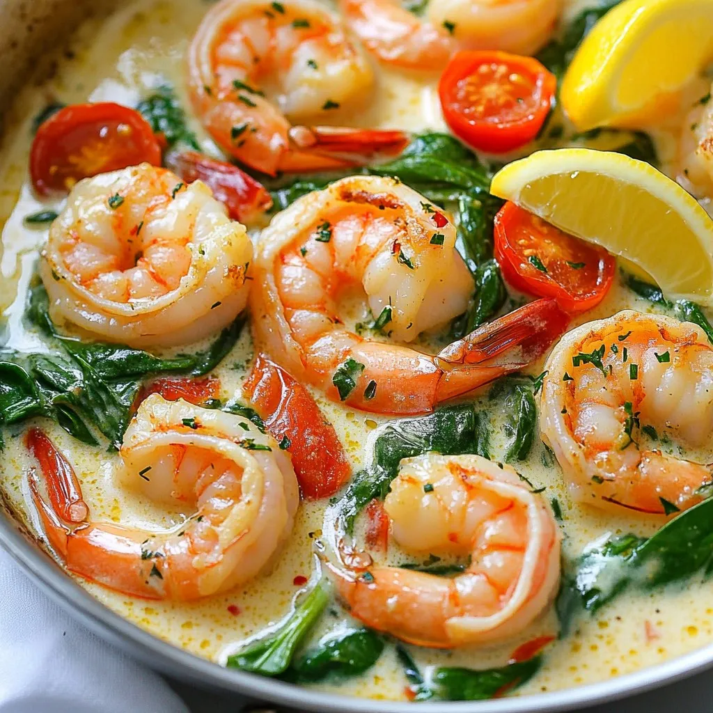 - 1 pound large shrimp, peeled and deveined - 3 tablespoons unsalted butter - 4 cloves garlic, finely minced - 1 cup heavy cream - 1 teaspoon paprika - ½ teaspoon red pepper flakes (optional, for a kick) - Salt and freshly cracked black pepper to taste - 1 cup cherry tomatoes, halved - 1 cup fresh spinach leaves - Fresh parsley, finely chopped (for garnish) - Lemon wedges (for a zesty side) To make One Pan Creamy Garlic Butter Shrimp, you need fresh, high-quality ingredients. For the shrimp, use large, peeled, and deveined ones for the best texture. The unsalted butter brings a rich flavor, while fresh garlic adds depth. Heavy cream will create a smooth and creamy sauce that ties everything together. For extra flavor, paprika gives a warm color and mild taste. If you enjoy heat, add red pepper flakes. Always season with salt and pepper to enhance the dish. The cherry tomatoes add sweetness and acidity, balancing the creaminess. Fresh spinach not only provides vibrant color but also adds nutrients. Don’t forget the parsley for garnish; it brightens the dish. Lemon wedges on the side will give a refreshing zing when squeezed over the dish. Gather these ingredients and get ready to create a delicious meal. {{ingredient_image_2}} Start by heating a spacious skillet over medium heat. Add 3 tablespoons of unsalted butter. Wait until the butter melts and begins to froth. This frothy look tells you it’s hot enough for the next step. Now, add 4 cloves of finely minced garlic to the skillet. Timing is key here. Stir the garlic for about 1 minute. You want it fragrant and slightly golden. Watch closely to avoid burning it. Burnt garlic can ruin your dish. Next, carefully add 1 pound of peeled and deveined shrimp into the skillet. Season them with salt, freshly cracked black pepper, and 1 teaspoon of paprika. If you like heat, sprinkle in ½ teaspoon of red pepper flakes. Cook the shrimp for about 2-3 minutes on each side. They should turn pink and opaque when done. Once cooked, remove the shrimp and set them aside on a plate. In the same skillet, pour in 1 cup of heavy cream. Use a wooden spoon to stir, scraping any tasty bits stuck at the bottom. Let this mixture simmer gently. This helps combine all the rich flavors from the pan. Now it's time to add some color and nutrition. Toss in 1 cup of halved cherry tomatoes and 1 cup of fresh spinach leaves. Cook for about 3-4 minutes, stirring occasionally. You want the spinach to wilt and the tomatoes to soften. This adds great flavor to the sauce. Finally, return the cooked shrimp to the skillet. Stir gently to coat the shrimp in that creamy sauce. Heat everything together for another 2 minutes. This warms the shrimp through. Taste the sauce and adjust with extra salt and pepper if needed. Serve this dish on a platter, garnished with fresh parsley. Add lemon wedges for a zesty touch that brings the dish to life. Enjoy your One Pan Creamy Garlic Butter Shrimp! To make the best creamy sauce, start with high-quality heavy cream. I suggest using fresh cream for a rich taste. As you heat the cream, stir it gently. This helps blend the flavors from the garlic and shrimp. Don't rush this step; let it simmer to thicken. A touch of salt and pepper enhances the flavor. If you want extra depth, add a squeeze of lemon juice at the end. A big mistake is overcooking the shrimp. Cook them just until they turn pink and opaque. This usually takes 2-3 minutes on each side. If they cook too long, they become rubbery. For garlic, watch the color closely. It should be golden, not brown. Burnt garlic tastes bitter and ruins the dish. Serve your creamy garlic butter shrimp over pasta. It pairs well with fettuccine or spaghetti. You can also enjoy it with crusty bread to soak up the sauce. A fresh salad on the side adds a nice crunch. For a pop of color, sprinkle extra parsley on top. Adding lemon wedges gives a bright, zesty touch. Pro Tips Fresh Shrimp: Always opt for the freshest shrimp you can find. If possible, buy shrimp that is still in the shell and devein them yourself for the best flavor. Adjust Creaminess: If you prefer a lighter sauce, consider substituting half of the heavy cream with chicken broth or a splash of white wine to keep the dish flavorful but less rich. Seasoning Balance: Be sure to taste the sauce before serving and adjust the seasoning. Adding a pinch of sugar can balance out the acidity of the tomatoes if needed. Garnish Wisely: For an extra touch of flavor, consider garnishing with freshly grated Parmesan cheese or a drizzle of high-quality olive oil just before serving. {{image_4}} If you don’t have shrimp, don’t worry! You can swap it with chicken or scallops. Chicken thighs or breasts work well. Just cut them into bite-sized pieces. Cook them in the same way as the shrimp until they are golden and cooked through. For scallops, sear them for about 2-3 minutes on each side. This keeps them tender and flavorful. Are you lactose intolerant? You can make this dish dairy-free! Use coconut cream instead of heavy cream. It gives a nice creamy texture and a hint of sweetness. For the butter, swap it with olive oil or vegan butter. This way, you still enjoy a rich flavor without dairy. Want more heat? Add different spices! Try cayenne pepper for a strong kick. You can also use jalapeños for a fresh touch. If you like smoky flavors, add smoked paprika. Just sprinkle in the spices when cooking the shrimp. Adjust the amount based on your heat preference for a tasty twist! To store leftovers, let the shrimp cool first. Place them in an airtight container. Make sure to cover them tightly. This keeps them fresh for about 2-3 days. Always label the container with the date. This helps you keep track of how long they have been stored. For the best flavor, reheat the shrimp on the stove. Use a non-stick skillet over low heat. Add a splash of cream or broth to keep it moist. Stir gently and heat until just warm. Avoid high heat; this can overcook the shrimp. If you must use a microwave, do so in short bursts. Check every 30 seconds to prevent rubbery shrimp. To freeze the creamy garlic butter shrimp, start by cooling them completely. Transfer them to a freezer-safe bag or container. Remove as much air as possible to prevent freezer burn. Label the bag with the date. You can freeze them for up to 3 months. When ready to eat, thaw in the fridge overnight. Reheat gently to enjoy the flavors again. For this dish, large shrimp work best. They cook quickly and stay juicy. Look for shrimp that are fresh, firm, and have a slight sea smell. If you can, buy shrimp that are peeled and deveined. This saves time and makes cooking easier. Yes, you can prepare the shrimp ahead of time. Cook it, but do not add the creamy sauce yet. Store the cooked shrimp in the fridge. When you are ready to eat, heat the shrimp and add the sauce. This keeps the shrimp tender and avoids overcooking. To make this dish gluten-free, check all labels on your ingredients. Use gluten-free butter and heavy cream. Avoid any flavorings that may have gluten, like certain sauces. This way, you can enjoy the recipe without worry. This dish pairs well with several sides. Here are some great options: - Pasta, to soak up the creamy sauce. - Crusty bread, perfect for dipping. - Rice, which balances the flavors nicely. - A fresh salad, adding a crisp texture to your meal. This blog post covered essential ingredients for the dish, like shrimp, garlic, and cream. I provided step-by-step instructions to create a rich, creamy sauce. You learned tips to perfect your sauce and avoid common mistakes. I also shared variations and storage tips to enhance your meal prep. With these guidelines, you can create a delicious, versatile dish that impresses. Enjoy your cooking!