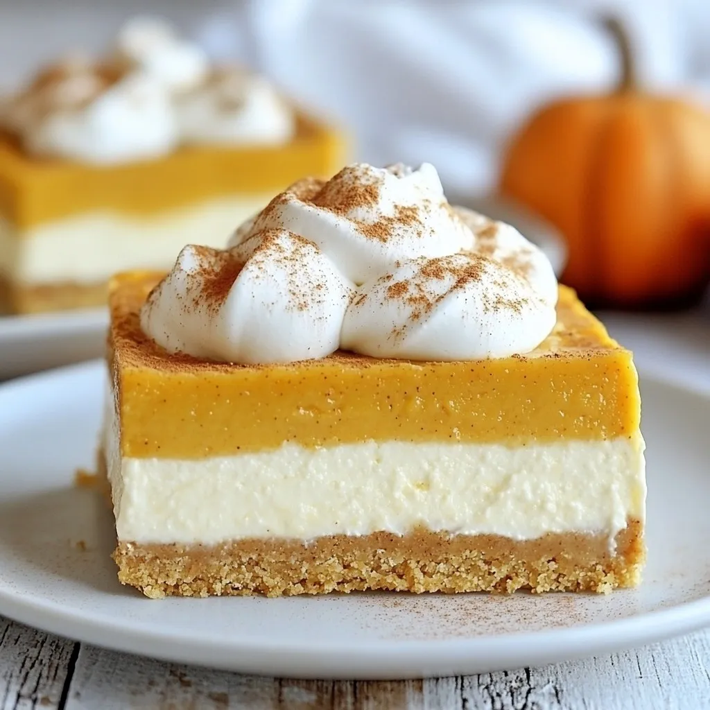 - Graham Cracker Crust Ingredients - 1 ½ cups graham cracker crumbs - ¼ cup granulated sugar - ½ cup unsalted butter, melted - Cream Cheese Mixture Ingredients - 16 oz cream cheese, softened at room temperature - 1 cup powdered sugar - 1 cup pumpkin puree (unsweetened) - 1 teaspoon vanilla extract - 1 teaspoon pumpkin pie spice - 1 teaspoon fresh lemon juice - Topping Ingredients - 1 cup whipped cream (for topping) - Extra pumpkin pie spice for garnish These ingredients create a delightful fall treat. The graham cracker crust is simple yet tasty. The cream cheese mixture is rich and flavorful with pumpkin and spices. The whipped cream topping adds a light touch that makes these bars shine. Each ingredient plays a key role in the overall taste and texture. Enjoy assembling these elements for a perfect no-bake dessert. {{ingredient_image_2}} Mixing Ingredients for Crust Start by mixing 1 ½ cups of graham cracker crumbs and ¼ cup of granulated sugar in a medium-sized bowl. Pour in ½ cup of melted unsalted butter. Stir until the mix feels like wet sand. Pressing Crust into Baking Dish Next, take a lined 9x9-inch baking dish. Firmly press the crust mixture into the bottom. Use the back of a measuring cup or a spatula to create a flat layer. This step is key for a solid base. Chilling the Crust Place the dish in the refrigerator. Chill the crust for about 15 minutes. This helps it firm up before adding the filling. Creaming the Cream Cheese In a large bowl, beat 16 oz of softened cream cheese with an electric mixer. Mix on medium speed until the cream cheese is smooth. Make sure there are no lumps left. Adding Pumpkin and Spices Gradually add 1 cup of powdered sugar to the cream cheese. Mix until smooth. Then, stir in 1 cup of pumpkin puree, 1 teaspoon of vanilla extract, 1 teaspoon of pumpkin pie spice, and 1 teaspoon of fresh lemon juice. Folding in Whipped Cream Now, carefully fold in 1 cup of whipped cream. Use a spatula to gently mix it in. Be careful not to deflate the light and airy texture. Pouring the Filling over the Crust Pour the pumpkin cheesecake filling over the chilled crust. Use a spatula to spread it out evenly. This ensures every bite is delicious. Smoothing the Top Smooth the top of the filling to your liking. You can make it as flat or as swirly as you want. Setting the Bars in Refrigeration Cover the baking dish with plastic wrap. Refrigerate for at least 4 hours, but overnight is best. This allows the bars to set well and taste even better. - Ensuring Smooth Cream Cheese Mixture Start with room temperature cream cheese. Softening it helps blend easily. Mix it well until there are no lumps. This step is key for a creamy texture. - Chilling Time Recommendations Chill the crust for about 15 minutes first. Then, let the filled bars set for at least 4 hours. For best results, refrigerate overnight. This helps the flavors meld and firm up. - Best Practices for Whipped Cream Folding Use a spatula to fold in the whipped cream. Be gentle to keep the air in. This gives your dessert a light and airy feel. - Overmixing or Undermixing Ingredients Overmixing can make the bars dense. Undermixing leaves lumps. Aim for a smooth, consistent mixture without overdoing it. - Not Allowing Proper Setting Time Rushing the chilling process can ruin your bars. They need time to set. If you skip this step, you’ll end up with a messy slice. Pro Tips Chill the Cream Cheese: Make sure your cream cheese is properly softened to room temperature for a smooth filling. If it's too cold, it can lead to lumps in the mixture. Graham Cracker Crust Tip: For an extra crispy crust, bake the graham cracker mixture in the oven for 10 minutes at 350°F (175°C) before chilling. Whipped Cream Incorporation: When folding in the whipped cream, use a gentle hand to maintain the light and airy texture of the cheesecake filling. Flavor Enhancement: For a deeper pumpkin flavor, consider adding a pinch of nutmeg or ginger to the filling along with the pumpkin pie spice. {{image_4}} You can change the flavors of your pumpkin cheesecake bars easily. Here are some fun ideas: - Alternative Flavor Mix-ins: Try adding chocolate chips or crushed nuts for a twist. You can use caramel sauce for a sweet touch, too. - Different Spice Combinations: If you want a new taste, swap pumpkin pie spice for cinnamon or nutmeg. This can give your bars a unique flavor profile. You can also adjust this recipe for special diets. Here’s how: - Gluten-Free Options: Replace graham crackers with gluten-free cookies or oats. This keeps the crust tasty and safe for gluten-free eaters. - Low-Sugar Substitutions: Use a sugar substitute like Stevia or monk fruit to make a low-sugar version. This change allows you to enjoy the bars without all the sugar. These variations let you make the recipe fit your needs and preferences. Enjoy creating your perfect pumpkin cheesecake bars! To keep your no-bake pumpkin cheesecake bars fresh, store them in the fridge. Place the bars in an airtight container. This will help preserve their creamy texture and flavor. If you do not have a container, cover the baking dish with plastic wrap tightly. For longer storage, you can freeze the bars. Cut them into squares first. Wrap each square in plastic wrap and place them in a freezer-safe bag. This helps prevent freezer burn. They will keep well for up to three months in the freezer. How Long Do They Last in the Fridge? These cheesecake bars can last in the fridge for about five days. Make sure to check for any signs of spoilage before you eat them. Signs of Spoilage Look for changes in smell, texture, or color. If the bars smell sour or have a watery layer on top, it's best to toss them. Always trust your senses when it comes to food safety. Yes, you can use fresh pumpkin! Fresh pumpkin has a brighter taste. It may also have a different texture. Canned pumpkin is smoother and easier to use. Fresh pumpkin needs to be cooked and pureed first. Both options work, but canned is quicker. To cut the cheesecake bars neatly, chill them well. Use a sharp knife for straight cuts. Dip the knife in warm water before each cut. Wipe it clean between cuts. This helps keep the edges clean. Using a ruler can help keep your pieces even. Absolutely! You can make these bars a day or two ahead. They store well in the fridge. Just keep them covered to avoid drying out. If you want to freeze them, do so before adding the whipped cream. They will last up to three months in the freezer. In this post, we explored how to make delicious no-bake cheesecake bars. I shared the ingredients needed, like the graham cracker crust and the creamy filling. You learned the step-by-step process, along with tips for making it perfect every time. I also covered possible flavor variations and storage tips. Remember, these bars are easy to make and fun to share. Don't be afraid to try new flavors or extras. Enjoy making something tasty that everyone will love!