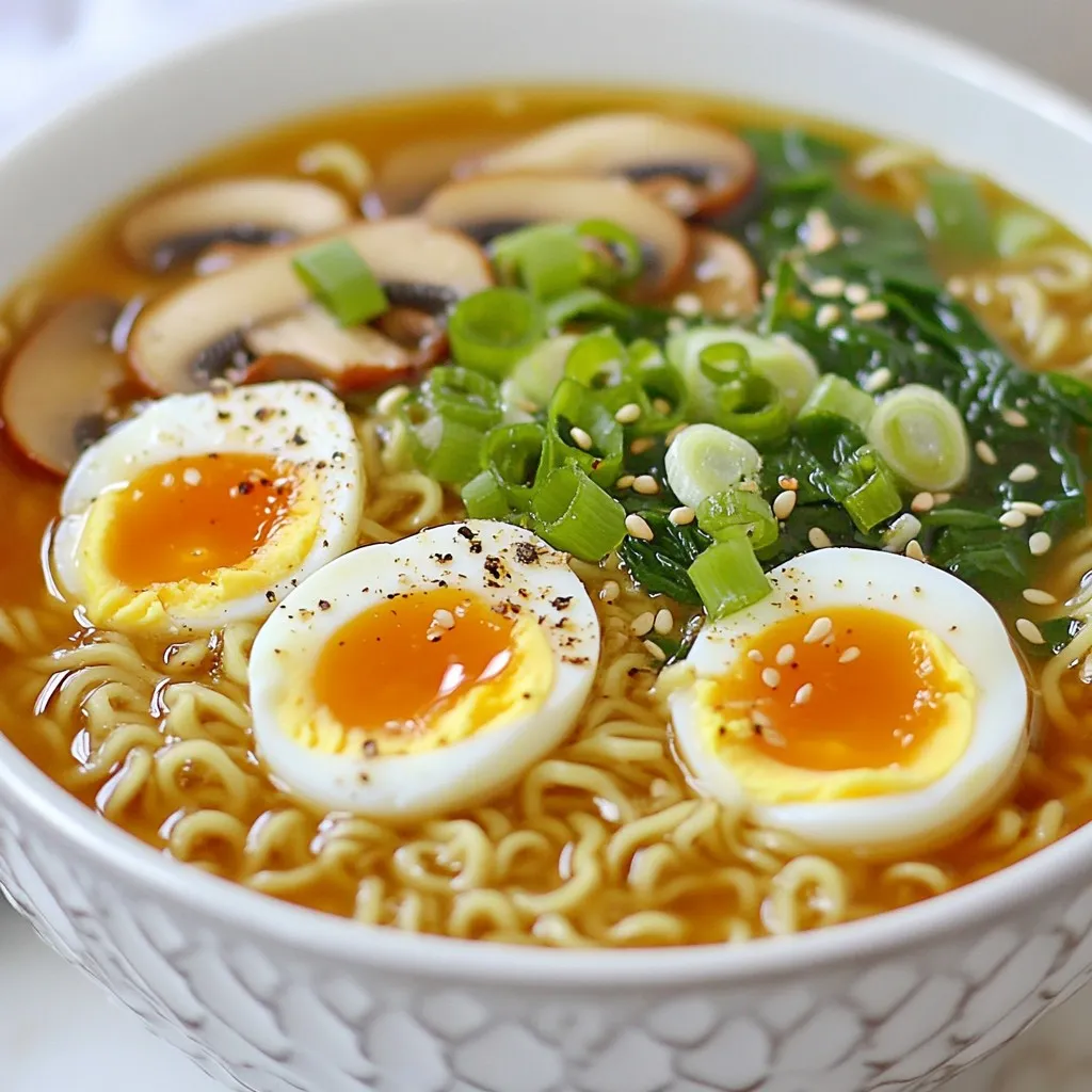 To make a tasty ramen bowl, you need a few key items. Here’s what you will need: - 4 cups chicken or vegetable broth - 2 packs of instant ramen noodles (discard seasoning packets) - 1 cup mushrooms, sliced (shiitake or button) - 1 cup fresh baby spinach - 2 green onions, thinly sliced - 1 tablespoon soy sauce - 1 teaspoon sesame oil - 1 teaspoon ginger, minced - 2 cloves garlic, minced - Salt and pepper, to taste These ingredients create a rich and flavorful broth. The noodles add a nice texture and heartiness to your dish. You can make your ramen even better with some fun toppings. Here are some ideas to try: - 2 soft-boiled eggs (optional) - Sriracha or chili oil for a spicy kick (optional) - Sesame seeds for garnish (optional) Adding a soft-boiled egg makes your ramen creamy and delicious. Sriracha adds heat, while sesame seeds give a nice crunch. Don’t worry if you can’t find something. Here are some easy swaps: - Use vegetable broth instead of chicken for a vegan option. - Try different mushrooms like portobello or oyster if you prefer. - If you don’t have spinach, use bok choy or kale instead. Feel free to mix and match based on what you have on hand. Cooking should be fun and flexible! {{ingredient_image_2}} Start by heating 1 tablespoon of sesame oil in a large pot over medium heat. Once the oil is hot, add 2 cloves of minced garlic and 1 teaspoon of minced ginger. Sauté for about 1 minute. You want to stir often to prevent burning. Next, pour in 4 cups of chicken or vegetable broth. Stir it well and bring the mixture to a gentle simmer. Add 1 cup of sliced mushrooms and 1 tablespoon of soy sauce to the pot. Let the broth simmer for 5 to 7 minutes. This step lets the flavors blend and makes the broth taste great. After that, add 1 cup of fresh baby spinach to the pot. Let it simmer for another minute until the spinach wilts. Taste the broth and add salt and pepper as needed. While the broth simmers, cook 2 packs of instant ramen noodles in a separate pot. Follow the package instructions but undercook them by 1 to 2 minutes. This helps keep the noodles firm. After cooking, drain the noodles and set them aside. Now, it’s time to assemble your ramen bowls. Divide the cooked noodles evenly between two bowls. Carefully ladle the hot broth over the noodles. Make sure each bowl gets enough mushrooms and spinach. If you like, top each bowl with a halved soft-boiled egg. Garnish with 2 thinly sliced green onions and a sprinkle of sesame seeds. For a spicy kick, drizzle some Sriracha or chili oil on top. Enjoy your easy homemade ramen bowls! To make perfect ramen, start with good broth. Use chicken or vegetable broth for rich flavor. Heat sesame oil first. Add minced garlic and ginger to wake up the taste. Sauté for one minute until fragrant. Then, pour in the broth and bring it to a gentle simmer. This helps the flavors blend. Add sliced mushrooms and soy sauce next. Let them simmer for five to seven minutes. This step makes the broth even tastier. Remember to undercook your ramen noodles. Follow the package instructions, but stop cooking 1-2 minutes early. This keeps them firm when you add them to the broth. To elevate the taste of your ramen, consider these tips. Use fresh ingredients like baby spinach and green onions. They add color and taste. For extra kick, a drizzle of Sriracha or chili oil works well. If you like a bit of crunch, sprinkle sesame seeds on top. Adjust the salt and pepper to your liking. This simple step can make a big difference in flavor. A beautiful presentation makes your ramen more inviting. Serve in deep bowls to hold the broth. Place the soft-boiled egg on top for a pop of color. Use chopsticks across the bowl for a nice touch. You can also add a small dish of extra Sriracha on the side. This lets guests spice their ramen as they like. A rustic wooden board can make a great serving base. These small details can make your homemade ramen feel gourmet. Pro Tips Use Fresh Ingredients: For the best flavor, opt for fresh mushrooms and baby spinach instead of canned or frozen varieties. Perfectly Boil Eggs: To achieve the perfect soft-boiled egg, cook for 6-7 minutes and then transfer to an ice bath to stop the cooking process. Customize Your Broth: Feel free to enhance the broth with additional seasonings like miso paste or kombu for a deeper umami flavor. Texture Variation: Add in some crunchy vegetables like bok choy or bean sprouts for added texture and nutrition. {{image_4}} For a tasty vegetarian or vegan ramen, swap the chicken broth for vegetable broth. Use fresh veggies like carrots and bell peppers. Add tofu for protein, and skip the soft-boiled eggs. - Ingredients: - 4 cups vegetable broth - 1 cup sliced carrots - 1 cup sliced bell peppers - 1 cup cubed tofu This mix gives lots of flavor and color. You still get a rich taste without meat. If you love spicy food, here are some ideas. You can use Sriracha or chili oil to kick up the heat. Try adding red pepper flakes or a spicy miso paste. - Ingredients: - Sriracha or chili oil - 1 tablespoon red pepper flakes - 1 tablespoon spicy miso paste These options add layers of flavor and warmth. Adjust the amount based on your spice level. The broth is key to ramen's flavor. You can try different types for fun. Miso broth gives a rich, savory taste. A coconut milk base offers a creamy twist. - Ingredients for Miso Broth: - 4 cups water - 2 tablespoons miso paste - Ingredients for Coconut Milk Broth: - 2 cups vegetable broth - 2 cups coconut milk Experiment with these broths to find your favorite. Each option brings a unique taste that makes your ramen special. Store your ramen in an airtight container. Keep the noodles separate from the broth. This keeps the noodles from getting soggy. Place the broth in another container. Use it within three days for the best taste. To reheat, warm the broth on the stove. Heat it gently over medium heat. Do not boil, as this can change the flavor. For the noodles, place them in hot water for one minute. Drain and add to the warmed broth. You can freeze the broth for later use. Let it cool completely before freezing. Use freezer-safe containers and label them. Ramen noodles do not freeze well, so store the broth only. When ready to use, thaw the broth overnight in the fridge. Reheat as mentioned before. Yes, you can! While instant ramen noodles are quick and easy, you can try fresh ramen noodles, udon, or rice noodles. Each type offers a unique texture and flavor. Fresh noodles add a chewy bite, while udon provides a thicker feel. Rice noodles are gluten-free and light. Experiment to find your favorite! To make your broth richer, add more ingredients. You can use bones or meat to enhance the flavor. Simmer for a longer time to allow flavors to meld. Adding miso paste or dashi can give depth. Try roasted garlic or onion for sweetness. A splash of soy sauce also boosts umami. You have many choices! Soft-boiled eggs are a classic option. Tofu is a great choice for a vegetarian source. Chicken, pork, or beef can be added if you want meat. Shrimp or fish cakes also work well. For a twist, try edamame or chickpeas. You now know the key ingredients for making delicious ramen, from essential broth to tasty toppings. Each step can transform your meal, from cooking noodles to plating. I shared tips for cooking and flavoring to help you perfect your bowl. For those seeking variety, I highlighted vegetarian and spicy options. Remember to store leftovers properly and reheat them right. You've got the knowledge to make your ramen both simple and exciting. Enjoy your cooking adventure and impress your friends with your new skills!