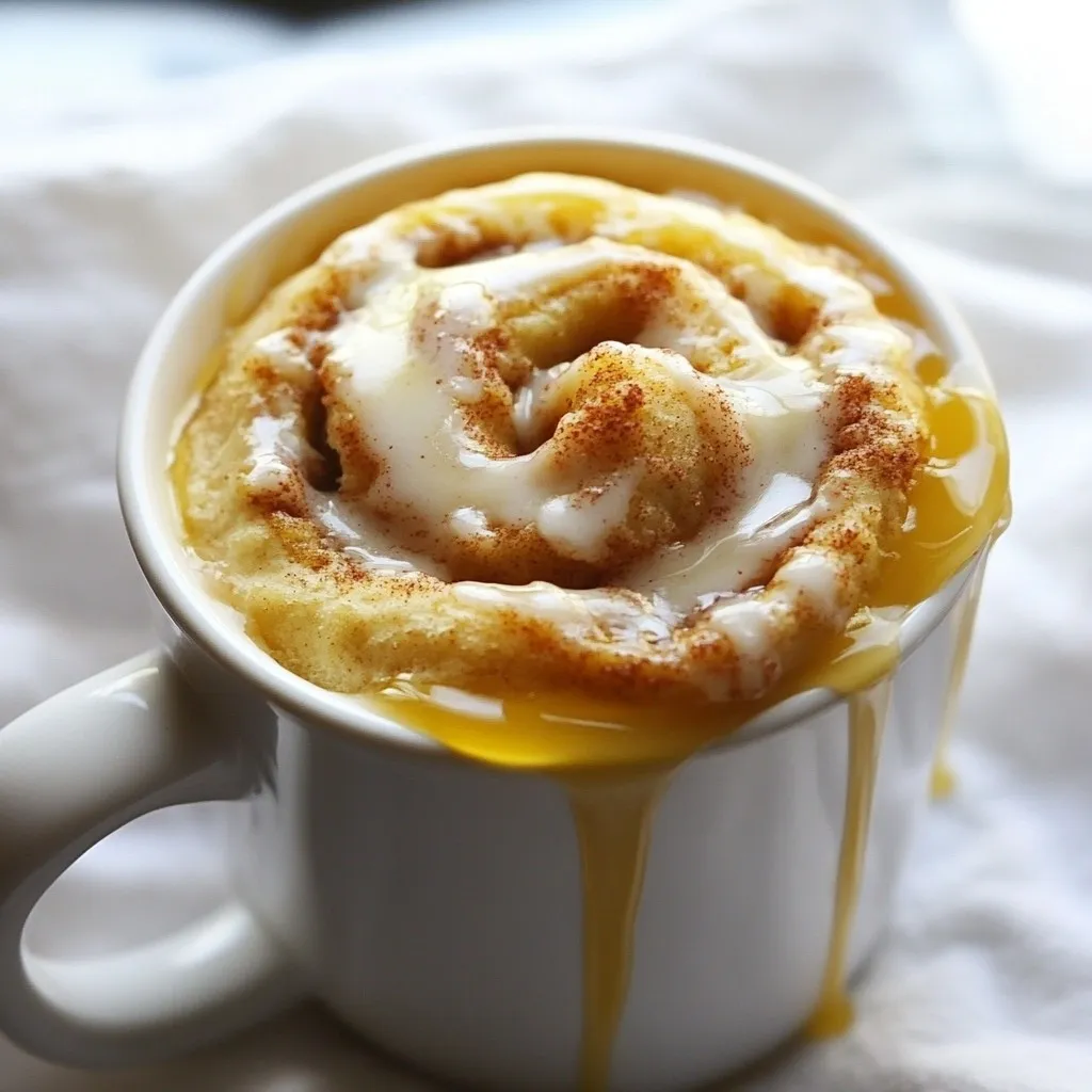 - 1/4 cup almond flour - 1/4 cup gluten-free oat flour - 1 tablespoon coconut sugar - 1/2 teaspoon baking powder - 1/4 teaspoon baking soda - 1/4 teaspoon ground cinnamon - Pinch of salt - 1/4 cup unsweetened almond milk - 1 tablespoon coconut oil, melted - 1 tablespoon pure maple syrup - 1 teaspoon vanilla extract These main ingredients give the roll its soft texture and sweet flavor. Almond flour adds protein and healthy fats. Gluten-free oat flour keeps it light and fluffy. Coconut sugar and maple syrup provide natural sweetness. - 1 tablespoon coconut sugar - 1 teaspoon ground cinnamon - 1 teaspoon coconut oil, softened The filling combines sweet coconut sugar with warm cinnamon. This mix creates that classic cinnamon roll taste. Softened coconut oil helps it spread easily. - Maple syrup drizzle - Powdered sugar sprinkle These toppings add extra sweetness and charm. A drizzle of maple syrup makes it feel special. A sprinkle of powdered sugar gives it a pretty finish. You can skip them if you want a lighter treat. {{ingredient_image_2}} Start by gathering your ingredients. In a microwave-safe mug, mix: - 1/4 cup almond flour - 1/4 cup gluten-free oat flour - 1 tablespoon coconut sugar - 1/2 teaspoon baking powder - 1/4 teaspoon baking soda - 1/4 teaspoon ground cinnamon - Pinch of salt Use a fork to combine these dry ingredients well. Make sure there are no lumps. This step sets the stage for a smooth dough. Next, add the wet ingredients to your dry mix. Pour in: - 1/4 cup unsweetened almond milk - 1 tablespoon melted coconut oil - 1 tablespoon pure maple syrup - 1 teaspoon vanilla extract Stir everything together with your fork. Keep mixing until you get a thick and smooth batter. This mixture brings moisture and flavor to your roll. Now, it’s time to create the filling. In a small bowl, combine: - 1 tablespoon coconut sugar - 1 teaspoon ground cinnamon - 1 teaspoon softened coconut oil Mix these until they form a smooth paste. This filling adds a sweet and spicy burst to your roll. To assemble, take half of the cinnamon dough and spoon it into your mug. Flatten it out gently with the back of a spoon. Next, spread the filling evenly over this layer. Cover the filling with the remaining dough. Press down gently to seal it in. This creates your delightful cinnamon roll. Place the mug in the microwave. Cook on high for 1 to 1.5 minutes. Microwaves vary, so start with 1 minute. Check if the dough has risen and is set. If it needs more time, add in 15-second increments. You want it fully cooked but still soft. Once it’s done, carefully take the mug out of the microwave. Let it cool for about a minute. Your vegan cinnamon roll delight is ready to enjoy! For an extra treat, drizzle some maple syrup or sprinkle powdered sugar on top. This adds a lovely finish to your sweet creation. To get the best texture, use fresh flour. Old flour can make your roll dense. Mix the dry ingredients well to avoid clumps. Stir until smooth for a light, fluffy roll. The batter should be thick but pourable. If it’s too dry, add a tiny splash of almond milk. If too wet, add a little flour. Microwave power varies, so check your roll often. Start with one minute. Look for a rise; it should look set. If it’s not ready, cook in 15-second bursts. Don’t overcook, or it will become rubbery. Let it cool for a minute before eating. This helps the flavor develop. You can swap almond flour for other gluten-free flours. Try coconut flour or rice flour if you like. For nut-free options, use sunflower seed flour. Coconut sugar can be replaced with brown sugar or maple sugar. Use non-dairy milk of your choice, like soy or oat milk. Just keep the same amounts to ensure good results. Pro Tips Use Room Temperature Ingredients: Make sure your almond milk and coconut oil are at room temperature for better mixing and a fluffier cinnamon roll. Customize Your Sweetness: Adjust the amount of coconut sugar and maple syrup to your taste preferences for a sweeter or less sweet roll. Experiment with Flavors: Feel free to add a pinch of nutmeg or a splash of almond extract in the batter for an extra flavor dimension. Check Microwave Power: Since microwaves can vary greatly in power, always start with the lowest recommended time to avoid overcooking. {{image_4}} You can make your vegan mug cinnamon roll even better. Adding nuts or dried fruits brings new flavors and textures. Try chopped walnuts, pecans, or almonds for crunch. If you like sweetness, go for raisins, cranberries, or chopped dates. Mix them in with the filling. This way, they blend well with the cinnamon and sugar. You can switch up the flavors in your cinnamon roll. Instead of just cinnamon, try adding vanilla or pumpkin spice. A splash of vanilla extract enhances the flavor. You can also use pumpkin spice for a cozy twist. Just mix these flavors into the dough or filling for a fun change. If you're looking for a sugar-free treat, I have options for you. Use a sugar substitute like stevia or erythritol. These sweeteners can replace coconut sugar in the recipe. Just make sure to adjust the amount based on the sweetness level of your chosen substitute. This way, you can enjoy a tasty cinnamon roll without added sugar. To store your vegan mug cinnamon roll, let it cool completely. Once cooled, cover it tightly with plastic wrap or place it in an airtight container. This helps keep it fresh. Store it in the fridge for up to three days. If you want to enjoy it later, make sure to check for any signs of spoilage before eating. When you're ready to enjoy your leftover cinnamon roll, you can reheat it easily. Place it back in the microwave for about 15 to 30 seconds. Check to see if it’s warm throughout. If it feels cold, heat it for another 10 seconds. You want it warm, not hot. This keeps the texture soft and pleasant. You can also freeze your vegan mug cinnamon roll for later! Wrap it well in plastic wrap, then place it in a freezer bag. This way, it stays fresh for up to two months. When you crave it, take it out and thaw it in the fridge overnight. Reheat it in the microwave as mentioned before. Enjoy your treat anytime! Yes, you can use other flours. Almond flour and gluten-free oat flour work well together. You might try coconut flour or tapioca flour, but you may need to adjust the amounts. Each flour has a unique texture and taste. Experiment to find what you enjoy best! Check the dough after 1 minute in the microwave. It should rise and look set. If it still looks wet, cook it for 15 more seconds. Be careful not to overcook it. The roll may become dry and tough if cooked too long. This recipe is best fresh, but you can prepare the dry ingredients ahead. Just store them in a sealed container. When you’re ready to enjoy, mix in the wet ingredients and cook. This method saves time and keeps your cinnamon roll delicious. This vegan mug roll has many benefits: - Gluten-Free: Great for those with gluten sensitivities. - Plant-Based: Uses almond and oat flour, which are rich in nutrients. - Low in Sugar: Uses coconut sugar and maple syrup for sweetness. - Healthy Fats: Coconut oil provides healthy fats for energy. Each ingredient brings its own benefits, making this treat both tasty and nutritious! This recipe gives you a quick and fun way to make vegan mug cinnamon rolls. You learned about the main ingredients, filling choices, and how to add tasty toppings. I shared step-by-step instructions and tips for great texture and microwave use. You can also try fun variations and your favorite flavors. Enjoy this sweet treat guilt-free, and share it with friends. You’ll impress them with your tasty skills!