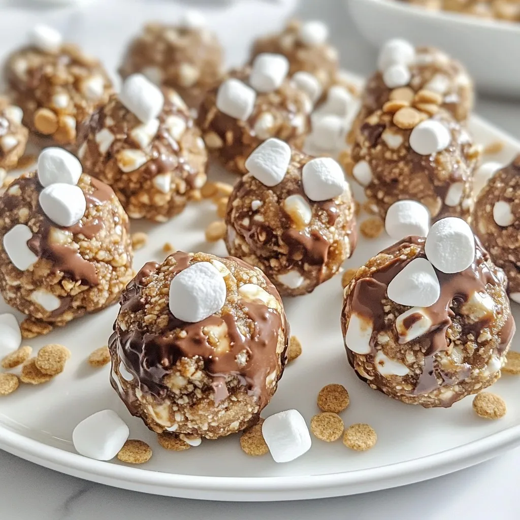 The joy of making No-Bake S'mores Energy Bites starts with simple, tasty ingredients. Here’s what you need: - 1 cup rolled oats - 1/2 cup creamy almond butter or peanut butter - 1/4 cup honey or maple syrup - 1/2 cup mini chocolate chips - 1/2 cup crushed graham crackers - 1/4 cup mini marshmallows - 1 teaspoon pure vanilla extract - A pinch of flaky sea salt These ingredients create a mix of textures and flavors. The oats provide a hearty base. The nut butter adds creaminess. Honey or maple syrup gives sweetness. The chocolate chips and marshmallows bring that classic s'mores taste. Flaky sea salt enhances all the flavors. Using almond butter keeps it nutty and rich. Peanut butter is also a great choice if you prefer. You can even swap honey for maple syrup if you want a vegan option. Make sure your graham crackers are crushed finely. This helps with the texture and keeps each bite cohesive. The mini chocolate chips and marshmallows add pops of sweetness in every bite. Keep these ingredients handy for quick snacks. You can mix them up in no time and satisfy any sweet craving! {{ingredient_image_2}} First, grab a large mixing bowl. Add 1 cup of rolled oats, 1/2 cup of crushed graham crackers, and a pinch of flaky sea salt. Mix these dry ingredients well until everything is evenly combined. This step is key for flavor and texture. Next, take a medium bowl and add 1/2 cup of creamy almond butter (or peanut butter), 1/4 cup of honey (or maple syrup), and 1 teaspoon of pure vanilla extract. Use a spatula or whisk to blend these wet ingredients until smooth. You want a creamy mixture that blends easily. Now, pour the wet mixture into the bowl with the dry ingredients. Grab a spatula or wooden spoon and stir everything together. Keep mixing until the ingredients are fully combined. The mixture should feel sticky and moldable, perfect for rolling. Carefully fold in 1/2 cup of mini chocolate chips and 1/4 cup of mini marshmallows. Mix them in gently so they spread evenly throughout the mixture. Now it's time to roll! Take small portions of the mixture and roll them into bite-sized balls, about 1 inch in diameter. Place each ball on a parchment-lined baking sheet, leaving space between them to avoid sticking. Once all the bites are shaped, cover the baking sheet with plastic wrap. Refrigerate the bites for at least 30 minutes. This chilling time helps them firm up and hold their shape. After that, your no-bake s'mores energy bites are ready to enjoy! To get that perfect sticky consistency, you need to mix well. Make sure to blend the dry and wet ingredients thoroughly. The almond butter and honey or maple syrup help bind everything together. If the mix feels too dry, add a splash more of honey or nut butter. Chilling is key! Let the energy bites sit in the fridge for at least 30 minutes. This time allows them to firm up. If you skip this step, they may fall apart when you eat them. For a fun serving idea, place your energy bites on a rustic wooden platter. This gives a cozy feel. You can sprinkle extra crushed graham crackers and mini marshmallows around the bites. It looks good and adds flavor. To make it even more special, drizzle melted chocolate over the top. This adds a rich touch and makes them even more appealing. To keep your energy bites fresh, store them in an airtight container. This keeps them from drying out. You can keep them in the fridge for up to one week. If you make a big batch, consider freezing them! Just place them in a freezer-safe bag. They will last for about three months. When you want one, let it thaw in the fridge overnight. Pro Tips Use Fresh Ingredients: Ensure that your mini marshmallows and chocolate chips are fresh for the best flavor and texture in your energy bites. Experiment with Nut Butters: Try different nut butters like cashew or sunflower seed butter for a unique twist on the flavor profile. Chill Before Serving: Allowing the energy bites to chill for longer than 30 minutes can improve their firmness and make them easier to handle. Customize Your Mix-Ins: Feel free to add other mix-ins like dried fruit or seeds to enhance the nutritional value and add a personal touch. {{image_4}} You can make your no-bake s'mores energy bites even more exciting. Here are some fun ideas: - Add nuts or seeds: Try adding chopped almonds, walnuts, or sunflower seeds for crunch. This change gives your bites a new texture. - Swap the chocolate: Use white chocolate or dark chocolate in place of mini chocolate chips. Each option brings a different taste that can change the whole bite. If you follow specific diets, these tips will help you enjoy these bites: - Gluten-free options: Use gluten-free graham crackers to keep your energy bites safe for those with gluten issues. This simple swap ensures everyone can enjoy them. - Vegan substitutions: Substitute honey with maple syrup for a vegan version. Also, you can replace creamy almond butter with a nut-free butter, like sunflower seed butter, for a tasty vegan treat. These variations allow you to personalize your no-bake s'mores energy bites. You can easily tailor the flavors to your liking! Each no-bake s'mores energy bite has about 90 calories. This number can change based on your ingredient choice. If you use almond butter or peanut butter, the calories may vary slightly. Each bite packs a sweet and satisfying treat without too much guilt. - Fats: Each bite has around 4 grams of fat. Most fat comes from nut butter. This fat is healthy and gives you energy. - Proteins: You will find about 2 grams of protein per bite. The nut butter helps boost this number. - Carbohydrates: Each bite contains about 12 grams of carbs. The oats, chocolate, and graham crackers provide these carbs. They give you quick energy to keep you going. The main ingredients in these bites offer several health perks: - Rolled Oats: They have fiber, which helps your digestion. Fiber keeps you full, too. - Nut Butter: It has healthy fats and protein. This helps build muscle and keeps your heart healthy. - Honey or Maple Syrup: These natural sweeteners have antioxidants. They can help boost your immune system. - Mini Marshmallows: While sweet, they add a bit of fun and nostalgia to your snack. - Chocolate Chips: Dark chocolate, if used, adds antioxidants. It can improve heart health and mood. These energy bites not only taste great but also include benefits to fuel your body! Yes, you can freeze these energy bites! To freeze, place them in a single layer on a baking sheet. Once they are frozen, transfer them to a freezer-safe bag or container. Make sure to remove as much air as possible. They will stay fresh in the freezer for up to three months. When you're ready to eat them, just take out a few and let them thaw in the fridge or at room temperature. These energy bites can last up to one week in the fridge. Store them in an airtight container to keep them fresh. If you notice any changes in smell or texture, it’s best to toss them. Enjoy them as a quick snack or a tasty treat anytime! Absolutely! You can use peanut butter if you prefer. Sunflower seed butter is a great choice for those with nut allergies. Each option will give the bites a unique flavor. Just keep the same measurements for a perfect result. These no-bake s'mores energy bites are easy to make and full of flavor. We mixed delicious ingredients like oats, almond butter, and chocolate chips. You learned how to combine them and form tasty bites. Remember the tips for great texture and how to store them for maximum freshness. You can even customize them with different flavors and dietary needs. Enjoy making these bites—they're fun, quick, and a tasty treat!