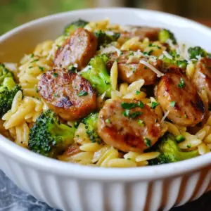 - 1 cup orzo pasta - 2 tablespoons olive oil - 2 chicken sausages, sliced into rounds - 2 cups broccoli florets, fresh - 2 cloves garlic, finely minced - 1 teaspoon Italian seasoning blend - 1 cup low-sodium chicken broth - 1/2 cup grated Parmesan cheese - Salt and freshly ground black pepper to taste - Fresh parsley, chopped (for garnish) When making Chicken Sausage Broccoli Orzo, the ingredients are simple yet full of flavor. You start with orzo pasta, which is small and cooks quickly. Olive oil adds richness and helps to saut&eacute; the sausage. Speaking of sausage, I like using chicken sausage for a lighter touch, but feel free to use your favorite type. Fresh broccoli gives a nice crunch, and it&rsquo;s packed with nutrients. For flavor, you&rsquo;ll need garlic, which brings warmth and aroma. Italian seasoning adds a blend of herbs that enhances the dish. Low-sodium chicken broth keeps it flavorful without being too salty. Parmesan cheese melts in to create a creamy texture, making every bite delicious. Don&rsquo;t forget a pinch of salt and pepper to taste! Finally, a sprinkle of fresh parsley brightens up the dish and adds color. This mix of ingredients comes together to create a balanced and tasty meal. {{ingredient_image_2}} 1. Start by boiling a medium pot of salted water. 2. Once the water is bubbling, add 1 cup of orzo pasta. 3. Cook the orzo until it is al dente, usually about 8-10 minutes. 4. Drain the orzo in a colander and set it aside. 1. Heat 2 tablespoons of olive oil in a large skillet over medium heat. 2. Add 2 sliced chicken sausages to the skillet. 3. Saut&eacute; the sausage slices for about 4-5 minutes until they turn golden brown. 1. Mince 2 cloves of garlic and add them to the skillet. 2. Saut&eacute; the garlic for about 1 minute until it smells nice. 3. Toss in 2 cups of fresh broccoli florets. 4. Cook the broccoli for about 3-4 minutes until it is tender-crisp. 5. Sprinkle 1 teaspoon of Italian seasoning on top. 6. Pour in 1 cup of low-sodium chicken broth and bring it to a gentle simmer. 1. Stir in the cooked orzo and heat everything for a few minutes. 2. Remove the skillet from heat and fold in 1/2 cup of grated Parmesan cheese. 3. Mix until the cheese melts and blends into the dish. 4. Taste, then add salt and freshly ground black pepper as needed. 5. Serve hot, garnished with freshly chopped parsley. - Ensuring the orzo is perfectly al dente: Start with a large pot of salted water. When it boils, add the orzo. Check the package for cooking time and taste it a minute early. You want it firm yet tender, not mushy. - Preventing the garlic from burning: Add garlic to the skillet after the sausage is golden. Stir it for just a minute until it smells great. Keep the heat on medium to avoid burning. - Cooking broccoli for the right texture: Add fresh broccoli florets to the skillet after the garlic. Stir them for 3 to 4 minutes. Look for a bright green color and a tender-crisp feel. This keeps the broccoli fresh and flavorful. - Presentation tips for an appealing dish: Serve the orzo in warm bowls. Drizzle a bit of olive oil on top. Add extra cheese shavings for a nice touch. A sprinkle of fresh parsley also brightens up the dish. - Recommended side dishes or salads: Pair this dish with a simple green salad. A side of crusty bread is great for soaking up flavor, too. You can also serve it with roasted vegetables for added color and taste. - Overview of calories and nutrients per serving: This dish has about 400 calories per serving. It offers protein from the chicken sausage and fiber from the broccoli. The orzo adds carbohydrates for energy. - Health benefits of ingredients used: Chicken sausage is lean and packed with protein. Broccoli is full of vitamins C and K. Parmesan cheese adds calcium. Olive oil provides healthy fats. Together, they make a balanced meal! Pro Tips Perfectly Cooked Orzo: Make sure to cook the orzo until al dente to maintain its texture. It will continue to absorb liquid from the sauce, so avoid overcooking it initially. Flavor Boost: Enhance the dish by using homemade chicken broth instead of store-bought for a richer flavor. You can also add a splash of white wine for a delicious depth. Vegetable Variations: Feel free to swap out the broccoli for other vegetables such as spinach, bell peppers, or zucchini, depending on your preference or what's in season. Garnishing Tips: Adding a squeeze of fresh lemon juice just before serving brightens the dish, while extra cheese and herbs provide a beautiful finish. {{image_4}} You can switch up the sausage in this dish. Turkey sausage works well if you want a leaner option. It's just as tasty! You can also try plant-based sausage for a vegetarian twist. For vegetables, broccoli is great, but you can use other greens too. Spinach wilts down nicely, adding a fresh taste. Bell peppers bring a sweet crunch and color to your dish. Feel free to mix and match your favorites! Adding spices can change the whole flavor profile. A pinch of red pepper flakes gives it a nice kick. For a herby touch, try adding fresh basil or oregano. Both pair well with the chicken sausage and orzo. If you want a richer dish, a splash of cream works wonders. It makes the sauce creamy and smooth. Just stir it in just before serving for added luxury. To keep your Chicken Sausage Broccoli Orzo fresh, use an airtight container. This helps lock in flavor and moisture. Store it in the fridge right after it cools. It will stay fresh for about 3 to 4 days. If you want to keep it longer, consider freezing it. It can last up to 3 months in the freezer. Just make sure to label the container with the date. When you&rsquo;re ready to eat, you can reheat your leftovers either in the microwave or on the stovetop. For the microwave, place it in a bowl and cover it. Heat it in short bursts, stirring in between. This keeps the orzo from drying out. If you prefer the stovetop, add a splash of chicken broth in a skillet. Heat it over low, stirring often. This method keeps it creamy and moist. Orzo is a small, rice-shaped pasta. It cooks quickly and adds a nice texture. You can use it in soups, salads, or main dishes like this one. Orzo absorbs flavors well, making it a great base for many meals. Yes, you can use frozen broccoli. Just make sure to thaw it before cooking. Frozen broccoli cooks faster than fresh, so add it to the skillet for a shorter time. This keeps it bright and crisp. To make this dish vegetarian, swap out chicken sausage for plant-based sausage. You can also use beans or lentils for protein. Add more veggies like bell peppers or spinach for flavor and texture. Yes, you can meal prep this recipe. Cook everything and let it cool. Store it in airtight containers in the fridge. It stays fresh for up to three days. Reheat it on the stove or in the microwave for a quick meal. This blog post shared a simple and tasty orzo pasta dish with chicken sausage and broccoli. We covered the ingredients, step-by-step cooking methods, tips, and storage advice. You can tweak the recipe by using different sausages or veggies. It&rsquo;s great for meal prep and freezes well too. Enjoy crafting this delicious meal that fits your needs! Cooking can be fun and rewarding. Dive in and let your kitchen creativity shine!