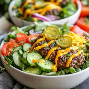 For tasty low-carb burger bowls, you'll need some key ingredients to create a fresh and flavorful meal. Here is what you'll need: - Ground beef (1 lb, preferably 80/20 for optimal flavor) - 1 teaspoon garlic powder - 1 teaspoon onion powder - Salt and pepper, to taste - 1 tablespoon olive oil - 4 cups mixed greens (a blend of spinach, arugula, and romaine) - 1 medium tomato, diced - 1 small cucumber, diced - 1 small red onion, thinly sliced - &frac12; cup shredded cheddar cheese - &frac14; cup dill pickles, chopped - &frac12; cup keto-friendly burger sauce (store-bought or your own recipe) These ingredients come together to create a beautiful dish. The ground beef gives great flavor, while the fresh vegetables add crunch. The mixed greens act as a perfect base, making each bite refreshing. Don't forget the toppings! Cheddar cheese and dill pickles add extra zest. And the burger sauce ties everything together, making it a tasty meal. {{ingredient_image_2}} 1. Mixing Ingredients: In a large bowl, combine 1 lb of ground beef with 1 teaspoon each of garlic powder and onion powder. Add salt and pepper to taste. Use your hands to mix until everything is well blended. 2. Shaping Patties: Shape the mixture into 2-3 burger patties. The size depends on how thick you prefer them. Make sure they are even for cooking. 3. Cooking Technique: Heat 1 tablespoon of olive oil in a large skillet on medium-high heat. When the oil is hot, add the patties. Cook for 4-5 minutes on each side. For best results, use a meat thermometer to check doneness. Aim for 160&deg;F for medium. Once done, remove them and let them rest. 1. Salad Base: Start with 4 cups of mixed greens. Place a generous handful in each bowl as the base. 2. Adding Toppings: Evenly layer the diced tomato, cucumber, sliced red onion, shredded cheddar cheese, and chopped dill pickles on top of the greens. This adds color and flavor. 3. Placing Patties: Cut the rested burger patties into strips. Arrange them artfully on top of the salad. 4. Drizzling Sauce: Finish by drizzling a generous amount of keto-friendly burger sauce over each bowl. This ties all the flavors together. 1. Presentation Tips: Use large, clear glass bowls to show off the vibrant colors. Garnish with fresh herbs like parsley or basil for a nice touch. 2. Serving Size: Each bowl is a perfect serving size for one person. This meal is not only fresh but also visually appealing. Enjoy your low-carb burger bowl! To cook great burger patties, aim for a high heat. Medium-high heat works well. Use a meat thermometer to check for doneness. Aim for 160&deg;F for safe beef. After cooking, let your patties rest for a few minutes. This helps keep them juicy and full of flavor. To boost flavor, consider making your own burger sauce. Mix mayonnaise, mustard, and a touch of ketchup for a quick sauce. You can also add spices like smoked paprika or cayenne pepper for heat. Try mixing in fresh herbs, such as dill or parsley, to brighten the taste. These low-carb burger bowls fit well in a keto diet. If you want a lighter option, try ground turkey or chicken. Plant-based options like lentils or black beans also work great. These swaps keep your meal healthy and tasty while meeting dietary needs. Pro Tips Choose the Right Beef: Opt for 80/20 ground beef for the perfect balance of flavor and juiciness in your burger patties. Let it Rest: Allow your cooked burger patties to rest for a few minutes before slicing; this helps retain their juices for a more flavorful bite. Customize Your Toppings: Feel free to add or substitute your favorite low-carb vegetables and toppings to personalize the salad to your taste. Perfect Sauce Ratio: Drizzle the keto-friendly burger sauce generously but avoid overdoing it; you want to enhance the flavors without overpowering them. {{image_4}} You can mix up the meat in your burger bowls. Ground turkey is a lean choice. It has a mild flavor that pairs well with spices. Ground chicken also works well and is easy to find. If you prefer plant-based options, try using lentils or black beans. These add protein and are tasty. Your salad base can change too! Mixed greens like spinach and arugula give great flavor. You can even add grains like quinoa or farro. These grains add chewiness and extra nutrients. Try using kale for a heartier feel. Each green brings its unique taste and texture. Toppings are fun to swap! Instead of cheddar cheese, try feta or goat cheese. They add a tangy twist. If pickles aren&rsquo;t your thing, use sliced olives or jalape&ntilde;os. For sauces, think about ranch or a spicy aioli. These choices let you create a new experience each time. To keep your low-carb burger bowls fresh, store them in airtight containers. This helps prevent moisture loss and keeps the flavors intact. Place the bowls in the refrigerator right after serving. These burger bowls will stay good for about 3 to 4 days. When it's time to eat your leftovers, reheat them gently. Use the microwave for quick heating. Place the bowl in for about 30 seconds, then check the warmth. You can also use the stove. Heat a skillet over low heat, add the burger and veggies, and stir until warm. This method helps keep the texture nice. If you want to save some bowls for later, freezing is a great option! First, separate the meat from the veggies and sauce. Wrap the meat in plastic wrap and place it in a freezer bag. Store the veggies in a separate container. They should keep well for about 2 to 3 months. When you're ready to eat, thaw overnight in the fridge. Then, reheat the meat and mix it back with the fresh veggies! You can use ground turkey or chicken instead of ground beef. Both options are leaner and lower in fat. You can also try plant-based proteins like lentils or black beans. They add texture and flavor while keeping it low-carb. Each choice gives a different taste. Experiment to find your favorite! To make a simple keto-friendly burger sauce, mix &frac12; cup mayonnaise, 1 tablespoon mustard, and 1 tablespoon sugar-free ketchup. Add a dash of garlic powder, onion powder, and salt to taste. This sauce is creamy and flavorful. You can adjust the ingredients based on your taste. It's a great way to add zest to your burger bowls! Yes, you can prepare all the ingredients ahead of time. Chop the veggies and store them in airtight containers. Cook the burger patties and keep them in the fridge. You can mix the sauce and store it too. This way, you can quickly assemble your bowls when hunger strikes! Absolutely! Low-carb burger bowls are perfect for meal prep. They store well and taste great even after a few days. Make several bowls at once, and you&rsquo;ll have a healthy meal ready to go. Just keep the sauce separate until you serve. This keeps everything fresh and tasty! I love using a mix of spinach, arugula, and romaine for a nice crunch. They are fresh and add great flavor. You can also try kale or mixed spring greens. Each type of green offers a unique taste and texture, so feel free to mix and match! In this post, I shared how to make low-carb burger bowls. We covered key ingredients, from ground beef to fresh veggies, and explored step-by-step cooking tips. You learned how to create delicious patties and assemble a vibrant salad base. Plus, I offered variations and storage tips for leftovers. Making these bowls is simple, fun, and perfect for meal prep. You can easily customize flavors to fit your tastes and diet needs. Enjoy your cooking journey!