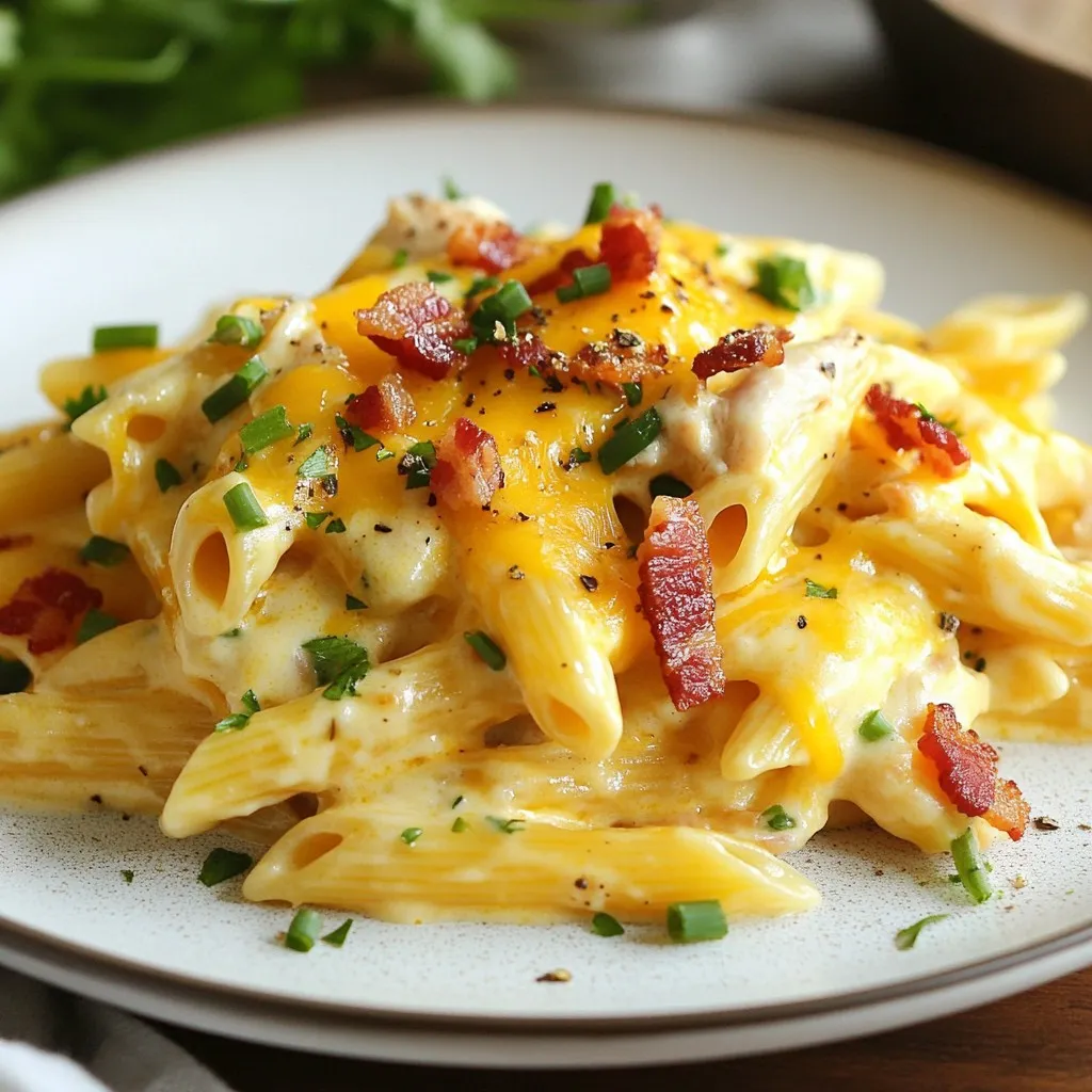 - 8 oz penne pasta - 1 lb chicken breasts, diced into bite-sized pieces - 1 tablespoon olive oil - 1 packet ranch seasoning mix - 1 cup cream cheese, softened to room temperature - 1 cup chicken broth (preferably low-sodium) - 1 cup shredded sharp cheddar cheese - 1/2 cup cooked bacon bits (can substitute with turkey bacon for a lighter option) - 1/2 cup green onions, sliced finely - 1/2 teaspoon garlic powder - Salt and pepper to taste - Fresh parsley, chopped, for garnish Creating a great meal starts with the right ingredients. For this creamy crack chicken penne, you will need penne pasta, chicken breasts, and some key seasonings. The ranch seasoning mix brings a unique flavor that makes this dish special. Cream cheese and cheddar cheese create that rich, creamy texture we love. You can use bacon bits for a savory crunch, but feel free to swap in turkey bacon if you prefer a lighter option. Green onions add a fresh taste and vibrant color. Don't forget garlic powder, salt, and pepper. These ingredients help to enhance all the flavors. Finally, fresh parsley is perfect for garnish. It adds a nice pop of color and a hint of freshness. Each ingredient plays a role in making this dish a flavorful dinner delight. Gather these items, and you’ll be ready to create a meal your family will love! {{ingredient_image_2}} 1. Start by bringing a large pot of salted water to a boil. This water will help cook the pasta. 2. Add 8 oz of penne pasta to the boiling water. Cook it until it is al dente, about 8-10 minutes. 3. Once the pasta is done, drain it well. Be sure to save a small cup of pasta water to use later if needed. 1. In a large skillet, heat 1 tablespoon of olive oil over medium heat. Wait until it shimmers before adding chicken. 2. Add 1 lb of diced chicken breasts to the skillet. Season it with 1/2 teaspoon garlic powder, salt, and pepper to taste. 3. Sauté the chicken for about 7-10 minutes. Stir occasionally until the chicken is browned and fully cooked, reaching 165°F (75°C). 1. Sprinkle 1 packet of ranch seasoning mix over the cooked chicken. Stir it well to coat the chicken evenly. 2. Lower the heat to medium-low. Add 1 cup of softened cream cheese and 1 cup of chicken broth to the skillet. 3. Stir continuously until the cream cheese melts and mixes with the broth, forming a smooth sauce. 4. Gradually mix in 1 cup of shredded sharp cheddar cheese. Keep stirring until it melts. If the sauce is too thick, add a splash of the reserved pasta water. 1. Carefully fold in the cooked penne pasta and 1/2 cup of cooked bacon bits. Make sure every piece of pasta is coated well with the sauce. 2. Cook the mixture for an additional 2-3 minutes. This helps heat everything through. 3. Stir in 1/2 cup of sliced green onions, mixing them evenly into the pasta. 4. Taste the dish and adjust the seasoning with more salt and pepper, if needed. - How to check chicken doneness: Use a meat thermometer. Chicken should reach 165°F (75°C). This ensures it's safe to eat. - Avoiding a thick sauce: If your sauce is too thick, add a splash of reserved pasta water. This keeps the sauce creamy and smooth. Stir well to blend. - Keeping pasta from sticking: Stir the pasta immediately after draining. A little olive oil helps keep it from clumping together. - Presentation ideas for serving: Serve in shallow bowls for a nice look. Add extra bacon bits and green onions on top for texture. A sprinkle of parsley adds color. - Pairing with sides or salads: Serve with a fresh green salad or garlic bread. These sides balance the creamy dish and add crunch. Pro Tips Perfect Pasta: Always cook the penne pasta until al dente for the best texture. It will continue to cook slightly when mixed with the sauce. Seasoning Balance: Taste your sauce before serving. Adjust the salt and pepper to ensure a well-balanced flavor. Cheese Tip: Use freshly shredded cheddar cheese instead of pre-shredded for better melting and a creamier sauce. Ingredient Swaps: Feel free to customize this dish by adding vegetables like spinach or bell peppers for extra nutrition and color. {{image_4}} You can easily change this dish to fit your needs. If you want a lighter option, try using turkey bacon instead of regular bacon. This swap keeps the flavor but cuts down on fat. You can also make the dish gluten-free by using gluten-free penne pasta. This way, everyone can enjoy it! Get creative with the flavors in this dish! You can add vegetables like spinach, bell peppers, or broccoli. These will boost nutrition and add color. You could also experiment with different cheese types. Try using pepper jack for a kick or mozzarella for a milder taste. Each change makes the dish unique and fun! To keep your creamy crack chicken penne fresh, use proper storage containers. Glass or plastic containers with tight lids work well. Let the dish cool before putting it in the fridge. This step helps it stay creamy and tasty. Aim to store it within two hours of cooking for best results. For reheating, the best methods are using the stove or microwave. If using the stove, place it in a skillet over low heat. Stir often to avoid burning. Add a splash of chicken broth or cream to keep it creamy. If using a microwave, heat in short bursts. Stir between intervals until it’s hot. Always check the temperature to ensure it heats evenly. Crack Chicken is a creamy, flavorful dish that combines chicken, ranch seasoning, and cheese. It has a rich and savory taste with hints of garlic and herbs. Many people love its creamy texture and comforting flavor. This dish often features bacon bits for added crunch and a burst of flavor. Yes, you can make this recipe ahead of time. Prepare the creamy sauce and chicken mixture without the pasta. Store it in an airtight container in the fridge for up to three days. When you are ready to serve, cook the penne pasta and mix it with the sauce. This saves time and allows the flavors to meld nicely. To add some heat, try adding crushed red pepper flakes or diced jalapeños to the sauce. You can also use spicy ranch seasoning if you want more kick. For an extra layer of flavor, consider adding a dash of hot sauce when mixing in the cream cheese. Adjust to your taste for the perfect spice level! This blog post covered a tasty dish called Crack Chicken. You learned the key ingredients, step-by-step instructions, and helpful tips. We discussed cooking and serving ideas to make your meal stand out. Don't forget the variations for dietary needs and flavor tweaks. Proper storage ensures your leftovers stay fresh. With these details, you can confidently make your own delicious Crack Chicken. Enjoy the flavors and feel free to get creative with your version!