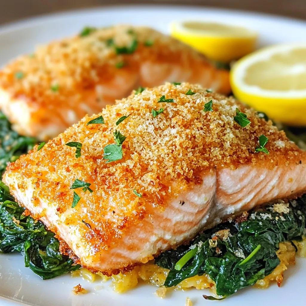 Here’s what you need to make crispy Parmesan crusted salmon: - 4 salmon fillets (with skin) - 1 cup finely grated Parmesan cheese - 1/2 cup panko breadcrumbs - 2 tablespoons fresh parsley, finely chopped - 2 cloves garlic, minced - Zest and juice of 1 lemon - 3 tablespoons olive oil - Salt and pepper to taste These ingredients create a dish that is simple yet full of flavor. The salmon provides a rich, buttery texture, while the Parmesan and panko create a crispy topping. Fresh parsley adds a nice touch of color and flavor. Garlic gives it a savory depth, and lemon brightens the dish. Make sure to use fresh ingredients for the best results. {{ingredient_image_2}} Start by preheating your oven to 400°F (200°C). This step is important for even cooking. While the oven heats up, grab a baking sheet. Line it with parchment paper. This will help with cleanup later. In a mixing bowl, combine these ingredients: - 1 cup finely grated Parmesan cheese - 1/2 cup panko breadcrumbs - 2 tablespoons fresh parsley, finely chopped - 2 cloves garlic, minced - Zest of 1 lemon - A pinch of salt and pepper Mix them together well. You want all the flavors to blend nicely. Now, take your salmon fillets. Drizzle 1 tablespoon of olive oil over the skin side of each fillet. Use a brush or a spoon to spread the oil evenly. Season the fillets with salt and pepper. This adds flavor to the fish. Flip the fillets so they are skin-side down on the baking sheet. Press the Parmesan breadcrumb mixture onto the top of each fillet. Make sure it sticks well for that tasty crust. Drizzle the remaining 2 tablespoons of olive oil over the crusted salmon. This helps the topping get crispy. Place the baking sheet in the oven. Bake for about 12-15 minutes. Look for a golden brown topping and cooked-through salmon. After baking, take the salmon out of the oven. Drizzle fresh lemon juice over the top. This adds a nice zesty finish. It brightens the flavors and makes the dish pop. Enjoy your crispy Parmesan crusted salmon! To get a great crispy crust, use panko breadcrumbs. Panko creates a light crunch that you can't beat. Mix in finely grated Parmesan cheese for extra flavor. Make sure to press the topping firmly onto the salmon. This helps it stick while baking. Drizzle olive oil on top for added richness. The oil helps achieve that golden-brown look. For this recipe, I recommend using skin-on salmon fillets. The skin adds flavor and helps keep the fish moist. Look for fresh salmon that has bright color and smells clean. Wild-caught salmon often has a richer flavor than farmed. You can also choose between different types, like sockeye or coho, based on your taste. To prevent burning, keep an eye on your oven temperature. Bake at 400°F (200°C) for 12-15 minutes. If your topping is browning too fast, cover it with foil. This allows the salmon to cook without burning the crust. You can also reduce the oven temperature slightly if needed. Serve your crispy Parmesan crusted salmon with sautéed spinach or roasted veggies. Both add color and nutrients to your plate. A side of lemon wedges brightens up the dish. For a starch, try quinoa or rice. These sides balance the meal and make it more filling. Pro Tips Use Fresh Ingredients: Always opt for fresh salmon and herbs to enhance the flavor and texture of your dish. Perfect the Crust: Press the Parmesan breadcrumb mixture firmly onto the salmon to ensure it adheres well and forms a crispy crust. Monitor Cooking Time: Keep an eye on the salmon as it bakes; overcooking can lead to dryness. Aim for a golden crust and tender, flaky fish. Experiment with Flavors: Don’t hesitate to add your favorite herbs or spices to the breadcrumb mixture for a personalized touch. {{image_4}} You can change the taste by adding herbs or spices. Try fresh dill for a light, fresh flavor. Add smoked paprika for a hint of smokiness. You might even like a bit of cayenne for heat. Mix and match to find your favorite. Use your creativity to make it unique! Baking gives the salmon a nice, even cook. It creates a crispy crust and keeps the fish juicy. Air frying cooks faster and can make the crust even crispier. If you want a quick meal, consider air frying. Both methods work great, so choose what fits your time. Pair this salmon with many sides. Sautéed spinach adds a nice touch and color. Roasted vegetables bring out a sweet flavor. You could even serve it with a light salad for a fresh bite. Think about how each side complements the salmon and enjoy! Store any leftover salmon in an airtight container. Make sure it cools down first. This helps keep the fish fresh. Place it in the fridge for up to three days. Always label the container with the date. This way, you will know when to eat it. To reheat, use the oven for the best results. Preheat it to 350°F (175°C). Place the salmon on a baking sheet. Cover it loosely with foil to avoid drying out. Heat for about 10 minutes. Check if it's warm enough. This method keeps the crust crispy. You can freeze the salmon if you have more than you can eat. Wrap each fillet tightly in plastic wrap. Then, place them in a freezer bag. Remove as much air as possible. Label the bag with the date. You can freeze it for up to three months. To thaw, place it in the fridge overnight before reheating. You can use Pecorino Romano cheese. It has a strong flavor too. Another option is nutritional yeast. It is dairy-free and adds a nice cheesy taste. For a milder flavor, try using Grana Padano cheese. Each option will give your dish a unique twist. Yes, you can use skinless salmon fillets. The crust will still stick well. However, the skin adds flavor and helps keep the salmon moist. If you prefer skinless, make sure to adjust the cooking time to avoid overcooking. The salmon is done when it flakes easily with a fork. The meat should be opaque and no longer translucent. You can also use a meat thermometer. The internal temperature should reach 145°F (63°C) for safe eating. Yes, this recipe is great for meal prep. You can cook the salmon ahead of time. Store it in the fridge for up to three days. Reheat it in the oven to keep it crispy. Pair it with veggies or grains for a quick meal. This post covered all you need for a great salmon dish. We explored the ingredients and offered step-by-step instructions for cooking. You learned tips for a crispy crust and creative variations to try. Storing leftovers and reheating properly ensures nothing goes to waste. Remember, cooking should be fun and tasty. Enjoy every bite, your meal will shine!