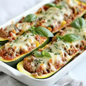 - 4 medium zucchinis, halved lengthwise - 1 pound ground beef - 1 cup diced tomatoes (canned or fresh) - 1 small onion, finely chopped - 2 cloves garlic, minced - 1 teaspoon Italian seasoning - 1 teaspoon smoked paprika - Salt and pepper, to taste - 1 cup shredded mozzarella cheese - 2 tablespoons olive oil - Fresh basil leaves, for garnish In this recipe, you need fresh zucchinis as the main base. The ground beef adds protein and richness. The diced tomatoes bring moisture and flavor. Onion and garlic enhance the taste. Italian seasoning and smoked paprika add depth. Mozzarella cheese provides a melty topping. Olive oil helps with cooking and flavor. - Bell peppers, diced - Corn kernels - Chopped spinach - Crushed red pepper flakes - Parmesan cheese for extra flavor You can mix in bell peppers or corn for added texture. Chopped spinach is a great way to sneak in greens. Red pepper flakes can add heat if you like spice. Sprinkling Parmesan cheese on top can give a nice finish. Each serving contains approximately: - Calories: 380 - Protein: 25g - Fat: 25g - Carbohydrates: 10g - Fiber: 3g These zucchini boats are a balanced meal. They offer protein and healthy fats while being low in carbs. They are great for anyone looking to eat well and enjoy a hearty dish. {{ingredient_image_2}} 1. Preheat your oven to 375&deg;F (190&deg;C). This makes sure the oven is ready for baking. 2. Cut the zucchinis in half lengthwise. Use a small spoon to scoop out the insides. Leave about 1/4-inch of the flesh to keep the shape. Set the scooped zucchini flesh aside for later. 3. Finely chop the onion and mince the garlic. Gather all your ingredients for easy access. 1. In a large skillet, heat 2 tablespoons of olive oil over medium heat. Add the chopped onion and minced garlic. Saut&eacute; for about 3-4 minutes until the onion is soft and clear. 2. Add 1 pound of ground beef to the skillet. Break it apart with a spatula. Cook for about 5-7 minutes until the beef is browned. Drain any extra fat from the skillet. 3. Stir in 1 cup of diced tomatoes, the reserved zucchini flesh, 1 teaspoon of Italian seasoning, 1 teaspoon of smoked paprika, and salt and pepper to taste. Cook for another 5-7 minutes. The mix should be heated well and flavors should blend nicely. 4. Remove the skillet from the heat. Mix in half of the 1 cup of shredded mozzarella cheese. Stir until it is evenly mixed. 1. Spoon the beef mixture into each hollowed zucchini half. Pack it in well to ensure a full bite. 2. Place the filled zucchinis on a baking sheet lined with parchment paper. This makes cleanup easy. 3. Top each zucchini with the remaining mozzarella cheese. Make sure to cover well for that cheesy goodness. 4. Bake in the oven for 20-25 minutes. The zucchinis should be soft, and the cheese should be melted and bubbly. 5. Once out of the oven, let the zucchinis cool for a few minutes. Garnish with fresh basil leaves just before serving for a nice touch. To hollow zucchini well, start with fresh zucchinis. Choose medium-sized ones for even cooking. Cut them in half lengthwise. Use a small spoon or a melon baller to scoop out the insides. Leave about 1/4-inch of the flesh intact. This keeps them sturdy when you fill them. If you scoop too much, they may collapse. Save the scooped flesh to add to your beef mixture for extra flavor. If you have leftovers, store them in an airtight container. This keeps them fresh in the fridge for up to three days. You can also wrap them tightly in plastic wrap. When you&rsquo;re ready to eat, reheat them in the oven. This way, the zucchini stays tender and the cheese melts again. Avoid the microwave, as it may make the zucchini soggy. Cooking over high heat has its perks. It browns the beef quickly. This adds flavor and makes the dish tasty. However, high heat can also lead to burning if you&rsquo;re not careful. Keep stirring often to prevent this. For the best results, start on medium heat, then increase it as needed. This method helps you achieve a nice, golden color without losing flavor. Pro Tips Choose the Right Zucchini: Look for firm, medium-sized zucchinis without blemishes for the best texture and flavor in your dish. Maximize Flavor: Saut&eacute; the onion and garlic until fragrant before adding the beef to enhance the overall taste of the filling. Customize the Filling: Feel free to add other vegetables like bell peppers or mushrooms to the beef mixture for added nutrition and flavor. Don&rsquo;t Overbake: Keep an eye on the zucchinis while baking. They should be tender but not mushy; check for doneness around the 20-minute mark. {{image_4}} You can make these zucchini boats without meat. Swap the ground beef for a mix of beans, lentils, or quinoa. Use 1-1/2 cups of cooked beans or lentils. This gives you protein and fiber. Try black beans for a rich flavor. Add corn or diced bell peppers for crunch. You can also use plant-based meat if you prefer. If you want to try other proteins, use ground turkey or chicken. Both give a lighter taste. For a seafood twist, use shrimp or crab meat. Cook the shrimp quickly and mix it with the other ingredients. Always check that your protein is cooked well before serving. To add more flavor, use fresh herbs like parsley or cilantro. A squeeze of lemon juice can brighten the dish. You can also add spices like cumin or chili powder for heat. If you love cheese, try adding feta or goat cheese for a tangy twist. Mixing in some olives or sun-dried tomatoes can also add a burst of flavor. To keep your beef zucchini boats fresh, let them cool first. Place them in an airtight container. Store in the fridge for up to three days. If you want to keep them longer, consider freezing. Just remember, the texture may change after freezing. When you're ready to enjoy your leftovers, preheat your oven to 350&deg;F (175&deg;C). Place the zucchini boats on a baking sheet. Cover them with foil to keep moisture in. Heat for about 15-20 minutes, or until they are warm throughout. This method keeps the cheese melty and the zucchini tender. To freeze your zucchini boats, make sure they are fully cooled. Wrap each boat in plastic wrap, then put them in a freezer-safe bag. Remove as much air as possible to prevent freezer burn. They can stay in the freezer for up to three months. When ready to eat, thaw overnight in the fridge and reheat as mentioned above. Yes, you can prepare the beef zucchini boats ahead of time. First, cook the beef mixture as described. Then, fill the zucchini halves. Cover them and place them in the fridge. You can bake them later, just before serving. This method saves time on busy nights. The flavors will still be delicious! Look for firm zucchinis that are shiny and dark green. Avoid ones that feel soft or have blemishes. Choose zucchinis that are about 6 to 8 inches long for even cooking. Smaller zucchinis tend to have less water and better taste. This ensures your boats hold up well during baking. Beef zucchini boats pair well with a fresh salad. A simple green salad with a light vinaigrette works great. You can also serve them with garlic bread for a cozy meal. If you want something heartier, try a side of rice or quinoa. These sides round out the meal nicely. You now know how to make delicious zucchini boats with step-by-step instructions. We covered key ingredients, tips for hollowing, and safe storage. Remember to customize your recipe to suit your taste. Whether you prefer beef, veggies, or extra flavor, there's an option for you. Zucchini boats are not just tasty; they are healthy too! Enjoy this fun dish, and don&rsquo;t forget to share your creations with friends!