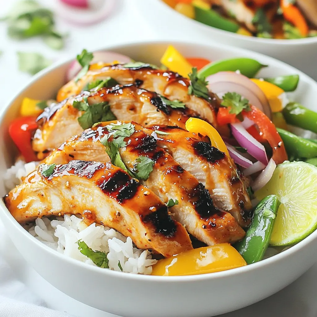 - 2 boneless, skinless chicken breasts - 1 cup sweet chili sauce - 2 cups cooked jasmine rice - 1 cup sliced bell peppers (red, yellow, green) - 1 small red onion, sliced - 1 cup snap peas - 1 tablespoon olive oil - Salt and pepper, to taste - 1/2 cup coconut milk - Zest of 1 lime - 2 tablespoons fresh lime juice - 1 tablespoon honey - A pinch of salt Let’s dive into what makes this dish so special. The chicken is the star here. I use two boneless, skinless chicken breasts. They are easy to cook and super tender. Marinating the chicken in sweet chili sauce adds a lovely flavor. It brings a sweet and spicy kick that makes every bite a joy. Next, we need rice. I like jasmine rice for its fluffy texture and aroma. It pairs perfectly with the chicken and sauce. For crunch, I add a mix of sliced bell peppers, red onion, and snap peas. These vegetables add color and freshness. Now, let’s talk about the coconut lime drizzle. This drizzle is a game changer. It starts with creamy coconut milk, which adds richness. The lime zest and juice add brightness, while honey brings in sweetness. A pinch of salt ties everything together, making it a must-have for your bowls. With these ingredients, you’re on your way to a delightful meal. Each component works together to create a tasty and vibrant dish that’s easy to make and hard to resist. {{ingredient_image_2}} Marinating the chicken is key to flavor. I recommend marinating for at least 30 minutes. This helps the sweet chili sauce soak into the meat. To coat the chicken, place the breasts in a bowl. Pour the sweet chili sauce over the chicken. Make sure each piece is covered well. Cover the bowl and refrigerate it. Let the magic happen while you prep other ingredients. To make the coconut lime drizzle, grab a small bowl. Whisk together the coconut milk, lime zest, lime juice, honey, and a pinch of salt. Mix until smooth. Let it sit for a bit. This lets the flavors mingle and deepen. Trust me, this drizzle adds a refreshing kick to your bowls. For cooking, preheat a grill pan or skillet over medium-high heat. Remove the chicken from the marinade but save the marinade. Place the chicken in the hot pan. Cook for 6-7 minutes on each side. Check for doneness; the internal temperature should reach 165°F. Once cooked, pour the reserved marinade over the chicken. Let it simmer for 2-3 minutes to thicken. Next, heat olive oil in another pan over medium heat. Add the sliced bell peppers, red onion, and snap peas. Sauté for about 5-6 minutes. Stir occasionally until the vegetables are tender-crisp. Season with salt and pepper to bring out their flavors. This step adds color and crunch to your bowls. Now, it’s time to assemble! Start with a scoop of jasmine rice in each bowl. Slice the cooked chicken into strips and place it on top. Surround the chicken with the sautéed vegetables. Aim for a colorful and inviting look. A good presentation is key to enjoying your meal. Finally, drizzle the coconut lime sauce over each bowl. Make sure to cover the chicken and veggies. This adds a creamy texture and bright flavor. Serve the bowls warm for the best taste. Enjoy every bite of your sweet chili chicken bowls with coconut lime drizzle! To make your sweet chili chicken bowls shine, balance sweet and spicy flavors. Sweet chili sauce gives a nice sweetness, while the heat brings excitement. Always taste as you go! Adjust the sauce to fit your taste. Seasoning is key. Use salt and pepper to enhance flavors. A little salt can bring out the sweetness in the vegetables. Fresh lime juice adds brightness to the dish. It lifts the flavors and ties everything together. Grilling or frying chicken gives the best flavor. For grilling, preheat your grill pan. Cook for about 6-7 minutes per side. Use a meat thermometer to check for doneness. The chicken should reach 165°F. For beginners, try pan-frying. Heat a non-stick skillet over medium-high heat. This method is simple and very effective. If you prefer, baking is another great option. Bake the chicken at 400°F for about 20-25 minutes. Pair your chicken bowls with colorful side dishes. A fresh salad with cucumbers and carrots adds crunch. You might also serve it with steamed broccoli or edamame for extra veggies. To enhance presentation, use garnishes. Fresh cilantro leaves or lime wedges add color and flavor. A sprinkle of sesame seeds can add a nice touch, too. Make your bowls look as good as they taste! Pro Tips Marination Magic: Allow the chicken to marinate longer than 30 minutes if possible. Marinating for a few hours or overnight will enhance the flavor even more. Perfectly Cooked Chicken: Use a meat thermometer to ensure your chicken reaches 165°F for perfect doneness without being dry. Vegetable Crunch: For extra crunch, add the snap peas last to the sauté pan, cooking them just until warmed through. Garnish for Elegance: Fresh herbs like cilantro or mint can elevate the presentation and flavor of your bowls significantly. {{image_4}} You can easily switch the chicken with shrimp, tofu, or beef. If you use shrimp, cook them for about 2-3 minutes per side until pink. For tofu, choose firm varieties. Cut them into cubes and sauté for about 5-7 minutes until golden. If you prefer beef, use thinly sliced flank steak. Cook it for about 4-5 minutes per side for medium doneness. Adjust the cooking time based on the protein you choose. To make this dish vegan, replace the chicken with plant-based options like chickpeas or tempeh. Chickpeas can be roasted for added crunch. For the drizzle, use maple syrup instead of honey. It keeps the sweet touch without the animal product. Ensure that the coconut milk is unsweetened for the best flavor balance. You can switch jasmine rice with quinoa or brown rice for a different texture. Quinoa cooks quickly and adds a protein boost. For brown rice, remember it takes longer to cook—about 40-45 minutes. To add more flavor, consider cooking the rice in vegetable broth or adding lime zest while it cooks. This will enhance the overall taste of your bowl. To store your sweet chili chicken bowls, place them in airtight containers. Keep the chicken, rice, and veggies together for easy access. You can also store them separately if you prefer. These bowls stay fresh in the fridge for about 3 days. Be sure to let them cool before sealing to avoid moisture buildup. When it’s time to enjoy leftovers, reheat in the microwave or on the stove. For the microwave, heat in short bursts, stirring in between. This helps keep the chicken and rice moist. On the stove, add a splash of water or broth to prevent drying out. Heat over low heat, stirring gently until warmed through. You can freeze the chicken and rice separately for longer storage. Use freezer-safe bags or containers. Be sure to label them with dates. The cooked chicken can stay frozen for up to 3 months, while the rice can last for about 2 months. When you’re ready to eat, thaw in the fridge overnight. Reheat on the stove or microwave, adding some liquid to keep it moist. You can make the chicken spicier by adding more chili sauce. Try using sriracha or a hot pepper sauce. You could even mix in fresh chopped chili peppers if you want extra heat. Just add a bit more sauce until you reach the level of spice you like. Yes, you can use different vegetables. Seasonal vegetables work best. Think about using zucchini, asparagus, or carrots. They add great colors and flavors. You can even use frozen veggies if fresh ones aren't available. Just adjust cooking times as needed. To customize the drizzle, add fresh herbs like cilantro or basil. You can also adjust the sweetness by adding more honey or lime juice. If you like it tangy, add more lime juice to brighten the flavors. Just taste as you mix to find your perfect balance. This recipe can be gluten-free. Just be sure to choose gluten-free sweet chili sauce. Check labels on sauces and other ingredients. Jasmine rice is naturally gluten-free, making this dish safe for those who need it. Cooking chicken takes about 12-14 minutes total. Cook each side for 6-7 minutes. Use a meat thermometer to check for doneness. The chicken should reach 165°F. This ensures it's safe to eat and juicy. This recipe brings together fresh chicken, bright veggies, and a tasty drizzle. We discussed key ingredients, including sweet chili sauce and jasmine rice. I shared tips for marinating chicken and ways to cook it just right. You learned about flavor balance and how to customize your meal. Try different proteins or grains for variety. Cooking should be fun and creative. With this guide, you'll make delicious meals everyone will enjoy.