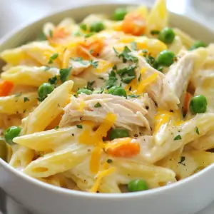 For this hearty Chicken Pot Pie Pasta, you need: - 12 oz penne pasta - 2 tablespoons olive oil - 1 medium onion, diced - 2 carrots, diced - 2 celery stalks, diced - 3 cloves garlic, minced - 1 rotisserie chicken, shredded (approximately 3 cups) - 1 cup frozen peas - 1 cup chicken broth - 1 cup heavy cream - 1 teaspoon dried thyme - 1 teaspoon dried rosemary - Salt and black pepper to taste - 1 cup grated cheddar cheese - Fresh parsley, chopped (for garnish) These ingredients blend together to create a creamy and rich dish. The rotisserie chicken saves time and adds great flavor. The herbs give the pasta a warm and inviting taste. While the pasta is delicious on its own, some garnishes can enhance it: - Extra grated cheddar cheese - Fresh parsley, chopped - Cracked black pepper Using garnishes adds a pop of color and flavor. They make your dish look more appealing and taste even better. To make this recipe, you will need: - Large pot for boiling pasta - Large skillet for saut&eacute;ing - Wooden spoon for stirring - Measuring cups and spoons - Knife and cutting board for chopping vegetables Having the right tools makes cooking easier. It helps you stay organized and ensures everything cooks evenly. {{ingredient_image_2}} Start by boiling a large pot of salted water. Once it boils, add 12 oz of penne pasta. Cook the pasta according to the package instructions until it is al dente. Remember to stir it occasionally. After it cooks, drain the pasta and set it aside for later. In a large skillet, heat 2 tablespoons of olive oil over medium heat. Add one medium diced onion, two diced carrots, and two diced celery stalks. Saut&eacute; the veggies for about 5 minutes. You want them to soften and the onion to turn translucent. This adds great flavor to your dish. Next, stir in 3 cloves of minced garlic. Cook it for about one minute. This will release a nice fragrance. Then, add in the shredded rotisserie chicken, one cup of frozen peas, one cup of chicken broth, and one cup of heavy cream. Sprinkle in one teaspoon of dried thyme and one teaspoon of dried rosemary. Season with salt and black pepper to taste. Turn up the heat slightly and bring the mix to a gentle simmer. Let it cook for about 5 to 7 minutes. Stir occasionally until the sauce thickens a bit. Now, it's time to mix in the cooked penne pasta. Stir well to coat it with the creamy sauce. Make sure chicken and vegetables are evenly mixed throughout. After that, sprinkle one cup of grated cheddar cheese over the pasta. Cover the skillet with a lid and let it sit on low heat for 2 to 3 minutes. This will help the cheese melt nicely. When you're ready to serve, dish out the pasta while it's warm. Use deep bowls or plates to hold the hearty meal. Top each serving with chopped fresh parsley for a nice touch. If you want, add an extra sprinkle of cheese on top. This will make your dish look even more inviting! To make your sauce creamy and rich, use heavy cream. This adds a nice thickness. Make sure to simmer it gently. Stir often to avoid burning. If the sauce is too thick, add a bit more chicken broth. This helps achieve the right consistency. For a smoother sauce, mix in some cheese as it melts. It brings a delightful flavor that enhances the whole dish. One mistake is overcooking the pasta. Cook it just until al dente. This keeps it firm and tasty. Another mistake is not seasoning enough. Always taste your sauce as you cook. Adjust with salt and pepper if needed. Lastly, don&rsquo;t rush the simmering step. This is key for thickening the sauce and blending the flavors. Add fresh herbs for an extra kick. Chopped parsley or thyme works well. You can also sprinkle some garlic powder or onion powder. This boosts the overall taste. For a twist, try adding a splash of white wine to the sauce. It adds depth and a lovely aroma. Lastly, don&rsquo;t forget to garnish your dish with extra cheese. It makes everything look delicious and inviting! Pro Tips Use Fresh Herbs: Fresh herbs like thyme and rosemary can elevate the flavor profile significantly compared to dried herbs. Add them at the end for a burst of freshness. Customize Your Veggies: Feel free to substitute or add other vegetables like bell peppers or mushrooms based on your preference. This dish is versatile! Make It Ahead: You can prepare the sauce and pasta in advance. Simply combine and bake when ready to serve for a quick meal solution. Cheese Variations: Experiment with different types of cheese like gouda or mozzarella for varied taste and texture. Each will bring its unique character to the dish. {{image_4}} You can change the protein in this dish. If you like turkey, use shredded turkey instead of chicken. This works well, especially after a holiday meal. You can also make it vegetarian. Just replace the chicken with mushrooms or tofu. Add extra veggies like zucchini or bell peppers for more flavor. While I use penne, you can choose other pasta types. Fusilli, rotini, or even egg noodles can work great. Each pasta shape brings a unique texture. For a heartier option, try whole wheat pasta. Gluten-free pasta is a good choice too. Just make sure to cook it according to package instructions. Adding herbs and spices can boost the flavor. Besides thyme and rosemary, think about adding parsley or dill. A pinch of cayenne pepper adds a warm kick. You can also sprinkle in a little garlic powder for more depth. Experiment with your favorites to make this dish your own. After enjoying your Chicken Pot Pie Pasta, store leftovers in an airtight container. Allow the dish to cool down before sealing it. This helps keep it fresh. You can store it in the fridge for up to three days. If you want to keep it longer, consider freezing it. To reheat, you can use the microwave or the stove. If using a microwave, place a portion in a bowl. Cover it loosely with a microwave-safe lid or wrap. Heat it for 1-2 minutes, stirring halfway through. On the stove, add a bit of broth or cream in a pan. Stir gently over low heat until warmed through. If you plan to freeze your Chicken Pot Pie Pasta, ensure it cools completely first. Divide it into portions for easy thawing. Store in freezer-safe bags or containers. You can freeze it for up to three months. When ready to enjoy, thaw overnight in the fridge. Reheat as mentioned above for the best taste. Yes, you can use fresh chicken. Cook the chicken first. You can boil or bake it. Shred or chop the cooked chicken. This adds a nice flavor. Using fresh chicken makes the dish healthier. To make this dish gluten-free, swap out the pasta. Use gluten-free penne or any gluten-free pasta. Check all labels on your ingredients. Some chicken broths and creams can contain gluten. Great sides include a simple salad or garlic bread. You can also serve steamed veggies. These sides balance the creamy pasta. They add freshness to your meal. Yes, you can make this dish ahead. Prepare it and store it in the fridge. Reheat it gently before serving. The flavors will deepen and taste even better! You've learned how to make Chicken Pot Pie Pasta from start to finish. We covered key ingredients, easy steps, and helpful tips. Remember to choose your favorite proteins and pasta shapes. Don't forget to check storage tips for leftovers. You can mix in your favorite herbs for added flavor. This dish is versatile, fun, and a great way to bring comfort food to your table. Enjoy creating your own delicious version of this recipe!