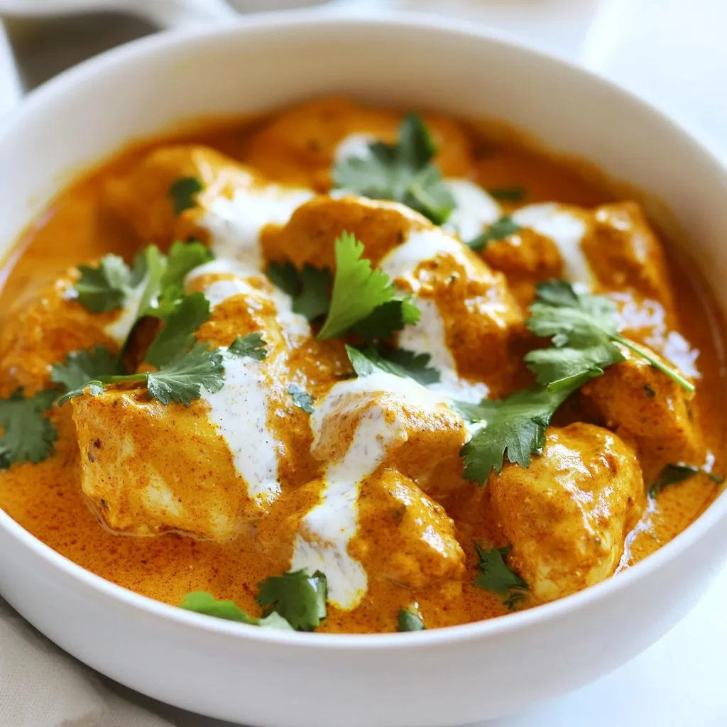 - 500g boneless chicken thighs - 1 cup plain yogurt - 2 tablespoons ginger-garlic paste - 2 teaspoons garam masala - 1 teaspoon ground cumin - 1 teaspoon coriander powder - 1 cup tomato puree - ½ cup heavy cream Gathering the right ingredients is crucial for your butter chicken. Start with 500g of boneless chicken thighs. They stay juicy and tender. Next, you'll need 1 cup of plain yogurt. This helps to marinate the chicken and adds flavor. Then, grab 2 tablespoons of ginger-garlic paste. This mix gives your dish a great base taste. For spices, you will use 2 teaspoons of garam masala. This spice mix brings warmth. Add 1 teaspoon of ground cumin for a nutty flavor. Finally, include 1 teaspoon of coriander powder, which adds a hint of citrus. Next, you will need 1 cup of tomato puree. This forms the rich sauce. Lastly, grab ½ cup of heavy cream. It makes the dish creamy and smooth. With these ingredients, you're set to make a tasty butter chicken. Feel free to explore local markets for fresh options. {{ingredient_image_2}} First, you need to marinate the chicken. In a bowl, mix the following: - 500g boneless chicken thighs, cut into bite-sized pieces - 1 cup plain yogurt - 2 tablespoons ginger-garlic paste - 1 tablespoon lemon juice - Salt to taste Make sure the chicken is well-coated in the marinade. Cover the bowl and place it in the fridge. Let it sit for at least 30 minutes. If you have more time, letting it sit overnight makes it even tastier. Next, we will cook the chicken. Start by heating 2 tablespoons of ghee or unsalted butter in a large skillet over medium heat. Add 1 medium onion, finely chopped. Sauté the onion until it is golden brown, which takes about 5-7 minutes. Once the onions are ready, add the marinated chicken along with all the marinade to the skillet. Cook the chicken for about 8-10 minutes. Stir occasionally until it is browned and cooked through. Now, it’s time to add the spices. Sprinkle in: - 2 teaspoons garam masala - 1 teaspoon ground cumin - 1 teaspoon coriander powder - 1 teaspoon turmeric powder - 1 teaspoon red chili powder (adjust for your spice preference) Stir well and cook for another 2-3 minutes. This helps the spices release their flavors. Now, pour in 1 cup of tomato puree. Stir everything together well. Allow the mixture to simmer for about 10 minutes. This thickens the sauce and deepens the flavor. Finally, lower the heat and stir in ½ cup of heavy cream. Cook for an additional 5 minutes. Taste and adjust the salt as needed. Remove from heat and let it rest for a few minutes. Serve this butter chicken over fluffy basmati rice or with warm naan. Enjoy your meal! - Marinate chicken overnight for enhanced flavor - Use pre-cooked rotisserie chicken Marinating the chicken overnight is a game-changer. It allows the spices to soak in deeply. If you're short on time, grab a rotisserie chicken. This will cut your cooking time in half. Just shred the chicken and add it to the sauce. - Adjust spice levels to your preference - Monitor chicken cooking time to avoid overcooking Cooking is all about you. If you like it spicy, add more chili powder. If you prefer mild, use less. Always check the chicken closely as it cooks. Overcooked chicken can be dry, and no one wants that. - Use fresh cilantro for color - Serve with lemon wedges for a fresh touch Garnishing makes your dish pop. Fresh cilantro adds a bright color and taste. A squeeze of lemon gives a fresh lift to the rich sauce. Just before serving, sprinkle cilantro and add a lemon wedge to each plate. Pro Tips Marination Matters: The longer you marinate the chicken, the more flavorful and tender it will become. Aim for at least 2 hours, or overnight for the best results. Spice Adjustment: Feel free to adjust the level of red chili powder based on your spice tolerance. Start with less and add more if you prefer a spicier dish. Tomato Purée Tip: For a richer flavor, use homemade tomato purée or high-quality canned tomatoes. This will enhance the overall taste of your butter chicken. Serving Suggestions: Serve with fluffy basmati rice or naan, and consider adding a side of cucumber raita for a refreshing contrast to the spiced chicken. {{image_4}} You can easily change some ingredients for your butter chicken. Here are a few swaps: - Use chicken breasts instead of chicken thighs. Chicken breasts are leaner and still tasty. - Swap heavy cream with coconut milk for a dairy-free option. This gives the dish a nice tropical touch. If you have dietary needs, you can adapt the recipe: - To make it gluten-free, check all ingredients to ensure they are certified gluten-free. This way, everyone can enjoy the dish. - For a vegetarian version, try using paneer or tofu. Both options soak up the sauce well and taste great. Want to boost the flavor? Here are some ideas: - Add a touch of honey for sweetness. It balances the spices and adds depth. - Incorporate crushed tomatoes for a tangy flavor. This gives the dish extra brightness and freshness. After you enjoy your butter chicken, store any leftovers in an airtight container. This way, the flavors stay fresh. You can keep it in the fridge for up to 3 days. When you're ready to enjoy it again, just take it out and reheat. To freeze butter chicken, let it cool down completely. Then, place it in a freezer-safe container. Make sure to leave some space at the top, as it may expand. You can freeze it for up to 3 months. To reheat and keep the flavor, first, thaw it in the fridge overnight. Then, heat it gently on the stove or in the microwave until hot. When you reheat butter chicken, do it slowly on low heat. This helps the sauce stay creamy and tasty. You can serve it over fluffy basmati rice or with warm naan bread. For a complete meal, add a side of fresh salad or roasted veggies. Enjoy the flavors! Butter chicken comes from India. It started in Delhi in the 1950s. The dish was made by mixing leftover chicken with a rich tomato sauce. This sauce had butter, cream, and spices. It became popular for its creamy flavor and warmth. Butter chicken shows Indian culinary art. It connects people to tradition and culture. You can, but I do not recommend it. Marinating adds flavor and tenderness. The yogurt and spices help the chicken soak up taste. If you skip this step, the dish may not be as rich. For best results, marinate for at least 30 minutes. Longer marination, like overnight, gives even better taste. To lower the spice, adjust the red chili powder. You can also use less of it in the recipe. Adding more cream or yogurt can cool the heat. Serve it with rice or bread to balance the spice. Fresh cilantro on top adds flavor without heat. In this article, I shared a simple recipe for Butter Chicken. We covered key ingredients, the cooking process, and useful tips to enhance your dish. Marinating chicken is crucial for flavor, so don’t skip it! You can adjust spices and try ingredient swaps for personal taste. Remember to store leftovers properly to enjoy later. With these steps, you can make a delicious Butter Chicken meal you'll love. Enjoy cooking and sharing this dish with others!