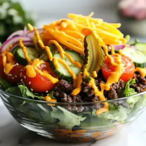 - 1 lb ground beef (or ground turkey for a lighter option) - 1 tablespoon extra virgin olive oil - 1 teaspoon garlic powder - 1 teaspoon onion powder - 1 teaspoon smoked paprika - Sea salt and freshly ground black pepper, to taste - 4 cups mixed salad greens (a blend of lettuce, spinach, and arugula) - 1 cup cherry tomatoes, halved - 1 cup cucumber, diced into bite-sized pieces - 1 cup shredded sharp cheddar cheese - &frac12; cup dill pickles, sliced into rounds - &frac12; cup red onion, finely diced - &frac14; cup ketchup - &frac14; cup yellow mustard - &frac14; cup mayonnaise - Sliced jalape&ntilde;os - Avocado slices - Crispy fried onions - Use ground chicken or beef alternatives for a leaner option. - Swap mixed salad greens with spinach or kale for a different taste. - Try different cheeses like mozzarella or pepper jack. - Use Greek yogurt instead of mayonnaise for a lighter dressing. {{ingredient_image_2}} To start, heat a large skillet over medium-high heat. Add one tablespoon of olive oil and let it get hot. Then, add one pound of ground beef or ground turkey. Use a spatula to break the meat apart as it cooks. Saut&eacute; the meat for about 8-10 minutes. You want it to be well-browned and fully cooked. Once the meat is browned, it's time to season it. Sprinkle in one teaspoon each of garlic powder, onion powder, and smoked paprika. Add sea salt and black pepper to taste. Stir the mixture well and cook for another 5 minutes. This lets the spices blend their flavors into the meat. While the meat cooks, grab four bowls. Divide four cups of mixed salad greens among them. You can use a blend of lettuce, spinach, and arugula for a tasty mix. Make sure to create a nice bed of greens for the toppings. Next, add fresh toppings to each bowl. Layer one cup of diced cucumber, one cup of halved cherry tomatoes, and one cup of shredded sharp cheddar cheese. Don&rsquo;t forget the sliced dill pickles and half a cup of finely diced red onion. Distribute these ingredients evenly among the bowls for a colorful look. Once your meat is fully cooked, remove it from the heat. Spoon the meat generously over the salad bases in each bowl. Make sure each bowl gets an equal portion of the flavorful meat. Now, it's time to add condiments. Drizzle ketchup, mustard, and mayonnaise over the meat. Adjust the amounts based on your taste. For the final touch, consider adding optional toppings. Sliced jalape&ntilde;os add heat, while avocado slices bring creaminess. Crispy fried onions give a great crunch. Serve your loaded burger bowls right away for the best taste and freshness. Enjoy this fun, tasty meal! To get the best flavor from your ground meat, start by using a hot skillet. Heat your olive oil until it shimmers. Then, add the ground beef or turkey. Break it up with a spatula while it cooks. Make sure it's well-browned. This should take about 8-10 minutes. After browning the meat, season it. Use garlic powder, onion powder, smoked paprika, sea salt, and black pepper. Stir these in and let the meat cook for another 5 minutes. This step is key for great flavor. Presentation matters! Serve your loaded burger bowls in colorful dishes. This makes each bowl pop. You can also use a bright tablecloth to make the meal festive. For a fun touch, put small serving dishes of extra toppings on the side. This lets your guests customize their bowls. Options like sliced jalape&ntilde;os, creamy avocado, or crispy fried onions add a nice visual and taste. To boost flavor, think outside the box. Try mixing in different spices like chili powder for heat or Italian herbs for a twist. You can also experiment with your toppings. Add fresh herbs like cilantro or parsley for freshness. A squeeze of lime or lemon juice can brighten the bowl. Lastly, don't forget about the sauces. Ketchup, mustard, and mayonnaise are classics, but you might want to try barbecue sauce or a spicy aioli for something new. Pro Tips Use Quality Meat: Choosing high-quality ground beef or turkey can elevate the flavor of your burger bowls significantly. Look for grass-fed or organic options for the best taste. Customize Your Greens: Feel free to mix and match your salad greens based on personal preference. Kale, romaine, or even cabbage can add different textures and flavors. Make It Ahead: Prepare the meat and toppings in advance, and store them separately in the fridge. This allows for quick assembly during busy weeknights. Experiment with Dressings: While ketchup, mustard, and mayo are classic choices, try adding ranch, barbecue sauce, or a vinaigrette for a unique twist on flavor. {{image_4}} You can switch up the meat in your Loaded Burger Bowls. Ground beef is popular, but you can try ground turkey for a lighter taste. You could also use ground chicken or even pork if you want something different. For a fun twist, consider using chorizo. It adds a spicy kick and great flavor. If you want a meatless meal, there are great options. Use black beans or lentils as a protein base. You can also try quinoa or a veggie burger. Tofu is another great choice. Just season it well and cook until golden. For a vegan dressing, mix tahini or avocado with lemon juice. This keeps your bowl creamy and delicious. Dress your Loaded Burger Bowls with different sauces. Instead of ketchup, try barbecue sauce for a smoky flavor. Ranch dressing is another tasty option. You can also make a yogurt-based sauce with garlic and herbs. This adds freshness and tang to your bowl. Don't forget about spicy sauces if you like heat. You can store Loaded Burger Bowls in the fridge. Place them in an airtight container. They stay fresh for up to three days. Keep the toppings separate to avoid sogginess. To freeze, pack the cooked meat and salad base in separate containers. Avoid freezing fresh toppings like greens, tomatoes, and cucumbers. You can freeze the meat for up to three months. Thaw it in the fridge before reheating. When ready to eat, reheat the meat in a skillet over medium heat. Stir until warm. For the salad, serve it fresh. You can add the heated meat on top just before serving. This keeps the greens crisp and the meal enjoyable. Yes, you can prepare Loaded Burger Bowls ahead of time. Cook the meat and let it cool. Store it in the fridge for up to three days. You can also chop the veggies and keep them fresh in a sealed container. When you are ready to eat, just assemble the bowls. This saves time on busy days. The best toppings include: - Shredded sharp cheddar cheese - Sliced dill pickles - Diced red onion - Cherry tomatoes - Cucumber - Optional: Sliced jalape&ntilde;os, avocado slices, or crispy fried onions These toppings add flavor and crunch. Feel free to mix and match based on your taste. To make a healthier version, try these tips: - Use ground turkey instead of beef for less fat. - Swap out regular cheese for low-fat cheese. - Add more veggies like bell peppers or zucchini. - Use Greek yogurt instead of mayo for creaminess. These changes keep the taste while cutting calories. Enjoy a lighter meal without losing flavor! Loaded burger bowls combine tasty ingredients with easy steps for great meals. You learned about the main ingredients and optional toppings to make these bowls your own. I shared tips on cooking meat, presenting your dish, and boosting flavors. Whether you prefer meat, vegetarian options, or different sauces, there's a perfect version for you. Lastly, I covered storage tips to keep your bowls fresh. Enjoy making and customizing your loaded burger bowls for a fun and flavorful meal!